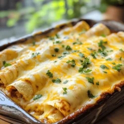 - Cooked chicken - Black beans - Corn kernels - Enchilada sauce For this easy chicken enchiladas recipe, you will need some basic ingredients. Start with cooked chicken. You can use leftover chicken or quickly cook some. Next, add black beans. Make sure they are rinsed and drained. Corn kernels add sweetness and texture. You can use fresh, frozen, or canned corn. Finally, use enchilada sauce. You can buy it at the store or make your own. - Shredded cheese - Fresh cilantro - Sour cream for serving While the main ingredients make a great dish, optional ingredients can enhance it. Shredded cheese adds richness. I recommend Cheddar or Monterey Jack. Fresh cilantro gives a bright flavor. You can sprinkle it on top before serving. Lastly, sour cream adds creaminess. Serve it on the side for those who want it. - Mixing bowl - Baking dish - Aluminum foil You will need some simple tools to make this dish. A mixing bowl helps combine the filling. Use a baking dish to hold your enchiladas while they bake. Finally, aluminum foil keeps them covered in the oven. This ensures even cooking and helps the cheese melt perfectly. For the full recipe, check out the details above. First, preheat your oven to 375°F (190°C). This step warms the oven for perfect cooking. While it heats, prepare your ingredients. Gather the following items: - 2 cups cooked chicken, shredded - 1 cup black beans, rinsed and drained - 1 cup corn kernels - 1 teaspoon ground cumin - 1 teaspoon chili powder - ½ teaspoon garlic powder - 8 small flour tortillas - 2 cups enchilada sauce - 1 cup shredded cheese - ¼ cup fresh cilantro, chopped In a large bowl, mix the shredded chicken, black beans, corn, cumin, chili powder, and garlic powder. Stir well until all ingredients blend together. This filling is the heart of your enchiladas. It packs flavor and protein into each bite. Now it's time to fill your tortillas. Take one tortilla and lay it flat. Spoon about ½ cup of the chicken mixture in the center. Roll the tortilla tightly around the filling. Make sure to seal the ends well. Place it seam-side down in a 9x13 inch baking dish. Repeat this for all tortillas. Next, pour the remaining enchilada sauce evenly over the rolled tortillas. Sprinkle the shredded cheese on top. This layer of cheese melts beautifully during baking. Cover the dish with aluminum foil. Place it in the preheated oven to bake for 20 minutes. After this, carefully remove the foil and bake for an additional 10 minutes. The cheese should be bubbly and golden. After baking, let the dish cool for a few minutes. Garnish with fresh cilantro for a tasty finish. Serve warm and enjoy your delicious chicken enchiladas! For the complete process, check the Full Recipe. To make great enchiladas, start by ensuring even filling distribution. Use a measuring cup to scoop the filling. Aim for about half a cup per tortilla. This way, each bite has a good mix of flavors. When rolling tortillas, keep them warm. This helps them stay soft and flexible. If they cool, they may crack. Place your tortilla on a flat surface and add the filling in the center. Roll it tightly, tucking in the ends as you go. This keeps everything inside. You can adjust the spice levels to fit your taste. If you like heat, add more chili powder or some diced jalapeños. For milder enchiladas, reduce the spices a bit. Using homemade sauce can boost flavor. You can control the heat and ingredients. However, store-bought sauces save time and still taste great. Choose one with good reviews for the best results. For serving, you can keep enchiladas in the baking dish. It looks homey and inviting. If you want to impress guests, use a colorful platter. Drizzle extra sauce over the top for a nice touch. Garnishing adds appeal. A sprinkle of fresh cilantro brightens the dish. You can also add a dollop of sour cream for creaminess. These small details can elevate your enchiladas to a new level. Enjoy your meal! {{image_4}} If you want a vegetarian option, swap the chicken for beans or lentils. You can mix in sautéed spinach or mushrooms for more flavor. Use gluten-free tortillas to make this dish safe for those with gluten sensitivities. Many brands offer great-tasting gluten-free tortillas that hold up well. When it comes to cheese, you have options! Try using a blend of Cheddar and Monterey Jack for a creamy texture. You can also use pepper jack for a spicy kick. For added crunch, toss in diced bell peppers or zucchini into your filling. These veggies not only add texture but also boost the dish’s nutrition. The choice between red and green enchilada sauce can change the dish's flavor. Red sauce gives a rich and bold taste, while green sauce offers a tangy zest. You can also add toppings like sour cream or guacamole for creaminess. These additions enhance the flavors and make each bite more enjoyable. For the full recipe, check back on the earlier sections! After you make your easy chicken enchiladas, store any leftovers properly. To refrigerate, place the enchiladas in an airtight container. They will stay fresh for about four days. You can also freeze them for longer storage. For freezing, wrap the enchiladas tightly in plastic wrap and then place them in a freezer-safe bag. This helps prevent freezer burn. When it's time to enjoy your leftover enchiladas, you want them warm and tasty. The best method for reheating is to use an oven. Preheat your oven to 350°F (175°C). Place the enchiladas in a baking dish and cover them with foil to keep them moist. Heat for about 20 minutes or until they are hot throughout. You can also use a microwave, but they may lose some texture. You can keep refrigerated chicken enchiladas for up to four days. If you freeze them, they can last for about three months. Check for signs of spoilage before eating. If you see any mold or if they smell off, it is best to throw them away. Enjoying your enchiladas fresh will always taste best. You can use many options instead of chicken. Some great alternatives are: - Ground turkey or beef - Shredded pork - Tofu or tempeh - Black beans or lentils These choices keep the dish tasty and fun. You can mix and match proteins to suit your taste. Try different spices to enhance the flavors! Yes, you can make enchiladas ahead of time. Here are some tips: - Prepare the filling and assemble the enchiladas. - Cover them tightly with foil and store in the fridge for up to 24 hours. - Bake them right before serving. Just add a few extra minutes to the baking time. This method saves time and lets you enjoy more moments with family and friends. Enchiladas are great with many side dishes. Here are some tasty ideas: - Spanish rice or cilantro lime rice - Refried beans or black bean salad - Fresh guacamole or salsa - A simple green salad with lime dressing These sides add color and flavor to your meal. They balance the richness of the enchiladas while keeping it fun and fresh. Enjoy the full recipe to make your meal complete! In this blog post, we explored how to make delicious enchiladas. We covered essential ingredients like chicken, beans, and enchilada sauce. I also shared tips for perfecting your filling and enhancing flavors. You learned about dietary options, storage practices, and serving ideas. Remember, making enchiladas can be fun and rewarding. You can personalize them to fit your taste. Enjoy your cooking adventure, and don't hesitate to try new flavors and styles!
