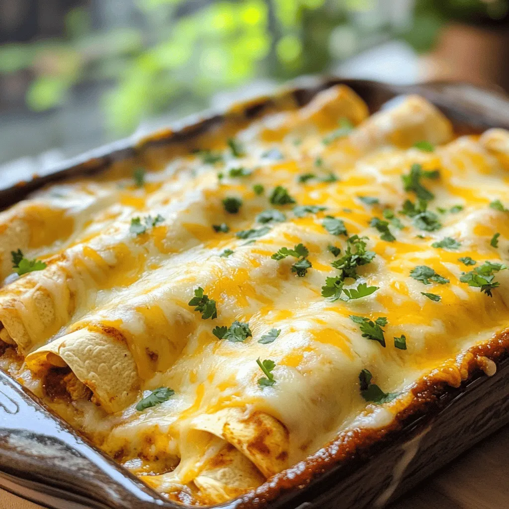 - Cooked chicken - Black beans - Corn kernels - Enchilada sauce For this easy chicken enchiladas recipe, you will need some basic ingredients. Start with cooked chicken. You can use leftover chicken or quickly cook some. Next, add black beans. Make sure they are rinsed and drained. Corn kernels add sweetness and texture. You can use fresh, frozen, or canned corn. Finally, use enchilada sauce. You can buy it at the store or make your own. - Shredded cheese - Fresh cilantro - Sour cream for serving While the main ingredients make a great dish, optional ingredients can enhance it. Shredded cheese adds richness. I recommend Cheddar or Monterey Jack. Fresh cilantro gives a bright flavor. You can sprinkle it on top before serving. Lastly, sour cream adds creaminess. Serve it on the side for those who want it. - Mixing bowl - Baking dish - Aluminum foil You will need some simple tools to make this dish. A mixing bowl helps combine the filling. Use a baking dish to hold your enchiladas while they bake. Finally, aluminum foil keeps them covered in the oven. This ensures even cooking and helps the cheese melt perfectly. For the full recipe, check out the details above. First, preheat your oven to 375°F (190°C). This step warms the oven for perfect cooking. While it heats, prepare your ingredients. Gather the following items: - 2 cups cooked chicken, shredded - 1 cup black beans, rinsed and drained - 1 cup corn kernels - 1 teaspoon ground cumin - 1 teaspoon chili powder - ½ teaspoon garlic powder - 8 small flour tortillas - 2 cups enchilada sauce - 1 cup shredded cheese - ¼ cup fresh cilantro, chopped In a large bowl, mix the shredded chicken, black beans, corn, cumin, chili powder, and garlic powder. Stir well until all ingredients blend together. This filling is the heart of your enchiladas. It packs flavor and protein into each bite. Now it's time to fill your tortillas. Take one tortilla and lay it flat. Spoon about ½ cup of the chicken mixture in the center. Roll the tortilla tightly around the filling. Make sure to seal the ends well. Place it seam-side down in a 9x13 inch baking dish. Repeat this for all tortillas. Next, pour the remaining enchilada sauce evenly over the rolled tortillas. Sprinkle the shredded cheese on top. This layer of cheese melts beautifully during baking. Cover the dish with aluminum foil. Place it in the preheated oven to bake for 20 minutes. After this, carefully remove the foil and bake for an additional 10 minutes. The cheese should be bubbly and golden. After baking, let the dish cool for a few minutes. Garnish with fresh cilantro for a tasty finish. Serve warm and enjoy your delicious chicken enchiladas! For the complete process, check the Full Recipe. To make great enchiladas, start by ensuring even filling distribution. Use a measuring cup to scoop the filling. Aim for about half a cup per tortilla. This way, each bite has a good mix of flavors. When rolling tortillas, keep them warm. This helps them stay soft and flexible. If they cool, they may crack. Place your tortilla on a flat surface and add the filling in the center. Roll it tightly, tucking in the ends as you go. This keeps everything inside. You can adjust the spice levels to fit your taste. If you like heat, add more chili powder or some diced jalapeños. For milder enchiladas, reduce the spices a bit. Using homemade sauce can boost flavor. You can control the heat and ingredients. However, store-bought sauces save time and still taste great. Choose one with good reviews for the best results. For serving, you can keep enchiladas in the baking dish. It looks homey and inviting. If you want to impress guests, use a colorful platter. Drizzle extra sauce over the top for a nice touch. Garnishing adds appeal. A sprinkle of fresh cilantro brightens the dish. You can also add a dollop of sour cream for creaminess. These small details can elevate your enchiladas to a new level. Enjoy your meal! {{image_4}} If you want a vegetarian option, swap the chicken for beans or lentils. You can mix in sautéed spinach or mushrooms for more flavor. Use gluten-free tortillas to make this dish safe for those with gluten sensitivities. Many brands offer great-tasting gluten-free tortillas that hold up well. When it comes to cheese, you have options! Try using a blend of Cheddar and Monterey Jack for a creamy texture. You can also use pepper jack for a spicy kick. For added crunch, toss in diced bell peppers or zucchini into your filling. These veggies not only add texture but also boost the dish’s nutrition. The choice between red and green enchilada sauce can change the dish's flavor. Red sauce gives a rich and bold taste, while green sauce offers a tangy zest. You can also add toppings like sour cream or guacamole for creaminess. These additions enhance the flavors and make each bite more enjoyable. For the full recipe, check back on the earlier sections! After you make your easy chicken enchiladas, store any leftovers properly. To refrigerate, place the enchiladas in an airtight container. They will stay fresh for about four days. You can also freeze them for longer storage. For freezing, wrap the enchiladas tightly in plastic wrap and then place them in a freezer-safe bag. This helps prevent freezer burn. When it's time to enjoy your leftover enchiladas, you want them warm and tasty. The best method for reheating is to use an oven. Preheat your oven to 350°F (175°C). Place the enchiladas in a baking dish and cover them with foil to keep them moist. Heat for about 20 minutes or until they are hot throughout. You can also use a microwave, but they may lose some texture. You can keep refrigerated chicken enchiladas for up to four days. If you freeze them, they can last for about three months. Check for signs of spoilage before eating. If you see any mold or if they smell off, it is best to throw them away. Enjoying your enchiladas fresh will always taste best. You can use many options instead of chicken. Some great alternatives are: - Ground turkey or beef - Shredded pork - Tofu or tempeh - Black beans or lentils These choices keep the dish tasty and fun. You can mix and match proteins to suit your taste. Try different spices to enhance the flavors! Yes, you can make enchiladas ahead of time. Here are some tips: - Prepare the filling and assemble the enchiladas. - Cover them tightly with foil and store in the fridge for up to 24 hours. - Bake them right before serving. Just add a few extra minutes to the baking time. This method saves time and lets you enjoy more moments with family and friends. Enchiladas are great with many side dishes. Here are some tasty ideas: - Spanish rice or cilantro lime rice - Refried beans or black bean salad - Fresh guacamole or salsa - A simple green salad with lime dressing These sides add color and flavor to your meal. They balance the richness of the enchiladas while keeping it fun and fresh. Enjoy the full recipe to make your meal complete! In this blog post, we explored how to make delicious enchiladas. We covered essential ingredients like chicken, beans, and enchilada sauce. I also shared tips for perfecting your filling and enhancing flavors. You learned about dietary options, storage practices, and serving ideas. Remember, making enchiladas can be fun and rewarding. You can personalize them to fit your taste. Enjoy your cooking adventure, and don't hesitate to try new flavors and styles!