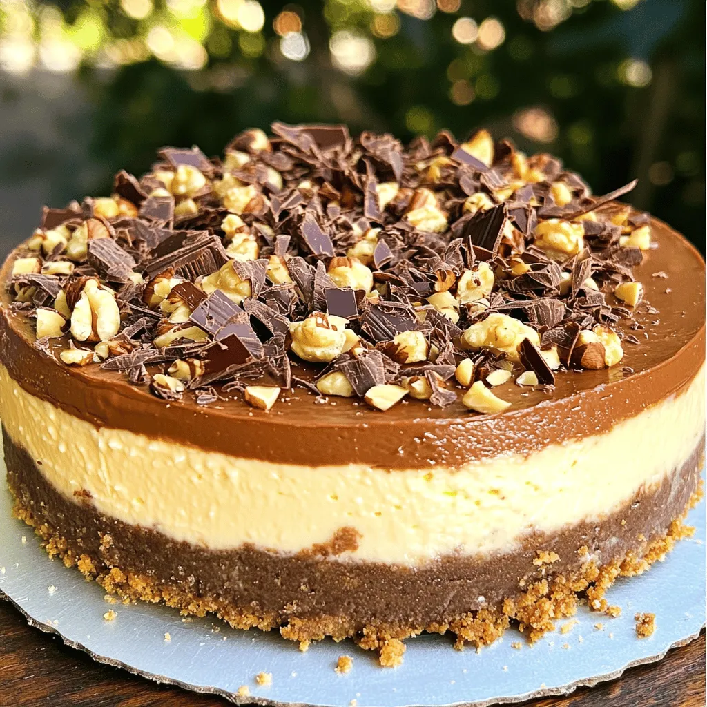 To make this delightful cheesecake, you need a few key ingredients. Here’s what you will need: - 1 ½ cups graham cracker crumbs - ½ cup unsalted butter, melted - 2 cups cream cheese, softened - 1 cup Nutella - 1 cup powdered sugar - 1 teaspoon vanilla extract - 1 cup heavy whipping cream - Chocolate shavings (for garnish) - Chopped hazelnuts (for garnish) These ingredients create a rich, creamy, and sweet dessert. The graham cracker crust gives a nice crunch, while Nutella adds that famous chocolate-hazelnut flavor. You will need some basic kitchen tools to make this cheesecake. Here’s a list to help you get started: - 9-inch springform pan - Mixing bowls - Electric mixer - Spatula - Measuring cups and spoons - Plastic wrap These tools make the process easy and fun. The springform pan helps you release the cheesecake without mess. If you have dietary needs, there are easy swaps for this recipe. Here are some suggestions: - For gluten-free: Use gluten-free graham cracker crumbs. - For dairy-free: Use a dairy-free cream cheese and coconut cream instead of heavy cream. - For a lower sugar option: Substitute powdered sugar with a sugar alternative. These substitutions help everyone enjoy this dessert without worry. The flavors will still shine through, making it a treat for all! To start, grab a medium bowl. Combine 1 ½ cups of graham cracker crumbs with ½ cup of melted unsalted butter. Mix them well until the crumbs are coated. This mixture should stick together slightly. Press it firmly into the bottom of a 9-inch springform pan. You want an even layer. After that, place the pan in the fridge while you make the filling. This helps the crust firm up. Now, take a large mixing bowl. Beat 2 cups of softened cream cheese with an electric mixer. Mix until it is smooth and creamy. Slowly add 1 cup of Nutella, 1 cup of powdered sugar, and 1 teaspoon of vanilla extract. Keep mixing on medium speed until everything blends well. The mixture should be smooth and creamy with no lumps. In a separate bowl, pour in 1 cup of heavy whipping cream. Use a mixer to whip the cream until stiff peaks form. This means when you lift the mixer, the cream stands tall. Then, gently fold this whipped cream into the Nutella mixture. Use a spatula and fold slowly. This keeps the mixture light and fluffy. Be careful not to deflate the whipped cream. Next, pour the Nutella cheesecake filling over your chilled crust. Spread it evenly using a spatula. Make sure the top is smooth. Cover the springform pan tightly with plastic wrap. Place it in the fridge for at least 4 hours, but overnight is best. This helps the cheesecake set up. When it's ready, remove it from the pan and garnish with chocolate shavings and chopped hazelnuts. Enjoy your delicious treat! For the complete recipe, check out the Full Recipe. To get the best texture for your no-bake Nutella cheesecake, focus on beating the cream cheese well. Start with softened cream cheese; this helps it mix smoothly. When you add Nutella and powdered sugar, mix until it is creamy and smooth. For the whipped cream, whip until stiff peaks form. This step adds air and lightness, making the cheesecake fluffy. Gently fold the whipped cream into the Nutella mix. This keeps the air in and avoids a dense cake. Presentation is key to impressing your guests. First, use a sharp knife to slice the cheesecake neatly. Wipe the knife with a damp cloth between cuts for clean edges. When serving, place a slice on a dessert plate. Drizzle some Nutella or chocolate sauce over the top for a rich touch. Add a sprinkle of chopped hazelnuts and chocolate shavings for a crunchy contrast. This not only looks great but adds extra flavor, making each bite delightful. One common mistake is not chilling the cheesecake long enough. Make sure to refrigerate it for at least 4 hours, or overnight if possible. This helps the cheesecake set properly. Another mistake is overmixing the whipped cream. If you mix it too long, the cream can turn grainy. Also, avoid using cold cream cheese. Cold cheese doesn't blend well and can leave lumps. By avoiding these mistakes, you ensure a smooth, creamy cheesecake that everyone will love. {{image_4}} You can mix it up with different flavors in your cheesecake. Try using peanut butter instead of Nutella for a nutty twist. You can also add crushed berries like strawberries or raspberries for a fruity taste. If you want something tropical, use coconut cream and a little bit of pineapple. Each of these changes will give your cheesecake a fresh and unique flavor. Making this cheesecake gluten-free is simple. Just swap the graham cracker crumbs for gluten-free cookies or almond flour. For a dairy-free version, use a dairy-free cream cheese and coconut cream instead of heavy cream. This way, you can enjoy a tasty treat that fits your dietary needs. Toppings can take your cheesecake to the next level. Sprinkle chocolate shavings on top for a rich look. You can also add fresh fruit like strawberries or bananas for color and taste. Chopped nuts like hazelnuts or almonds add a nice crunch. Drizzling some caramel or chocolate sauce on top makes it extra special. Each of these toppings adds a new layer of flavor and fun to your no-bake Nutella cheesecake. Don't forget to check out the Full Recipe for more tips! To keep your no-bake Nutella cheesecake fresh, store it in the fridge. Place slices in an airtight container. If you have a whole cheesecake left, cover the springform pan tightly with plastic wrap. This helps retain moisture and flavor. Avoid stacking other foods on top, as it can cause dents. No-bake cheesecake can last up to five days in the fridge. After that, it may lose its great taste and texture. Always check for any off smells or changes in color before eating. If it looks or smells strange, it's best to toss it. Freezing your no-bake cheesecake is a great option if you want to store it longer. First, let it chill completely in the fridge. Then, wrap it tightly in plastic wrap and then in aluminum foil. This will protect it from freezer burn. You can freeze it for up to two months. When you're ready, thaw it in the fridge overnight before serving. Don't forget to check out the full recipe for all the details! Yes, you can use mascarpone or ricotta cheese instead of cream cheese. These cheeses offer a different taste and texture. Mascarpone gives a richer flavor, while ricotta adds a lightness. Just remember, the cheesecake will change slightly in flavor and creaminess. The cheesecake is set when it feels firm to the touch. You should also see it pull away slightly from the pan edges. After chilling for at least four hours, check for a smooth surface. If it jiggles in the center, it needs more time. You can serve this cheesecake with a drizzle of warm Nutella on top. Add fresh fruits like strawberries or raspberries for a bright touch. For crunch, sprinkle extra chopped hazelnuts or chocolate shavings. Serve slices on dessert plates for a fancy look. Check out the Full Recipe for more ideas! You can now make a delicious no-bake Nutella cheesecake with ease. We covered key ingredients, necessary tools, and helpful substitutions for dietary needs. The step-by-step guide shows how to prepare the crust, make the creamy filling, and chill it just right. Remember the tips for texture, serving, and avoiding mistakes. You explored fun variations, storage tips, and answered common questions. With this knowledge, you can create a treat that delights everyone. Now, it's time to enjoy your homemade cheesecake and impress your friends and family.