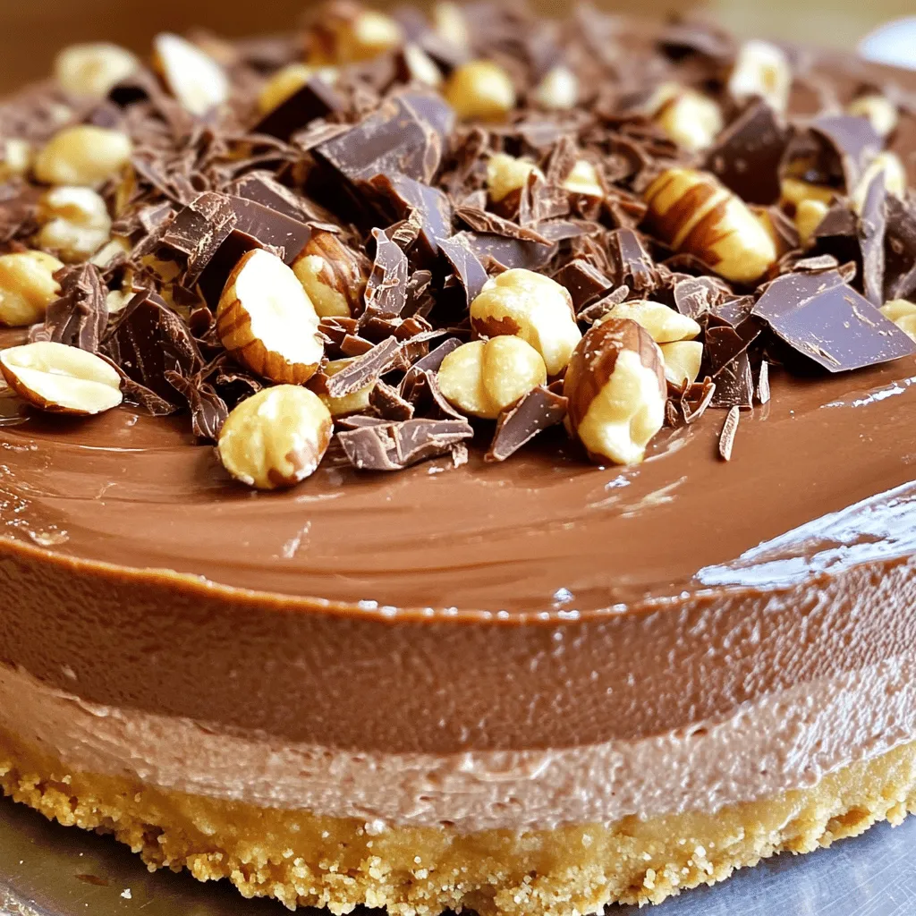 To make this delightful cheesecake, you need a few key ingredients. Here’s what you will need: - 1 ½ cups graham cracker crumbs - ½ cup unsalted butter, melted - 2 cups cream cheese, softened - 1 cup Nutella - 1 cup powdered sugar - 1 teaspoon vanilla extract - 1 cup heavy whipping cream - Chocolate shavings (for garnish) - Chopped hazelnuts (for garnish) These ingredients create a rich, creamy, and sweet dessert. The graham cracker crust gives a nice crunch, while Nutella adds that famous chocolate-hazelnut flavor. You will need some basic kitchen tools to make this cheesecake. Here’s a list to help you get started: - 9-inch springform pan - Mixing bowls - Electric mixer - Spatula - Measuring cups and spoons - Plastic wrap These tools make the process easy and fun. The springform pan helps you release the cheesecake without mess. If you have dietary needs, there are easy swaps for this recipe. Here are some suggestions: - For gluten-free: Use gluten-free graham cracker crumbs. - For dairy-free: Use a dairy-free cream cheese and coconut cream instead of heavy cream. - For a lower sugar option: Substitute powdered sugar with a sugar alternative. These substitutions help everyone enjoy this dessert without worry. The flavors will still shine through, making it a treat for all! To start, grab a medium bowl. Combine 1 ½ cups of graham cracker crumbs with ½ cup of melted unsalted butter. Mix them well until the crumbs are coated. This mixture should stick together slightly. Press it firmly into the bottom of a 9-inch springform pan. You want an even layer. After that, place the pan in the fridge while you make the filling. This helps the crust firm up. Now, take a large mixing bowl. Beat 2 cups of softened cream cheese with an electric mixer. Mix until it is smooth and creamy. Slowly add 1 cup of Nutella, 1 cup of powdered sugar, and 1 teaspoon of vanilla extract. Keep mixing on medium speed until everything blends well. The mixture should be smooth and creamy with no lumps. In a separate bowl, pour in 1 cup of heavy whipping cream. Use a mixer to whip the cream until stiff peaks form. This means when you lift the mixer, the cream stands tall. Then, gently fold this whipped cream into the Nutella mixture. Use a spatula and fold slowly. This keeps the mixture light and fluffy. Be careful not to deflate the whipped cream. Next, pour the Nutella cheesecake filling over your chilled crust. Spread it evenly using a spatula. Make sure the top is smooth. Cover the springform pan tightly with plastic wrap. Place it in the fridge for at least 4 hours, but overnight is best. This helps the cheesecake set up. When it's ready, remove it from the pan and garnish with chocolate shavings and chopped hazelnuts. Enjoy your delicious treat! For the complete recipe, check out the Full Recipe. To get the best texture for your no-bake Nutella cheesecake, focus on beating the cream cheese well. Start with softened cream cheese; this helps it mix smoothly. When you add Nutella and powdered sugar, mix until it is creamy and smooth. For the whipped cream, whip until stiff peaks form. This step adds air and lightness, making the cheesecake fluffy. Gently fold the whipped cream into the Nutella mix. This keeps the air in and avoids a dense cake. Presentation is key to impressing your guests. First, use a sharp knife to slice the cheesecake neatly. Wipe the knife with a damp cloth between cuts for clean edges. When serving, place a slice on a dessert plate. Drizzle some Nutella or chocolate sauce over the top for a rich touch. Add a sprinkle of chopped hazelnuts and chocolate shavings for a crunchy contrast. This not only looks great but adds extra flavor, making each bite delightful. One common mistake is not chilling the cheesecake long enough. Make sure to refrigerate it for at least 4 hours, or overnight if possible. This helps the cheesecake set properly. Another mistake is overmixing the whipped cream. If you mix it too long, the cream can turn grainy. Also, avoid using cold cream cheese. Cold cheese doesn't blend well and can leave lumps. By avoiding these mistakes, you ensure a smooth, creamy cheesecake that everyone will love. {{image_4}} You can mix it up with different flavors in your cheesecake. Try using peanut butter instead of Nutella for a nutty twist. You can also add crushed berries like strawberries or raspberries for a fruity taste. If you want something tropical, use coconut cream and a little bit of pineapple. Each of these changes will give your cheesecake a fresh and unique flavor. Making this cheesecake gluten-free is simple. Just swap the graham cracker crumbs for gluten-free cookies or almond flour. For a dairy-free version, use a dairy-free cream cheese and coconut cream instead of heavy cream. This way, you can enjoy a tasty treat that fits your dietary needs. Toppings can take your cheesecake to the next level. Sprinkle chocolate shavings on top for a rich look. You can also add fresh fruit like strawberries or bananas for color and taste. Chopped nuts like hazelnuts or almonds add a nice crunch. Drizzling some caramel or chocolate sauce on top makes it extra special. Each of these toppings adds a new layer of flavor and fun to your no-bake Nutella cheesecake. Don't forget to check out the Full Recipe for more tips! To keep your no-bake Nutella cheesecake fresh, store it in the fridge. Place slices in an airtight container. If you have a whole cheesecake left, cover the springform pan tightly with plastic wrap. This helps retain moisture and flavor. Avoid stacking other foods on top, as it can cause dents. No-bake cheesecake can last up to five days in the fridge. After that, it may lose its great taste and texture. Always check for any off smells or changes in color before eating. If it looks or smells strange, it's best to toss it. Freezing your no-bake cheesecake is a great option if you want to store it longer. First, let it chill completely in the fridge. Then, wrap it tightly in plastic wrap and then in aluminum foil. This will protect it from freezer burn. You can freeze it for up to two months. When you're ready, thaw it in the fridge overnight before serving. Don't forget to check out the full recipe for all the details! Yes, you can use mascarpone or ricotta cheese instead of cream cheese. These cheeses offer a different taste and texture. Mascarpone gives a richer flavor, while ricotta adds a lightness. Just remember, the cheesecake will change slightly in flavor and creaminess. The cheesecake is set when it feels firm to the touch. You should also see it pull away slightly from the pan edges. After chilling for at least four hours, check for a smooth surface. If it jiggles in the center, it needs more time. You can serve this cheesecake with a drizzle of warm Nutella on top. Add fresh fruits like strawberries or raspberries for a bright touch. For crunch, sprinkle extra chopped hazelnuts or chocolate shavings. Serve slices on dessert plates for a fancy look. Check out the Full Recipe for more ideas! You can now make a delicious no-bake Nutella cheesecake with ease. We covered key ingredients, necessary tools, and helpful substitutions for dietary needs. The step-by-step guide shows how to prepare the crust, make the creamy filling, and chill it just right. Remember the tips for texture, serving, and avoiding mistakes. You explored fun variations, storage tips, and answered common questions. With this knowledge, you can create a treat that delights everyone. Now, it's time to enjoy your homemade cheesecake and impress your friends and family.