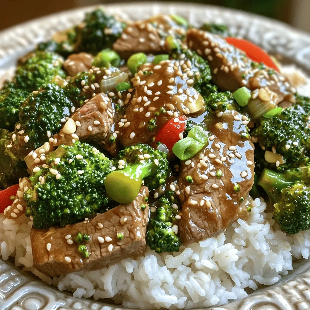 - 1 pound flank steak, thinly sliced against the grain - 2 cups fresh broccoli florets - 1 red bell pepper, thinly sliced - 1/4 cup low-sodium soy sauce - 2 tablespoons oyster sauce - 1 tablespoon cornstarch - 2 cloves garlic, finely minced - 1 inch fresh ginger, grated - 1 tablespoon sesame oil - 2 tablespoons vegetable oil - Cooked white rice or quinoa, for serving - Sesame seeds and thinly sliced green onions, for garnish When you gather these ingredients, you set the stage for a great meal. The flank steak adds a tender bite. Fresh broccoli brings a crisp texture. The red bell pepper adds a splash of color and sweetness. For the marinade, I love using low-sodium soy sauce. It gives flavor without too much salt. The oyster sauce adds a rich depth. Cornstarch helps to make the beef tender and gives a nice glaze. The garlic and ginger are key flavor boosters. They add warmth and spice. Sesame oil adds a nutty finish. Vegetable oil is perfect for high-heat cooking. For serving, I recommend cooked white rice or quinoa. They soak up the sauce well. Garnish with sesame seeds and green onions for a fresh touch. Check out the Full Recipe to see how all these ingredients come together! To start, we need to marinate the flank steak. Take 1 pound of thinly sliced flank steak and place it in a medium bowl. Pour in 1/4 cup of low-sodium soy sauce, 2 tablespoons of oyster sauce, and 1 tablespoon of cornstarch. Mix well to coat the beef evenly. This step is key for adding flavor. Let the steak marinate for 15-20 minutes. This time allows the beef to absorb all those delicious flavors. Next, we will blanch the broccoli. In a pot, bring water to a boil. Add 2 cups of fresh broccoli florets and let them cook for 1-2 minutes. This quick cooking makes the broccoli bright green and tender. Then, transfer the broccoli to a bowl filled with ice water. This stops the cooking and keeps the color vibrant. It also helps maintain a nice crunch. Now, it's time to cook! Heat 1 tablespoon of vegetable oil in a large wok over medium-high heat. Once the oil shimmers, add the marinated beef in a single layer. Sear the beef for 2-3 minutes until it turns a nice brown color. Then stir-fry for another 2 minutes until fully cooked. Remove the beef and set it aside. In the same wok, add another tablespoon of vegetable oil. Add 2 cloves of minced garlic and 1 inch of grated ginger. Sauté for about 30 seconds until they release their aroma. Next, toss in the sliced red bell pepper. Stir-fry for about 2 minutes, keeping it slightly crunchy. Finally, return the beef and add the blanched broccoli. Gently toss all the ingredients together to combine. For the last step, drizzle 1 tablespoon of sesame oil over the stir-fry. Stir well for 1-2 minutes until everything is heated through. This oil adds a nutty flavor that ties the dish together. Serve the stir-fry warm over cooked white rice or quinoa. Garnish with sesame seeds and thinly sliced green onions. This adds a great look and extra flavor. For the full recipe, check out the [Full Recipe]. Marination is key to great flavor. I recommend marinating the beef for at least 15-20 minutes. This gives it time to soak in the soy sauce and oyster sauce. You should also balance the sauces well. A mix of salty and sweet flavors makes the dish shine. Stir-frying is all about high heat and quick cooking. Use a wok or a large skillet for the best results. Heat your pan until it is hot but not smoking. This helps cook the beef quickly and keeps it tender. Stir constantly to ensure even cooking and prevent burning. A beautiful dish is just as important as good taste. Serve your stir-fry in shallow bowls or on a large platter. This allows the colors of the beef and broccoli to pop. For a final touch, sprinkle sesame seeds and green onions on top. They add flavor and make the dish look inviting. For the complete recipe, refer to the Full Recipe section. {{image_4}} You can swap beef for chicken or tofu. Chicken thighs work well, too. Just slice it thin, like the beef. If you use chicken, cook it for about 5-6 minutes until it’s done. Tofu needs a bit more time to brown, so aim for 4-5 minutes on each side. This way, you get that lovely crisp texture. Feel free to change up the veggies! Carrots, snap peas, or bell peppers add nice crunch. You can also use baby corn or mushrooms for different flavors. In summer, zucchini or asparagus can shine in this dish. Winter brings great options too, like bok choy or Brussels sprouts. Always pick fresh, in-season veggies for the best taste. If you need gluten-free options, use tamari instead of soy sauce. This keeps the flavor without the gluten. You can also replace the oyster sauce with a homemade mix of mushroom sauce and a bit of sugar. For low-carb choices, skip the rice and serve the stir-fry over cauliflower rice instead. This keeps it light and healthy while still being delicious. For the full recipe, check out the complete cooking guide. To keep your leftovers fresh, store them in airtight containers. This helps keep moisture in and air out. I recommend using glass containers. They are sturdy and do not retain odors. It’s best to let the stir-fry cool down first. Then, transfer it to the container. Store it in the fridge for up to three days. If you want to freeze your stir-fry, cool it completely first. Place it in freezer-safe bags or containers. Remove as much air as you can to prevent freezer burn. You can freeze it for up to three months. To thaw, place it in the fridge overnight. For reheating, a microwave works well. You can also use a pan on low heat. Just add a splash of water to keep it moist. In the fridge, your beef and broccoli stir-fry lasts about three days. If you notice any off smells or slimy textures, it’s best to toss it. Fresh food should always smell good and look vibrant. Trust your senses; they are your best guide! To make beef tender, slice the flank steak thinly against the grain. This helps break down tough fibers. Marinate the beef for at least 15-20 minutes. Use low-sodium soy sauce and oyster sauce for flavor. The cornstarch in the marinade helps create a nice texture. Yes, you can add more veggies! Bell peppers, snap peas, or carrots work great. You can also use mushrooms or zucchini. Just remember to cut them into small pieces to cook evenly. Adding colorful veggies makes the dish more appealing. You can serve this dish with cooked white rice or quinoa. Both options soak up the sauce well. You can also serve it with noodles for a different taste. To add crunch, try serving it with spring rolls on the side. Yes, this recipe is kid-friendly! The beef and broccoli have a mild flavor. You can cut the beef into smaller pieces for easier eating. Kids often enjoy the colorful vegetables, too. If your child likes a sweeter taste, you can add a little sugar to the sauce. To make a spicy version, add red pepper flakes or chili oil to the stir-fry. You can also use sriracha sauce for a flavor boost. Start with a small amount, then taste as you go. This way, you get the heat you like without overwhelming the dish. For the full recipe, check the section above. This recipe for beef and broccoli stir-fry is simple and rewarding. You learned about the main ingredients, like flank steak and fresh veggies. Marinating the beef and cooking it right brings great flavor. Try alternatives like chicken or tofu for variety. Don't forget the tips on storage and serving. Enjoy your stir-fry and feel proud of your cooking skills!