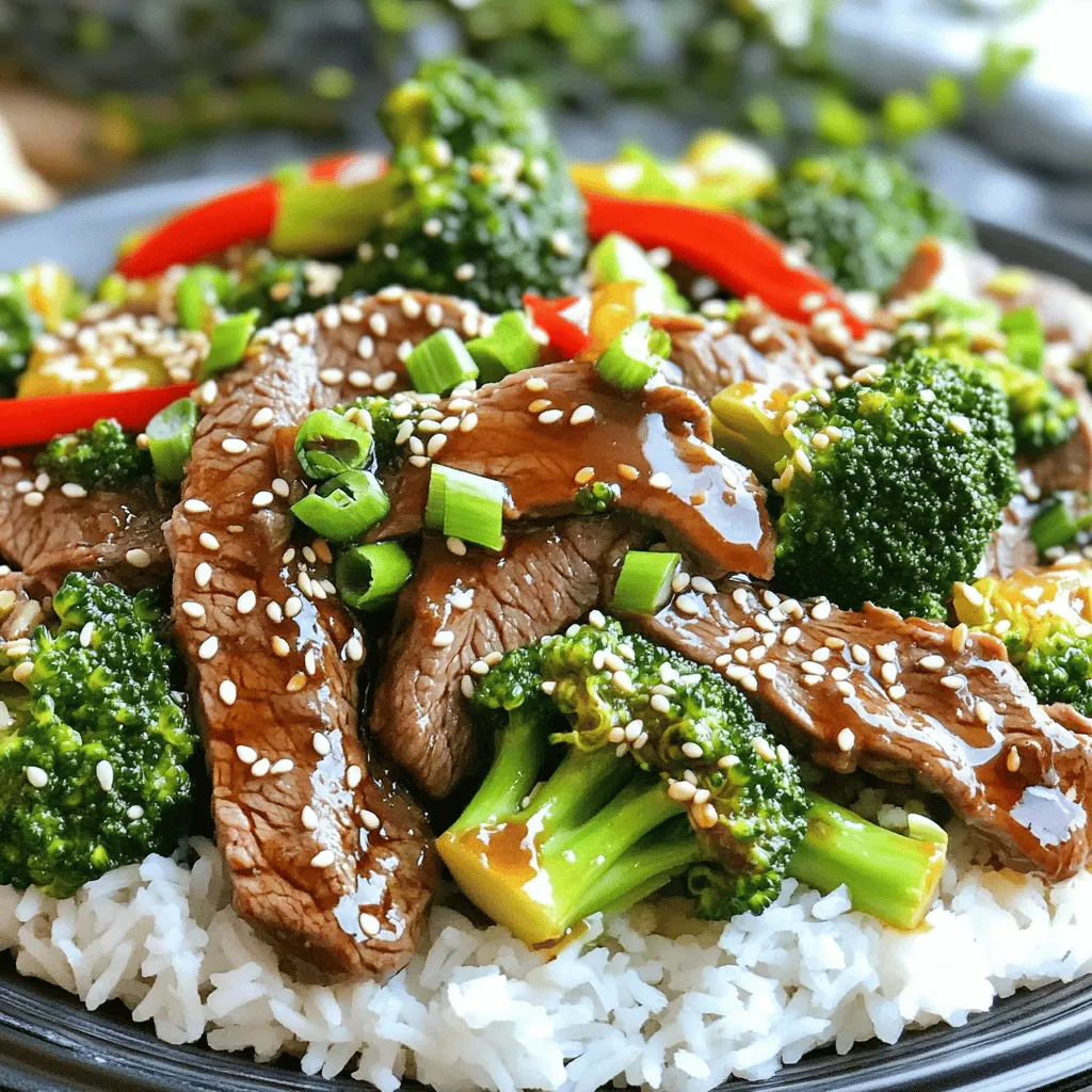 - 1 pound flank steak, thinly sliced against the grain - 2 cups fresh broccoli florets - 1 red bell pepper, thinly sliced - 1/4 cup low-sodium soy sauce - 2 tablespoons oyster sauce - 1 tablespoon cornstarch - 2 cloves garlic, finely minced - 1 inch fresh ginger, grated - 1 tablespoon sesame oil - 2 tablespoons vegetable oil - Cooked white rice or quinoa, for serving - Sesame seeds and thinly sliced green onions, for garnish When you gather these ingredients, you set the stage for a great meal. The flank steak adds a tender bite. Fresh broccoli brings a crisp texture. The red bell pepper adds a splash of color and sweetness. For the marinade, I love using low-sodium soy sauce. It gives flavor without too much salt. The oyster sauce adds a rich depth. Cornstarch helps to make the beef tender and gives a nice glaze. The garlic and ginger are key flavor boosters. They add warmth and spice. Sesame oil adds a nutty finish. Vegetable oil is perfect for high-heat cooking. For serving, I recommend cooked white rice or quinoa. They soak up the sauce well. Garnish with sesame seeds and green onions for a fresh touch. Check out the Full Recipe to see how all these ingredients come together! To start, we need to marinate the flank steak. Take 1 pound of thinly sliced flank steak and place it in a medium bowl. Pour in 1/4 cup of low-sodium soy sauce, 2 tablespoons of oyster sauce, and 1 tablespoon of cornstarch. Mix well to coat the beef evenly. This step is key for adding flavor. Let the steak marinate for 15-20 minutes. This time allows the beef to absorb all those delicious flavors. Next, we will blanch the broccoli. In a pot, bring water to a boil. Add 2 cups of fresh broccoli florets and let them cook for 1-2 minutes. This quick cooking makes the broccoli bright green and tender. Then, transfer the broccoli to a bowl filled with ice water. This stops the cooking and keeps the color vibrant. It also helps maintain a nice crunch. Now, it's time to cook! Heat 1 tablespoon of vegetable oil in a large wok over medium-high heat. Once the oil shimmers, add the marinated beef in a single layer. Sear the beef for 2-3 minutes until it turns a nice brown color. Then stir-fry for another 2 minutes until fully cooked. Remove the beef and set it aside. In the same wok, add another tablespoon of vegetable oil. Add 2 cloves of minced garlic and 1 inch of grated ginger. Sauté for about 30 seconds until they release their aroma. Next, toss in the sliced red bell pepper. Stir-fry for about 2 minutes, keeping it slightly crunchy. Finally, return the beef and add the blanched broccoli. Gently toss all the ingredients together to combine. For the last step, drizzle 1 tablespoon of sesame oil over the stir-fry. Stir well for 1-2 minutes until everything is heated through. This oil adds a nutty flavor that ties the dish together. Serve the stir-fry warm over cooked white rice or quinoa. Garnish with sesame seeds and thinly sliced green onions. This adds a great look and extra flavor. For the full recipe, check out the [Full Recipe]. Marination is key to great flavor. I recommend marinating the beef for at least 15-20 minutes. This gives it time to soak in the soy sauce and oyster sauce. You should also balance the sauces well. A mix of salty and sweet flavors makes the dish shine. Stir-frying is all about high heat and quick cooking. Use a wok or a large skillet for the best results. Heat your pan until it is hot but not smoking. This helps cook the beef quickly and keeps it tender. Stir constantly to ensure even cooking and prevent burning. A beautiful dish is just as important as good taste. Serve your stir-fry in shallow bowls or on a large platter. This allows the colors of the beef and broccoli to pop. For a final touch, sprinkle sesame seeds and green onions on top. They add flavor and make the dish look inviting. For the complete recipe, refer to the Full Recipe section. {{image_4}} You can swap beef for chicken or tofu. Chicken thighs work well, too. Just slice it thin, like the beef. If you use chicken, cook it for about 5-6 minutes until it’s done. Tofu needs a bit more time to brown, so aim for 4-5 minutes on each side. This way, you get that lovely crisp texture. Feel free to change up the veggies! Carrots, snap peas, or bell peppers add nice crunch. You can also use baby corn or mushrooms for different flavors. In summer, zucchini or asparagus can shine in this dish. Winter brings great options too, like bok choy or Brussels sprouts. Always pick fresh, in-season veggies for the best taste. If you need gluten-free options, use tamari instead of soy sauce. This keeps the flavor without the gluten. You can also replace the oyster sauce with a homemade mix of mushroom sauce and a bit of sugar. For low-carb choices, skip the rice and serve the stir-fry over cauliflower rice instead. This keeps it light and healthy while still being delicious. For the full recipe, check out the complete cooking guide. To keep your leftovers fresh, store them in airtight containers. This helps keep moisture in and air out. I recommend using glass containers. They are sturdy and do not retain odors. It’s best to let the stir-fry cool down first. Then, transfer it to the container. Store it in the fridge for up to three days. If you want to freeze your stir-fry, cool it completely first. Place it in freezer-safe bags or containers. Remove as much air as you can to prevent freezer burn. You can freeze it for up to three months. To thaw, place it in the fridge overnight. For reheating, a microwave works well. You can also use a pan on low heat. Just add a splash of water to keep it moist. In the fridge, your beef and broccoli stir-fry lasts about three days. If you notice any off smells or slimy textures, it’s best to toss it. Fresh food should always smell good and look vibrant. Trust your senses; they are your best guide! To make beef tender, slice the flank steak thinly against the grain. This helps break down tough fibers. Marinate the beef for at least 15-20 minutes. Use low-sodium soy sauce and oyster sauce for flavor. The cornstarch in the marinade helps create a nice texture. Yes, you can add more veggies! Bell peppers, snap peas, or carrots work great. You can also use mushrooms or zucchini. Just remember to cut them into small pieces to cook evenly. Adding colorful veggies makes the dish more appealing. You can serve this dish with cooked white rice or quinoa. Both options soak up the sauce well. You can also serve it with noodles for a different taste. To add crunch, try serving it with spring rolls on the side. Yes, this recipe is kid-friendly! The beef and broccoli have a mild flavor. You can cut the beef into smaller pieces for easier eating. Kids often enjoy the colorful vegetables, too. If your child likes a sweeter taste, you can add a little sugar to the sauce. To make a spicy version, add red pepper flakes or chili oil to the stir-fry. You can also use sriracha sauce for a flavor boost. Start with a small amount, then taste as you go. This way, you get the heat you like without overwhelming the dish. For the full recipe, check the section above. This recipe for beef and broccoli stir-fry is simple and rewarding. You learned about the main ingredients, like flank steak and fresh veggies. Marinating the beef and cooking it right brings great flavor. Try alternatives like chicken or tofu for variety. Don't forget the tips on storage and serving. Enjoy your stir-fry and feel proud of your cooking skills!