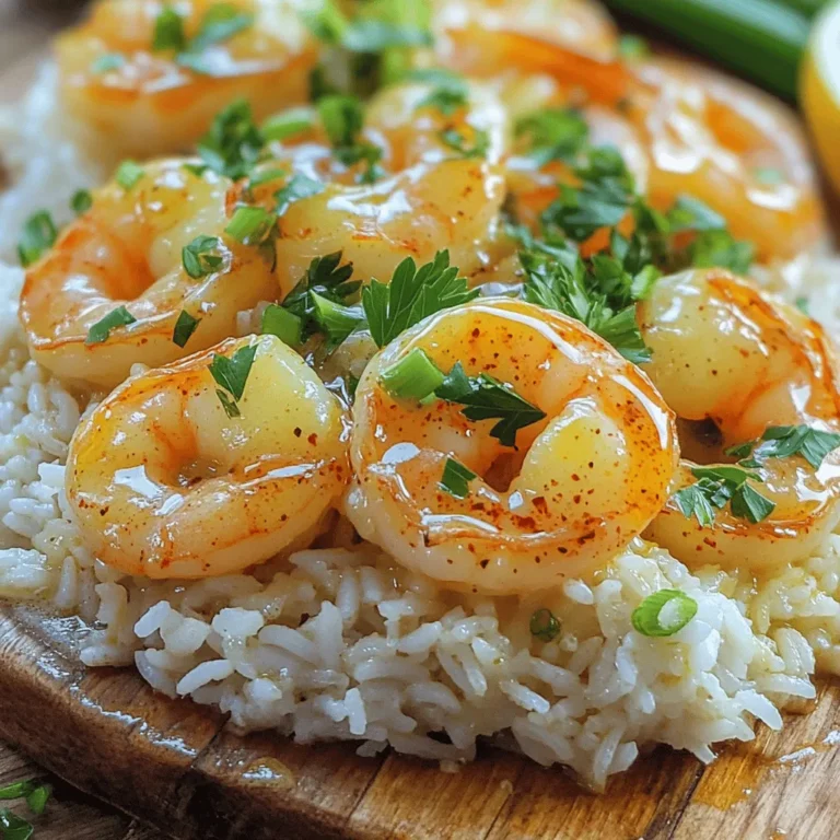 - 1 lb (450g) large shrimp, peeled and deveined - 1 cup jasmine rice - 4 tablespoons unsalted butter, divided - 4 cloves garlic, minced - 1 small onion, finely chopped - 1 cup chicken broth - 1 tablespoon fresh lemon juice - 1 teaspoon smoked paprika - Salt and black pepper to taste - 2 green onions, sliced (for garnish) - Fresh parsley, chopped (for garnish) When cooking, I recommend using these units: - Weight: pounds (lb) for shrimp - Volume: cups for rice and broth - Tablespoons: for butter and lemon juice - Teaspoon: for spices If you run out of something, here are some easy swaps: - Shrimp: Use scallops or chicken for a different flavor. - Rice: Any long grain rice works well, like basmati. - Butter: Olive oil can replace butter for a lighter dish. - Chicken broth: Vegetable broth keeps it tasty for vegetarians. - Fresh lemon juice: Lime juice adds a nice twist. - Smoked paprika: Regular paprika works if you don't have smoked. This dish offers flexibility, so don’t worry if you need to adjust! For the full recipe, check the detailed steps to create this delicious meal. To start, I grab a medium saucepan. I add 2 cups of water and a pinch of salt. I bring it to a rolling boil. When it’s boiling, I add 1 cup of jasmine rice. I reduce the heat to low, cover it, and let it simmer for 15 minutes. The rice will absorb all the water and become tender. After that, I remove the pot from heat. I let it rest, covered, for 5 more minutes. Finally, I fluff the rice with a fork. While the rice cooks, I prepare the garlic butter sauce. In a large skillet, I melt 2 tablespoons of butter over medium heat. Then, I add 4 cloves of minced garlic and 1 small finely chopped onion. I sauté them for about 3-4 minutes until the onion is soft and clear. This step fills the kitchen with a lovely aroma. The garlic and onion blend perfectly in the melted butter. Next, I focus on the shrimp. I take 1 pound of peeled and deveined shrimp. In a bowl, I season them with salt, black pepper, and 1 teaspoon of smoked paprika. I make sure they are well-coated for flavor. After that, I increase the skillet heat to medium-high. I add the shrimp and cook them for 2-3 minutes per side. They turn pink and opaque when done. I avoid crowding the shrimp; I cook them in batches if needed. Once cooked, I lower the heat and add the remaining 2 tablespoons of butter, 1 tablespoon of fresh lemon juice, and 1 cup of chicken broth. I stir everything well and let it simmer for 2-3 minutes. This creates a rich sauce. I then combine the shrimp with the rice, pouring the sauce over it. This dish is now ready to serve. You can find the Full Recipe for more details. To cook shrimp just right, use medium heat. High heat can burn them. When the shrimp turn pink, they are ready. Cook for about 2-3 minutes on each side. If you crowd the pan, shrimp may steam instead of sear. Cook in batches if needed for better results. You can boost flavor with a few simple tricks. Use fresh garlic and lemon juice for a bright taste. Smoked paprika adds warmth and depth. If you like heat, add red pepper flakes. Fresh herbs like parsley and green onions also bring freshness. Experiment with these flavors to find your perfect mix! Make your dish look amazing with simple plating tips. Start by creating a fluffy rice base on a large plate. Arrange the shrimp on top in a fan shape. Drizzle the garlic butter sauce over it for shine. Garnish with green onions and parsley for color. Add a lemon wedge for an extra pop! These steps make the dish inviting and fun to eat. For the full recipe, check the provided details. {{image_4}} You can make this dish even better by adding vegetables. Fresh veggies add color and nutrients. I love using bell peppers, snap peas, or spinach. Just chop them up and toss them in during the last few minutes of cooking. They will cook quickly and keep their crunch. This extra step makes the meal more filling and healthy. If you want to switch things up, try using different proteins. Chicken works great in this dish. Just cut it into small pieces and cook it until done. Tofu is another option for a vegetarian twist. Simply press and cube the tofu, then cook it in the garlic butter sauce until golden. Each protein brings a unique taste and texture. While jasmine rice is my go-to, you can use other types too. Brown rice gives a nutty flavor and is more wholesome. Quinoa is a fun option that adds protein and a nice crunch. Both alternatives change the dish while keeping it tasty. Just remember to adjust the cooking time based on the rice type. Check the [Full Recipe] for the best cooking methods. After you make Garlic Butter Shrimp and Rice, cool it down first. Place it in an airtight container. This helps keep it fresh. You can store it in the fridge for up to three days. Make sure to reheat it well before serving. If it looks or smells off, it's best to throw it away. You can freeze Garlic Butter Shrimp and Rice, but it's not my first choice. If you want to freeze it, let it cool completely. Then, use freezer-safe bags or containers. It can stay in the freezer for up to two months. When you're ready to eat, thaw it overnight in the fridge before reheating. To reheat, use a skillet for best results. Add a splash of chicken broth or water to avoid drying out. Heat on medium-low until warm. Stir frequently to ensure even heating. You can also use a microwave. If you choose this method, cover the dish and heat in short bursts, stirring in between. Enjoy your meal just like fresh! Yes, you can use frozen shrimp. Just thaw them first. Place the shrimp in a bowl of cold water. This helps them thaw faster. Change the water every 15 minutes. Once thawed, peel and devein if needed. Then, season them as the recipe shows. Garlic butter shrimp and rice pairs well with many sides. Here are some great options: - Steamed broccoli - Roasted asparagus - Mixed green salad - Garlic bread These sides add color and flavor to your meal. They also bring in more nutrients. Shrimp cook quickly. They are done when they turn pink and opaque. A good test is to look for a "C" shape. If the shrimp curl into a "C," they are done. Cook them just until they reach this point. Overcooking makes them tough. Enjoy your shrimp perfectly cooked! In this post, we covered the key steps to make Garlic Butter Shrimp and Rice. You learned about the ingredients, cooking methods, and tips for perfect flavor. I shared ways to store your dish and answered common questions. Cooking is fun and easy with these simple steps. Enjoy your tasty meal!