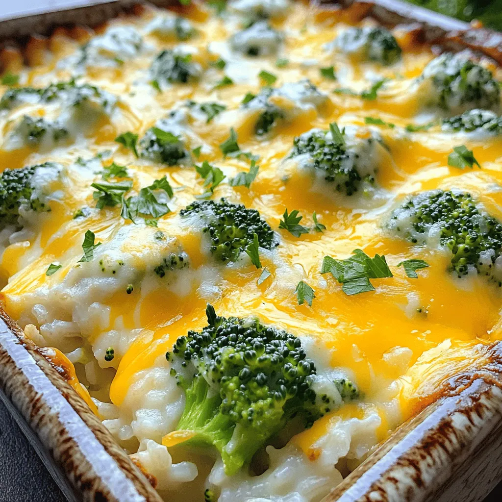 - 2 cups cooked rice (white or brown) - 2 cups fresh broccoli florets - 1 cup shredded sharp cheddar cheese - 1 cup shredded mozzarella cheese - 1 cup milk - 1 small onion, finely chopped - 2 cloves garlic, minced - 1/2 cup sour cream - 1 teaspoon Dijon mustard - 1 teaspoon salt - 1/2 teaspoon black pepper - 1/2 teaspoon paprika - 1/4 teaspoon cayenne pepper (optional) - 1/2 cup breadcrumbs - 2 tablespoons olive oil To make my cheesy broccoli rice casserole, I focus on fresh and simple ingredients. The key is to have a mix of creamy and cheesy flavors. The rice acts as a base, while the broccoli adds color and nutrition. I love using fresh broccoli florets because they stay crisp and bright. The cheeses I use are sharp cheddar and mozzarella. They melt perfectly and give the dish that gooey texture we all crave. The milk and sour cream make the casserole creamy. The Dijon mustard adds a slight tang that brightens the whole dish. For seasoning, I use salt, black pepper, paprika, and a touch of cayenne. Cayenne adds a little kick but is optional. Finally, breadcrumbs on top add crunch and contrast to the creamy filling. - Large pot for blanching broccoli - Mixing bowl - Casserole dish (9x13 inch) - Small bowl for breadcrumb topping Having the right tools makes the cooking process smooth. A large pot is great for blanching the broccoli. This keeps it vibrant and tender. A mixing bowl helps combine all the ingredients without a mess. I recommend using a 9x13 inch casserole dish. It gives enough space for everything to cook evenly. A small bowl is handy for mixing the breadcrumbs with olive oil before topping the casserole. For more details and techniques, check out the [Full Recipe]. - Set your oven to 350°F (175°C). This step is crucial for even cooking. - Boil water with a pinch of salt. Add the fresh broccoli florets and blanch for 2-3 minutes. This keeps them bright and crisp. Drain the broccoli and set it aside. - Heat 2 tablespoons of olive oil in a pot over medium heat. Add the finely chopped onion and minced garlic. Sauté until the onion is translucent, about 5 minutes. This step adds great flavor to your dish. - In a large mixing bowl, combine the cooked rice, blanched broccoli, sautéed onion and garlic, cheddar cheese, mozzarella cheese, milk, sour cream, Dijon mustard, salt, black pepper, paprika, and cayenne pepper if you like it spicy. Stir well until all ingredients are mixed evenly. - Grease a 9x13 inch casserole dish with cooking spray or a little olive oil. Pour the rice and broccoli mixture into the dish. Spread it out evenly for even baking. - Place the dish in the preheated oven. Bake for 25-30 minutes until the top is golden brown and the edges are bubbling. This gives you a crispy top and creamy inside. You can find the full recipe with more details in the earlier section. Enjoy the process of making this comforting dish! To make the best Cheesy Broccoli Rice Casserole, focus on a few key steps: - Ensure broccoli is crisp after blanching for texture. This keeps it bright green and crunchy. - Use freshly shredded cheese for better melt quality. Pre-shredded cheese often has anti-caking agents that affect melting. Presentation makes a big difference. After baking, garnish your casserole with chopped parsley or chives. This adds color and freshness to your dish. Serve your casserole hot. It pairs well with a fresh green salad or crusty bread. These sides balance the rich flavors and add texture. {{image_4}} You can boost your casserole with extra protein. Consider adding cooked chicken, ham, or tofu. These ingredients mix well with the rice and cheese. They also add flavor and texture. If you use chicken, make sure it’s shredded. For ham, diced pieces work best. Tofu should be firm and cubed for the right bite. This way, you make the dish heartier and more satisfying. If you want a vegetarian version, you can swap heavy cream. Use a plant-based milk alternative instead. Almond milk or oat milk works great. This keeps the dish creamy without the dairy. You can also add nutritional yeast for a cheesy flavor. It’s a simple change that still gives you rich taste. Cheese is key in this casserole. You can try different cheese blends to change the flavor. Pepper jack adds a kick, while gouda gives a smoky taste. Mixing cheeses can make your casserole unique and fun. I love using a mix of cheddar and mozzarella for the best melt. Feel free to experiment with your favorites. Each cheese choice will give your dish a new twist. For the full recipe, check the section above! Store leftovers in an airtight container in the refrigerator for up to 3 days. This keeps the casserole fresh and ready for a quick meal. Make sure to let it cool before sealing it up. This helps prevent moisture from building up inside, which can make your dish soggy. You can freeze the casserole in portions for easy reheating later. Just wrap each portion tightly in plastic wrap or foil. Place them in a freezer-safe bag, and consume within 2 months. This way, you’ll always have a delicious meal on hand for busy nights. To reheat, place the casserole in the oven at 350°F until heated through. This usually takes about 20-25 minutes. To keep it moist, add a splash of milk before covering it with foil. This will help the cheese melt nicely and keep the rice from drying out. Enjoy your warm and cheesy broccoli rice casserole again! Yes, you can prepare and assemble it a day before baking. Just cover the dish with plastic wrap and store it in the fridge. This way, you save time on busy days. When you are ready, just pop it in the oven. It comes out just as tasty! You can use quinoa or cauliflower rice for a low-carb option. Quinoa adds a nutty flavor and nice texture. Cauliflower rice is light and healthy. Both alternatives work well in this dish. To make it gluten-free, use gluten-free breadcrumbs. Check all other ingredients for gluten. Many brands offer gluten-free options for cheese and milk. This way, everyone can enjoy the dish! Absolutely! It stores well and reheats nicely, making it perfect for meal prep. You can divide leftovers into containers. They are easy to grab for lunch or dinner during the week. Enjoy tasty meals without the fuss! This blog post covered how to make a creamy Cheesy Broccoli Rice Casserole. You learned about the key ingredients, cooking steps, and tips for the best flavor and texture. I shared fun variations like adding proteins or different cheese types. Make it your own! This dish keeps well, too, perfect for meal prep. Enjoy serving it at dinner or a gathering. You’ll impress everyone with this simple and tasty recipe!