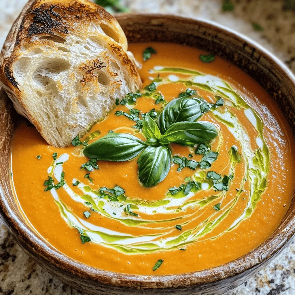 To make creamy tomato basil soup, gather these simple ingredients: - 2 tablespoons olive oil - 1 medium onion, finely diced - 2 cloves garlic, minced - 1 can (28 oz) crushed tomatoes - 1 cup vegetable broth - 1 teaspoon dried oregano - 1 teaspoon sugar - Salt and freshly ground black pepper, to taste - 1/2 cup heavy cream (or substitute with coconut cream for a vegan option) - 1/4 cup fresh basil, chopped (with extra leaves for garnish) - 1 tablespoon balsamic vinegar (optional for added flavor) You can easily swap some ingredients if you want. Here are some ideas: - Use coconut cream instead of heavy cream for a vegan version. - Swap fresh basil with dried basil if fresh isn't available. Use less, about 1 tablespoon. - If you want a spicier kick, add a pinch of red pepper flakes. - Use chicken broth instead of vegetable broth for a richer taste. - You can also add a splash of lemon juice for extra brightness. To make this soup, you’ll need a few basic tools: - A large pot for cooking - A wooden spoon for stirring - An immersion blender for smooth soup - A measuring cup and spoons for accuracy - A knife and cutting board for chopping - Bowls for serving These tools help you create a delicious bowl of creamy tomato basil soup with ease. The Full Recipe will guide you step-by-step through this process. This creamy tomato basil soup is easy to make. You will need simple ingredients. It takes about 30 minutes to prepare. This recipe serves four people. 1. Start by warming the olive oil in a large pot over medium heat. 2. Add the diced onion and sauté until soft and clear, about five minutes. 3. Next, stir in the minced garlic and cook for one more minute. 4. Pour in the crushed tomatoes and vegetable broth. 5. Add the dried oregano, sugar, salt, and pepper. Mix well. 6. Turn up the heat until the mixture gently boils. 7. Once it boils, lower the heat and let it simmer for about 20 minutes. 8. Stir the soup now and then to stop it from sticking. 9. After simmering, take the pot off the heat. To make the soup smooth, use an immersion blender. Blend until it looks creamy. If you do not have one, pour the soup in batches into a regular blender. Be sure to vent the lid to let steam out. Return the blended soup to the pot. Then, warm it on low heat. Stir in the heavy cream and fresh basil. Taste it and add more salt or pepper if needed. If you want a hint of sweetness, add balsamic vinegar. Now, your soup is ready to serve! For the full recipe, check out the detailed instructions above. To make your creamy tomato basil soup shine, focus on a few key techniques: - Use fresh herbs. Fresh basil offers a bright taste that dried can't match. - Add a splash of balsamic vinegar. This gives the soup a sweet depth. - Roast your tomatoes. If you use fresh, roasting them first brings out their natural sugars. Avoid these common pitfalls: - Don't skip the onion and garlic. They build a strong flavor base. - Be careful with salt. Start small and taste as you go. - Don't rush the simmering step. This melds the flavors together. Pair your soup with these delicious options: - Crusty bread adds a nice crunch. - A classic grilled cheese sandwich complements the flavors perfectly. - A simple green salad can balance the richness of the soup. These tips will elevate your creamy tomato basil soup to new heights! For the full recipe, check it out [here](#). {{image_4}} You can easily make this creamy soup vegan. Just swap heavy cream for coconut cream. This gives a nice, rich taste. You can also use plant-based milk for a lighter option. Almond or oat milk works well too. If you want to add creaminess, blend in some soaked cashews. It’s a great way to keep the soup smooth and rich without dairy. If you love heat, add some spice! Red pepper flakes are a quick choice. Just sprinkle a pinch while cooking. You can also use fresh jalapeños or serrano peppers. Chop them finely and sauté with the onion. For a smoky flavor, try adding a dash of smoked paprika. This will give your soup a nice kick. Change up your soup with seasonal ingredients! In summer, add fresh tomatoes instead of canned ones. They’ll add a burst of flavor. In fall, try adding roasted butternut squash for sweetness. You can also toss in some fresh spinach or kale for added greens. These adjustments keep your soup exciting and fresh all year round. For the complete recipe, check out the Full Recipe section. After enjoying your creamy tomato basil soup, you want to store leftovers correctly. Allow the soup to cool slightly before you transfer it to an airtight container. Make sure to leave some space at the top, as the soup may expand a little when it freezes. Seal the container tightly. This method helps keep the soup fresh and tasty. You can freeze creamy tomato basil soup for up to three months. To do this, pour the cooled soup into freezer-safe bags or containers. Label the bags with the date. Lay the bags flat in the freezer for easy stacking. When you're ready to eat, just thaw it in the fridge overnight. For the best taste, reheat the soup gently. You can do this on the stove over low heat. Stir often to avoid sticking. If the soup seems too thick, add a splash of water or broth to get the right texture. If you want to use a microwave, heat it in short bursts. Stir in between to heat evenly. Enjoy your creamy tomato basil soup warm and fresh! For complete guidance on making this soup, check out the Full Recipe! You can use coconut cream for a vegan choice. It gives a nice texture and flavor. You can also use half-and-half or whole milk for a lighter option. Both will change the creaminess but keep the soup tasty. This soup lasts about 4 to 5 days in the fridge. Store it in an airtight container to keep it fresh. Always check for any signs of spoilage before eating. Yes, you can make this soup ahead of time. It tastes even better the next day. Just reheat it gently on the stove before serving. For the best flavor, add fresh basil just before serving. For the full recipe, check out the earlier section. This blog post gave you all the tools to make a great soup. We covered key ingredients, step-by-step instructions, and tips to enhance flavor. I shared variations for different tastes and storage tips for leftovers. Remember, great soup comes from using fresh ingredients and avoiding common mistakes. With these insights, you can cook confidently. Embrace your creativity and enjoy every bowl. Happy cooking!