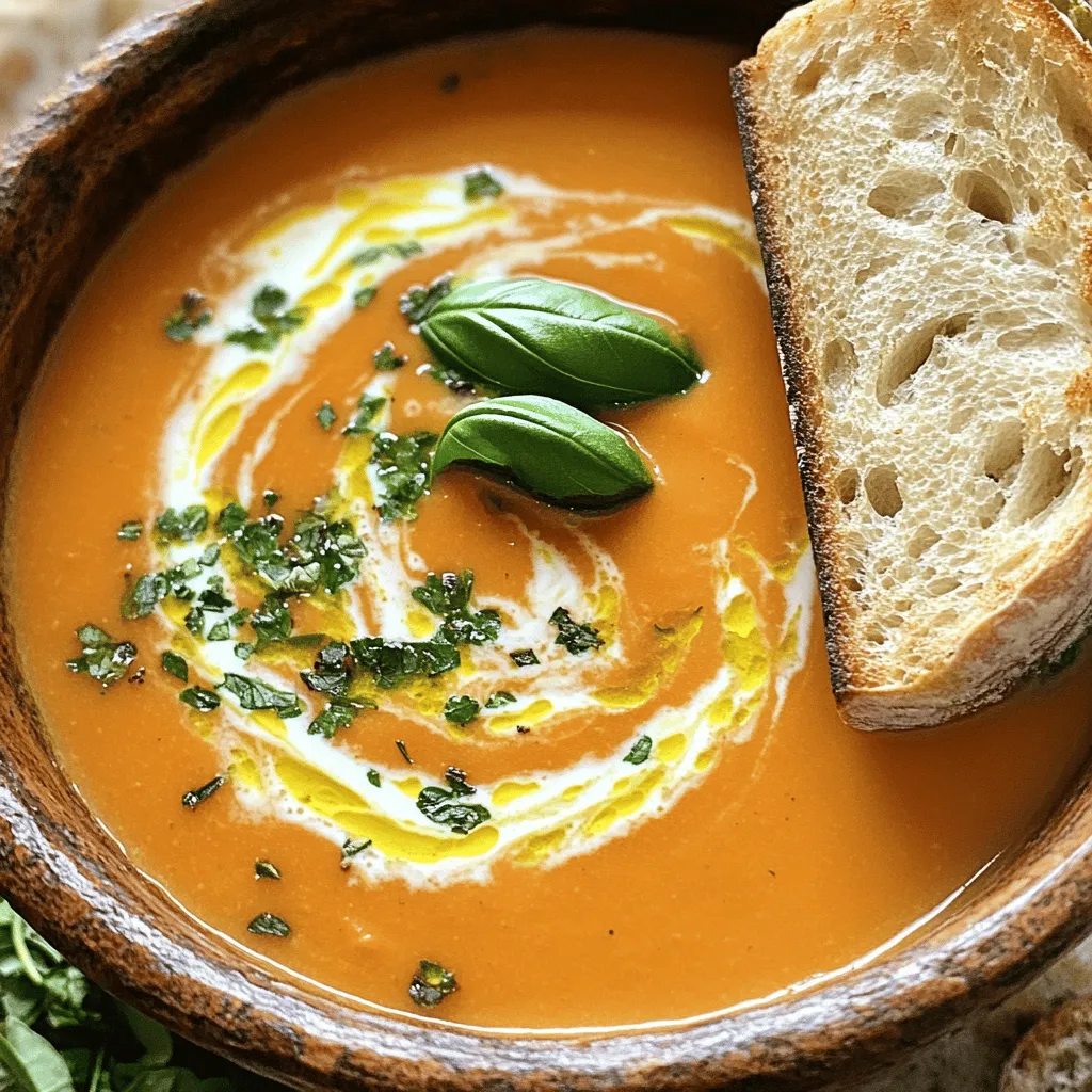 To make creamy tomato basil soup, gather these simple ingredients: - 2 tablespoons olive oil - 1 medium onion, finely diced - 2 cloves garlic, minced - 1 can (28 oz) crushed tomatoes - 1 cup vegetable broth - 1 teaspoon dried oregano - 1 teaspoon sugar - Salt and freshly ground black pepper, to taste - 1/2 cup heavy cream (or substitute with coconut cream for a vegan option) - 1/4 cup fresh basil, chopped (with extra leaves for garnish) - 1 tablespoon balsamic vinegar (optional for added flavor) You can easily swap some ingredients if you want. Here are some ideas: - Use coconut cream instead of heavy cream for a vegan version. - Swap fresh basil with dried basil if fresh isn't available. Use less, about 1 tablespoon. - If you want a spicier kick, add a pinch of red pepper flakes. - Use chicken broth instead of vegetable broth for a richer taste. - You can also add a splash of lemon juice for extra brightness. To make this soup, you’ll need a few basic tools: - A large pot for cooking - A wooden spoon for stirring - An immersion blender for smooth soup - A measuring cup and spoons for accuracy - A knife and cutting board for chopping - Bowls for serving These tools help you create a delicious bowl of creamy tomato basil soup with ease. The Full Recipe will guide you step-by-step through this process. This creamy tomato basil soup is easy to make. You will need simple ingredients. It takes about 30 minutes to prepare. This recipe serves four people. 1. Start by warming the olive oil in a large pot over medium heat. 2. Add the diced onion and sauté until soft and clear, about five minutes. 3. Next, stir in the minced garlic and cook for one more minute. 4. Pour in the crushed tomatoes and vegetable broth. 5. Add the dried oregano, sugar, salt, and pepper. Mix well. 6. Turn up the heat until the mixture gently boils. 7. Once it boils, lower the heat and let it simmer for about 20 minutes. 8. Stir the soup now and then to stop it from sticking. 9. After simmering, take the pot off the heat. To make the soup smooth, use an immersion blender. Blend until it looks creamy. If you do not have one, pour the soup in batches into a regular blender. Be sure to vent the lid to let steam out. Return the blended soup to the pot. Then, warm it on low heat. Stir in the heavy cream and fresh basil. Taste it and add more salt or pepper if needed. If you want a hint of sweetness, add balsamic vinegar. Now, your soup is ready to serve! For the full recipe, check out the detailed instructions above. To make your creamy tomato basil soup shine, focus on a few key techniques: - Use fresh herbs. Fresh basil offers a bright taste that dried can't match. - Add a splash of balsamic vinegar. This gives the soup a sweet depth. - Roast your tomatoes. If you use fresh, roasting them first brings out their natural sugars. Avoid these common pitfalls: - Don't skip the onion and garlic. They build a strong flavor base. - Be careful with salt. Start small and taste as you go. - Don't rush the simmering step. This melds the flavors together. Pair your soup with these delicious options: - Crusty bread adds a nice crunch. - A classic grilled cheese sandwich complements the flavors perfectly. - A simple green salad can balance the richness of the soup. These tips will elevate your creamy tomato basil soup to new heights! For the full recipe, check it out [here](#). {{image_4}} You can easily make this creamy soup vegan. Just swap heavy cream for coconut cream. This gives a nice, rich taste. You can also use plant-based milk for a lighter option. Almond or oat milk works well too. If you want to add creaminess, blend in some soaked cashews. It’s a great way to keep the soup smooth and rich without dairy. If you love heat, add some spice! Red pepper flakes are a quick choice. Just sprinkle a pinch while cooking. You can also use fresh jalapeños or serrano peppers. Chop them finely and sauté with the onion. For a smoky flavor, try adding a dash of smoked paprika. This will give your soup a nice kick. Change up your soup with seasonal ingredients! In summer, add fresh tomatoes instead of canned ones. They’ll add a burst of flavor. In fall, try adding roasted butternut squash for sweetness. You can also toss in some fresh spinach or kale for added greens. These adjustments keep your soup exciting and fresh all year round. For the complete recipe, check out the Full Recipe section. After enjoying your creamy tomato basil soup, you want to store leftovers correctly. Allow the soup to cool slightly before you transfer it to an airtight container. Make sure to leave some space at the top, as the soup may expand a little when it freezes. Seal the container tightly. This method helps keep the soup fresh and tasty. You can freeze creamy tomato basil soup for up to three months. To do this, pour the cooled soup into freezer-safe bags or containers. Label the bags with the date. Lay the bags flat in the freezer for easy stacking. When you're ready to eat, just thaw it in the fridge overnight. For the best taste, reheat the soup gently. You can do this on the stove over low heat. Stir often to avoid sticking. If the soup seems too thick, add a splash of water or broth to get the right texture. If you want to use a microwave, heat it in short bursts. Stir in between to heat evenly. Enjoy your creamy tomato basil soup warm and fresh! For complete guidance on making this soup, check out the Full Recipe! You can use coconut cream for a vegan choice. It gives a nice texture and flavor. You can also use half-and-half or whole milk for a lighter option. Both will change the creaminess but keep the soup tasty. This soup lasts about 4 to 5 days in the fridge. Store it in an airtight container to keep it fresh. Always check for any signs of spoilage before eating. Yes, you can make this soup ahead of time. It tastes even better the next day. Just reheat it gently on the stove before serving. For the best flavor, add fresh basil just before serving. For the full recipe, check out the earlier section. This blog post gave you all the tools to make a great soup. We covered key ingredients, step-by-step instructions, and tips to enhance flavor. I shared variations for different tastes and storage tips for leftovers. Remember, great soup comes from using fresh ingredients and avoiding common mistakes. With these insights, you can cook confidently. Embrace your creativity and enjoy every bowl. Happy cooking!