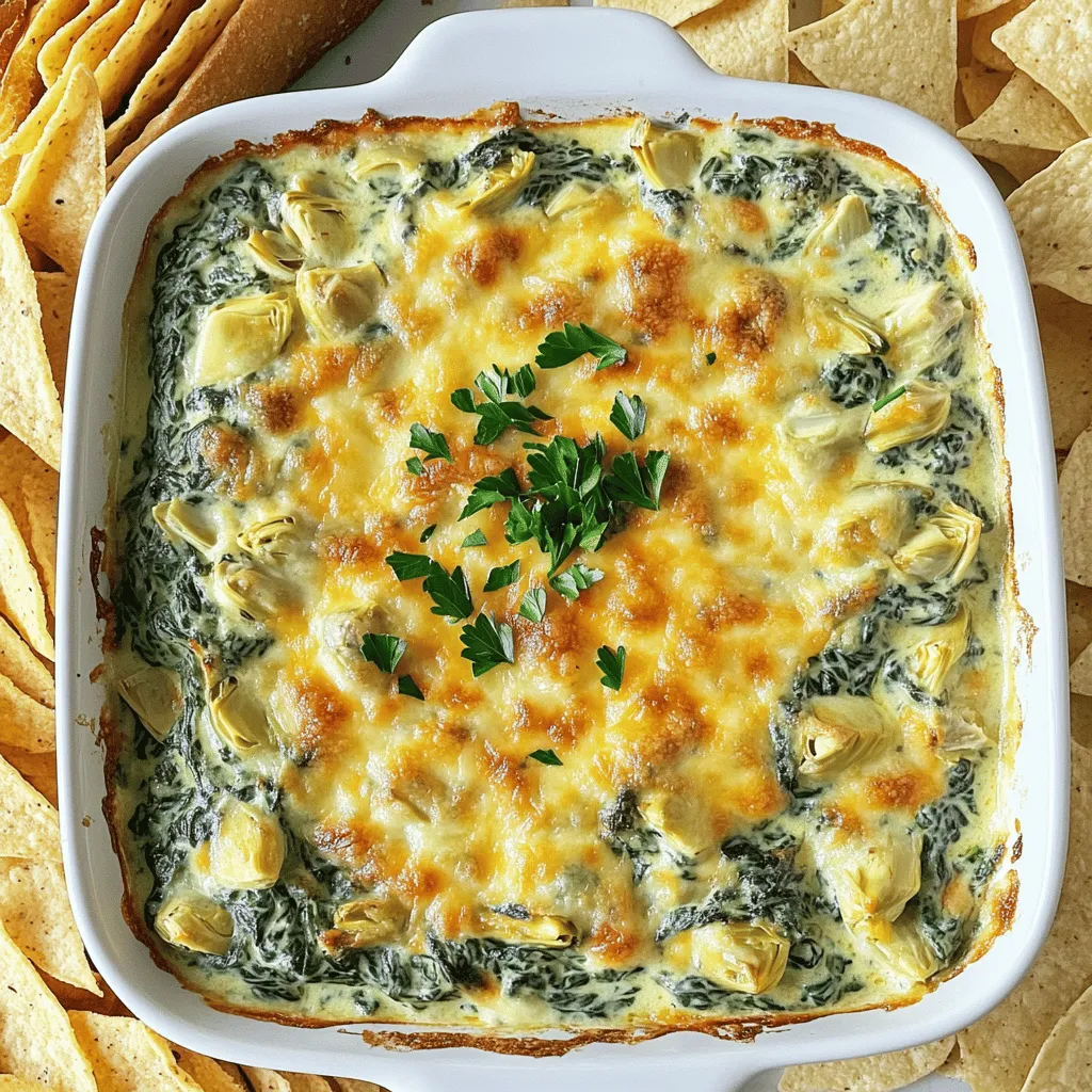 To make this dip, gather these ingredients: - 2 cups fresh spinach, finely chopped - 1 can (14 oz) artichoke hearts, drained and roughly chopped - 1 cup cream cheese, softened to room temperature - 1/2 cup sour cream - 1/2 cup mayonnaise - 1 cup shredded mozzarella cheese - 1/4 cup grated Parmesan cheese - 2 cloves garlic, minced - 1/2 teaspoon red pepper flakes (optional) - Salt and freshly ground black pepper to taste - Tortilla chips or slices of crusty baguette, for serving For the best flavor, pick fresh spinach. Look for bright green leaves without yellow spots. Choose artichoke hearts packed in water, not oil. This keeps the dip light and fresh. Use full-fat cream cheese for a rich and creamy texture. Fresh garlic adds a punch. If you like spice, opt for fresh red pepper flakes. They have more flavor than dried ones. Lastly, always use quality cheeses. This enhances the overall taste of your dip. If you're vegan or lactose intolerant, swap the cream cheese with a vegan cream cheese. Use plant-based sour cream and mayonnaise too. For a lower fat option, use Greek yogurt in place of sour cream. If you can't find artichokes, try using roasted red peppers. They add a nice twist to the dish. To keep the dip gluten-free, serve it with veggie sticks or gluten-free crackers. Each change keeps the flavor strong while meeting your needs. Start by preheating your oven to 350°F (175°C). This step is key for even baking. While the oven heats, gather your ingredients. You will need fresh spinach, artichoke hearts, cream cheese, sour cream, mayonnaise, mozzarella, Parmesan, garlic, and spices. Make sure everything is ready to go. This makes mixing easier and faster. In a large mixing bowl, combine the cream cheese, sour cream, and mayonnaise. Use a hand mixer or a spatula to blend them until smooth. This creamy base is the heart of the dip. Next, fold in the chopped spinach and artichokes gently. Add the minced garlic and optional red pepper flakes. Season with salt and pepper. Mix until everything is well combined. Finally, sprinkle in the mozzarella and Parmesan cheese. Fold these in carefully to keep the mixture fluffy. Once mixed, spoon the creamy blend into an oven-safe baking dish. Spread it out evenly to ensure it bakes well. Place the dish in your preheated oven. Bake for 25 to 30 minutes. Look for a golden brown top and bubbling edges. This means it’s ready! After baking, let it cool for a few minutes. This helps the flavors mix well and makes it easier to serve. Enjoy your delicious dip warm with tortilla chips or crusty baguette. For the full recipe and tips, check out the [Full Recipe]. To get that creamy texture, start with softened cream cheese. This helps blend well with the other ingredients. I mix the cream cheese, sour cream, and mayonnaise first. Use a hand mixer or a spatula to blend until smooth. No lumps should remain. Once smooth, fold in the spinach and artichokes gently. This keeps the mix fluffy. Don't rush this step; take your time for the best outcome. For extra flavor, I love to add minced garlic. It gives the dip a rich taste. You can also sprinkle in red pepper flakes for a little heat. Adjust the salt and pepper to your liking. Fresh herbs like parsley can brighten the flavors too. If you want a cheesy kick, add more Parmesan. Each little tweak can make a big difference in taste. One common mistake is overmixing the dip. This can make it dense and heavy. Be gentle when folding in the spinach and artichokes. Another mistake is not preheating the oven. A hot oven helps the dip cook evenly. Lastly, don’t skip the cooling time after baking. Letting it cool a few minutes makes serving easier. For the full recipe, check out Creamy Spinach Artichoke Delight. {{image_4}} You can make a vegan version of this dip easily. Use cashew cream or tofu instead of cream cheese. Swap sour cream and mayonnaise for vegan yogurt or tahini. Nutritional yeast adds a cheesy flavor without dairy. You still get that creamy texture and rich taste. This option is great for plant-based diets. Plus, it tastes just as good! Want to make your dip heartier? Consider adding proteins like shredded chicken or lump crab meat. Cooked chicken works well and adds a nice flavor. If you love seafood, crab meat gives a sweet taste. Just mix it in with the other ingredients. This variation turns your dip into a more filling dish. Your guests will love the added protein! Cheese is key in this dip. While mozzarella and Parmesan are classic, feel free to experiment. Try using sharp cheddar for a stronger taste. Goat cheese can give a tangy flavor that many enjoy. Mix in some cream cheese for extra creaminess. You can also use feta for a Mediterranean twist. Different cheeses make every dip unique and exciting! For a full recipe, check out Creamy Spinach Artichoke Delight. To store leftover creamy spinach artichoke dip, let it cool completely. Then, transfer it into an airtight container. Make sure the lid seals well to keep the dip fresh. You can store it in the fridge for up to three days. If you want to keep it longer, consider freezing it. When reheating, place the dip in an oven-safe dish. Cover it with foil to keep moisture in. Heat it at 350°F (175°C) for about 20 minutes. Stir halfway through for even heat. For freezing, store the dip in a freezer-safe container. You can freeze it for up to three months. Just remember to label it with the date. The creamy spinach artichoke dip lasts about three days in the fridge. If you freeze it, it stays good for three months. Watch for signs of spoilage, like an off smell or mold. If you see any, it's best to throw it away. Always trust your senses; they help keep your food safe. You can pair this dip with many tasty options. Tortilla chips are a classic choice. They add crunch and flavor. You can also use slices of crusty baguette. These are great for scooping up the dip. Fresh veggies work well too. Carrot sticks, celery, or bell peppers add a healthy touch. For a fun twist, try pita chips. They offer a unique flavor that complements the dip nicely. Yes, you can make this dip ahead of time! Prepare everything and store it in the fridge. You can mix all the ingredients and keep them chilled. Just remember to bake it before serving. This saves time when you have guests. You can prepare the dip a day before your party. It’s a great way to reduce stress and enjoy your event. Reheating this dip is simple. Preheat your oven to 350°F (175°C). Transfer the dip into an oven-safe dish if it's not already in one. Heat it for about 15-20 minutes. Stir it halfway through to ensure even warming. You can also use a microwave. Heat in short bursts, stirring in between. This method is faster but may make the dip less creamy. Enjoy it warm for the best taste! In this post, we covered everything you need to make creamy spinach artichoke dip. We shared a full ingredient list and tips for choosing the best items. You learned step-by-step instructions for mixing and baking. I also gave ways to customize the dip for different diets and tastes. Remember to store leftovers properly and check for spoilage. With these tips, you can impress anyone with your delicious dip. Enjoy your cooking journey and make it a hit at your next gathering!