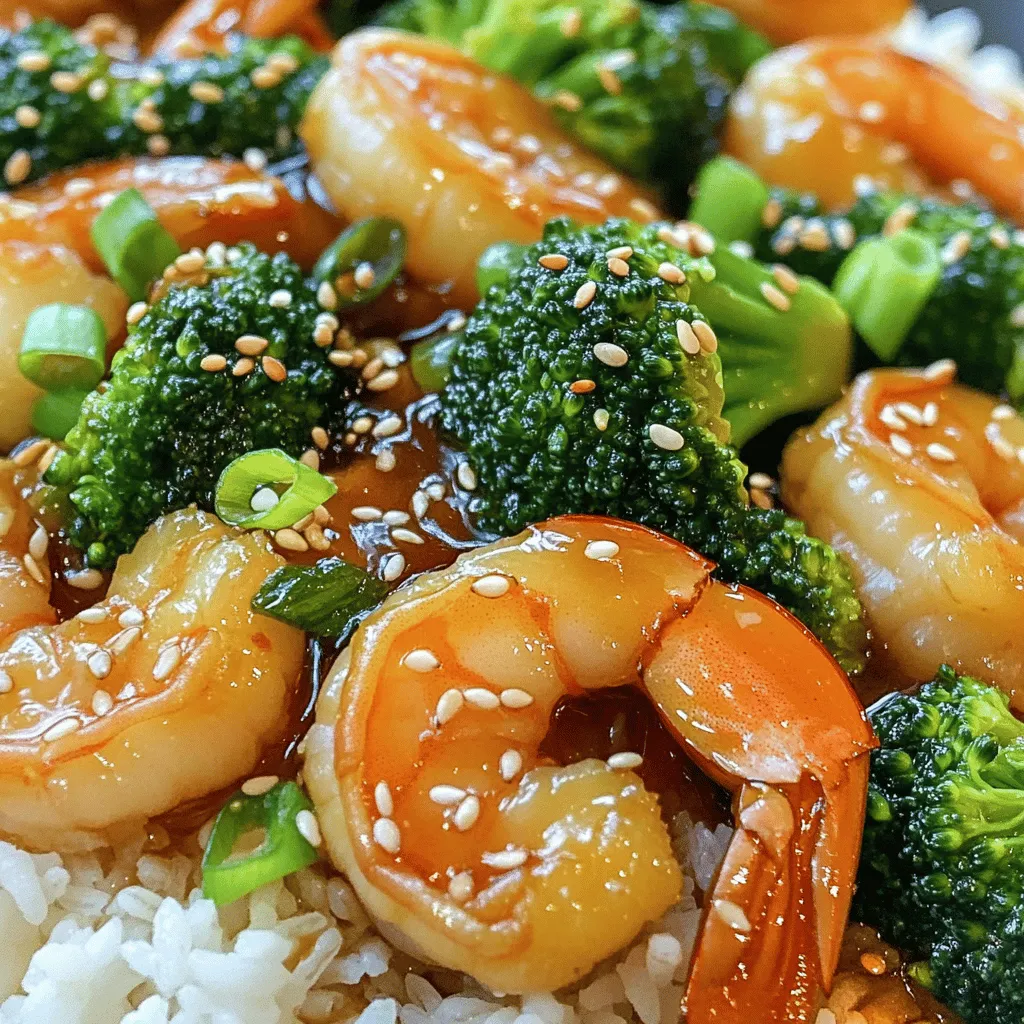 Here is what you'll need to make honey garlic shrimp and broccoli. Each ingredient adds a special touch to the dish. - 1 lb large shrimp, peeled and deveined - 2 cups broccoli florets - 3 tablespoons honey - 4 cloves garlic, minced - 2 tablespoons low-sodium soy sauce - 1 tablespoon cornstarch - 2 tablespoons vegetable oil - 1 teaspoon sesame oil - 1 teaspoon fresh ginger, grated - Salt and pepper, to taste - Garnishes: Sesame seeds and chopped green onions These ingredients work together to create a sweet and savory flavor. The shrimp bring protein, while broccoli adds crunch and nutrients. Honey gives it sweetness, and garlic offers bold taste. Soy sauce ties everything together, making it rich and savory. The cornstarch helps the sauce thicken, ensuring it clings well to the shrimp and broccoli. Vegetable oil is perfect for cooking, while sesame oil adds a nice finish. Fresh ginger provides warmth, and the garnishes make it pretty. When you gather these ingredients, you set the stage for a tasty dinner. Check out the full recipe for more details on how to bring this dish together. To start, I mix the honey garlic sauce. In a medium bowl, I combine three tablespoons of honey, two tablespoons of low-sodium soy sauce, and one tablespoon of cornstarch. I also add four minced garlic cloves and one teaspoon of grated fresh ginger. I whisk these ingredients until smooth. Cornstarch is key here. It helps the sauce thicken and stick to the shrimp and broccoli. This step makes the dish rich and flavorful. Next, I cook the broccoli. I heat one tablespoon of vegetable oil in a large skillet over medium-high heat. Once the oil is hot, I add two cups of broccoli florets. I sauté the broccoli for three to four minutes. It should be bright green and tender-crisp. After that, I remove the broccoli from the skillet and set it aside on a plate. This keeps the texture just right for our dish. Then, I focus on the shrimp. I add the remaining tablespoon of vegetable oil into the same skillet. Once the oil heats up, I place one pound of large, peeled, and deveined shrimp in a single layer. I let them cook for two to three minutes without moving them. This allows one side to turn a lovely pink. After that, I flip the shrimp and cook them for an additional one to two minutes. They should be fully cooked and opaque. Now comes the fun part—combining everything. I return the sautéed broccoli to the skillet with the shrimp. Then, I pour the prepared honey garlic sauce over the shrimp and broccoli. I gently toss everything to ensure even coating. I let it cook for another two to three minutes. This time allows the sauce to thicken and cling to the shrimp and broccoli. It creates a delicious, glossy finish for the dish. To make the honey garlic shrimp shine, adjust the spice with ginger and pepper. Fresh ginger adds warmth and a zing that brightens the dish. You can add more or less ginger based on your taste. If you like it spicy, add a pinch of red pepper flakes. Alternatives like garlic powder or onion powder can also add depth to the flavor. Sautéing shrimp and vegetables is key. Use high heat to give shrimp a nice sear. Don’t overcrowd the pan; cook in batches if needed. This helps shrimp cook evenly and stay juicy. A wok gives you more space to toss the ingredients, but a skillet works well too. Just make sure it’s large enough to fit everything. For a beautiful plate, serve the honey garlic shrimp and broccoli over fluffy jasmine rice or quinoa. Use a colorful plate to make the dish pop. Sprinkle extra sesame seeds on top for added texture and garnish. You can also add sliced green onions for a fresh look. Consider pairing it with a light salad or steamed dumplings for a complete meal. {{image_4}} You can easily swap shrimp for chicken or tofu. Chicken thighs or breasts work well. If using chicken, cut it into bite-sized pieces. Tofu is a great choice for a vegetarian dish. Be sure to press the tofu to remove excess moisture. This helps it absorb flavor better during cooking. Cooking times differ for these proteins. Chicken will need about 5-7 minutes to cook through. Use a meat thermometer to check for doneness—165°F is safe. Tofu generally cooks faster. About 4-5 minutes in the pan should achieve a nice golden color. Feel free to add other vegetables for extra flavor and nutrition. Bell peppers, snap peas, and carrots are excellent choices. These veggies add color and crunch to the dish. Chop them into uniform sizes for even cooking. Blanching vegetables before adding them to the skillet helps keep their bright colors. To do this, boil them for 1-2 minutes, then plunge them into ice water. This technique locks in flavor and nutrients. You can make the dish spicier by adding chili paste. Start with a small amount. Taste as you go to find your perfect heat level. This simple change can elevate the dish. If you want a more savory flavor, try adding extra soy sauce. Just a teaspoon or two can deepen the taste. Be cautious, though; too much can make the dish salty. Balance the flavors to suit your palate. Explore the [Full Recipe] for more details on how to create this dish! To store your honey garlic shrimp and broccoli, first let it cool down. Place it in an airtight container. This keeps the dish fresh and safe. You can store it in the fridge for up to three days. If you want to keep it longer, consider freezing it. Just remember to use a freezer-safe container. This way, you can enjoy it for up to three months. When it's time to eat your leftovers, reheating is key. For best results, use a skillet over medium heat. Add a splash of water or broth to help keep it moist. This prevents the shrimp from getting tough. Stir gently to heat it evenly. Avoid cooking it too long. Just a few minutes should do. You want the shrimp warm, not overcooked. Enjoy your meal just like the first time! For the full recipe, check out the Honey Garlic Shrimp & Broccoli Bliss. It takes about 10 minutes to prepare the ingredients. The cooking time is about 15 minutes. So, the total time for this dish is around 25 minutes. This quick timing makes it perfect for a busy weeknight dinner. Yes, you can use frozen shrimp. Just thaw them first. Place the shrimp in cold water for 15-20 minutes. Pat them dry before cooking. This step helps them cook evenly and prevents excess water in the dish. Yes, this dish is healthy! Shrimp is low in calories and high in protein. Broccoli is full of vitamins and fiber. Honey provides natural sweetness without added sugars. Together, they make a nutritious meal that supports your health. Absolutely! You can use tofu or chickpeas instead of shrimp. For tofu, press it to remove water and cube it. For chickpeas, use canned ones, rinsed and drained. These options will keep the dish hearty and satisfying. There are many great options! Serve it over steamed jasmine rice or quinoa for a filling meal. You can also pair it with a fresh salad or some whole grain noodles. These sides balance the flavors and textures well. This recipe for Honey Garlic Shrimp and Broccoli is easy and delicious. We covered key ingredients and steps, from mixing the sauce to perfecting the shrimp. Follow our tips for flavors and cooking techniques. Don't forget to try variations like adding chicken or veggies. Store leftovers properly and reheat them for the best taste. Cooking at home keeps meals healthy and fun. Now, you can impress friends and family with this tasty dish. Give it a go, and enjoy your cooking journey!