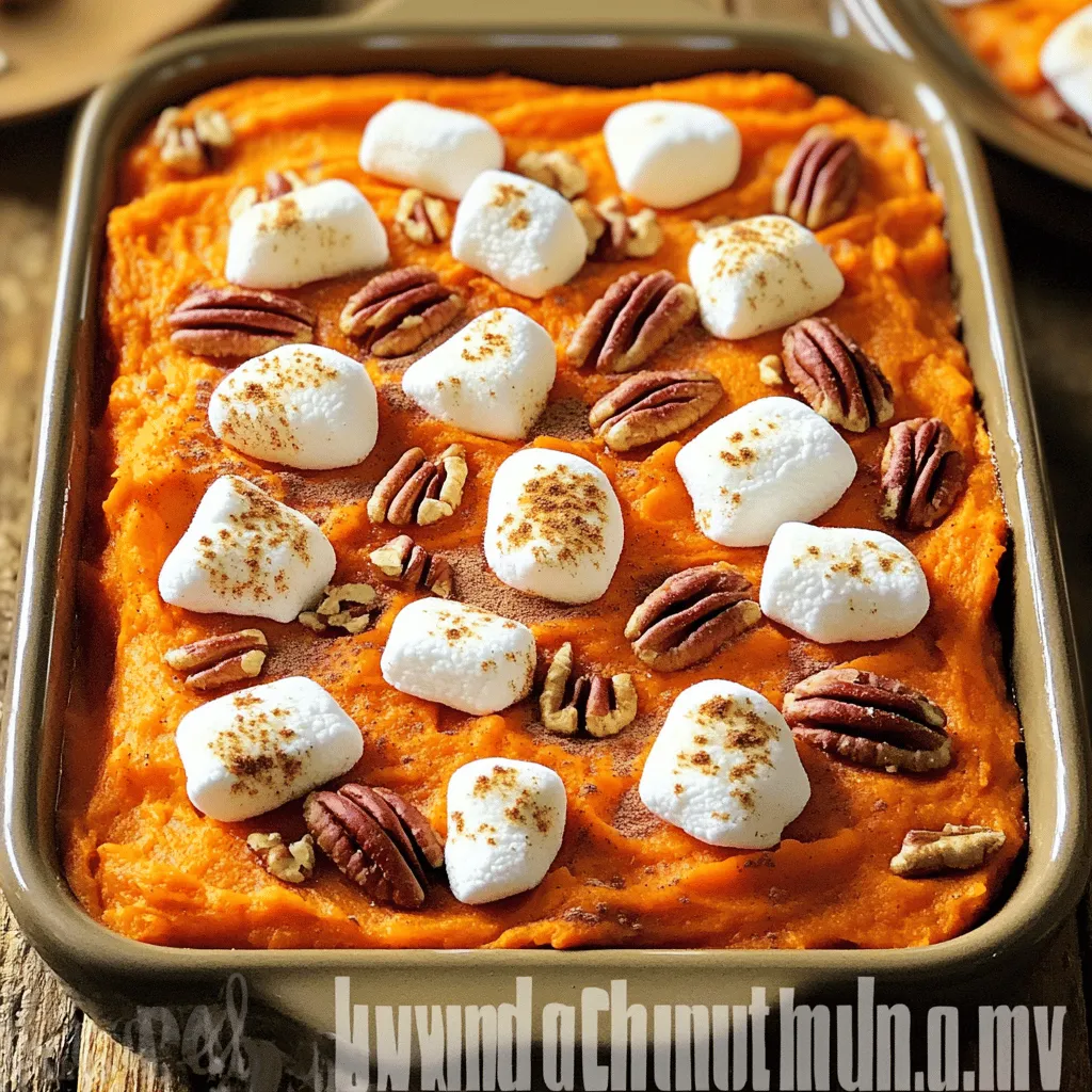 To make the best sweet potato casserole with marshmallows, gather these key items: - 4 large sweet potatoes, peeled and diced - 1/2 cup packed brown sugar - 1/4 cup unsalted butter, softened to room temperature - 1/2 cup whole milk or plant-based milk - 1 teaspoon pure vanilla extract - 1/2 teaspoon ground cinnamon - 1/4 teaspoon ground nutmeg - 1/2 teaspoon sea salt - 1 cup mini marshmallows - 1/2 cup pecans, roughly chopped Each ingredient adds flavor and texture, making your casserole a hit! You can enhance the flavor with these optional items: - A splash of maple syrup for extra sweetness - A dash of ginger for a warm spice kick - Shredded coconut for a tropical twist Feel free to mix and match these to suit your taste! If you run low on something, here are some swaps: - Use honey or agave instead of brown sugar. - Swap butter for coconut oil for a dairy-free option. - Almond milk or oat milk can replace regular milk. These substitutions let you customize the recipe while keeping it delicious. For the full recipe, check out the link provided! Making sweet potato casserole is fun and easy. You need to gather your ingredients first. The warm and inviting flavors will fill your kitchen. This dish is perfect for family gatherings or holidays. 1. Preheat the Oven: First, set your oven to 350°F (175°C). This helps cook the casserole evenly. 2. Cook the Sweet Potatoes: Fill a large pot with water. Add the diced sweet potatoes. Boil them for about 15-20 minutes. You want them fork-tender. After cooking, drain the water and let them cool a bit. 3. Mash the Sweet Potatoes: In a big mixing bowl, combine the sweet potatoes, brown sugar, butter, milk, vanilla extract, cinnamon, nutmeg, and salt. Use a potato masher to blend until smooth. Make sure there are no lumps. 4. Transfer to Baking Dish: Grease a 9x13 inch casserole dish. Spread the sweet potato mixture evenly in it. Use a spatula to smooth the top. 5. Add Toppings: Sprinkle the mini marshmallows over the sweet potato mix. Then add the chopped pecans. This gives a nice crunch. 6. Bake: Place the casserole in the oven. Bake for 25-30 minutes. Look for golden brown marshmallows on top; that means it’s ready. 7. Serve and Enjoy: Let the casserole cool for a few minutes. This makes serving easier and boosts the flavors. For the full recipe, check back to make sure you're ready to impress everyone at the table! To make the best sweet potato casserole, start with fresh sweet potatoes. Choose large ones that feel firm. They should have smooth skin and no soft spots. Boil them until fork-tender. This usually takes about 15 to 20 minutes. Drain them well to keep your casserole from being watery. Mix the sweet potatoes with softened butter and milk. This makes the mix creamy and rich. Serve this dish warm for the best taste. It pairs well with savory foods like roasted turkey or ham. You can also add a side salad for some crunch. If you want to make it a main dish, serve it with quinoa or brown rice. The combo of flavors makes each bite delightful. To make your casserole look lovely, serve it directly from the baking dish. This gives a homey feel. If you want to impress guests, add a sprinkle of cinnamon on top. You can also place some whole pecans around the edges for a nice touch. The colors of orange, brown, and cream will make it pop on your table. For more details on preparing this dish, check the Full Recipe! {{image_4}} You can add ingredients to boost the flavor of your sweet potato casserole. Consider mixing in chopped apples or pears for a sweet twist. You might also try adding maple syrup for extra sweetness. Brown sugar can be replaced with coconut sugar for a new flavor profile. Adding a splash of bourbon gives depth to the dish, making it more special. While mini marshmallows are a classic topping, there are fun alternatives. Try using crushed graham crackers for a s'mores vibe. You can also sprinkle shredded coconut for a tropical twist. If you enjoy nuts, chopped walnuts add a nice crunch. A drizzle of caramel sauce on top can take your casserole to the next level. To make this dish healthier, consider swapping some ingredients. Use Greek yogurt instead of butter for creaminess without the fat. Almond milk can replace whole milk for a lighter option. You can also reduce the sugar by using ripe bananas. These swaps maintain great taste while adding some nutritional value. For the complete recipe, check out the Full Recipe. You can store leftover sweet potato casserole in the fridge. First, let it cool to room temperature. Then, cover it tightly with plastic wrap or foil. It will stay fresh for about 3 to 5 days. When you're ready to enjoy it again, just take it out and let it sit for a bit to warm up. If you want to save your casserole for later, freezing is a great option. To freeze, let the casserole cool completely. Then, cut it into portions for easy reheating. Wrap each piece in plastic wrap and then in aluminum foil. This will help prevent freezer burn. You can freeze it for up to 3 months. Make sure to label the packages with the date. To reheat your sweet potato casserole, preheat the oven to 350°F (175°C). Remove the plastic wrap but keep the foil on. Place it in the oven for about 20-30 minutes. Check if it’s hot in the center. If you want to melt the marshmallows again, remove the foil for the last 10 minutes. You can also reheat individual portions in the microwave. Heat for 1-2 minutes, checking every 30 seconds to avoid overheating. Enjoy your delicious dish! For the full recipe, refer to the earlier section. You can store sweet potato casserole in the fridge for about four days. Make sure to cover it tightly to keep it fresh. If you want to keep it longer, you can freeze it. It should stay good in the freezer for up to three months. Just remember to use an airtight container or wrap it well. Yes, you can make this casserole ahead of time. Prepare everything, but don't bake it yet. Cover it and place it in the fridge for up to two days. When you are ready, just bake it as usual. This method helps save time on busy days, like holidays or family gatherings. Sweet potato casserole pairs well with many dishes. Here are some great options: - Roast turkey or chicken - Ham or pork - Green beans or Brussels sprouts - Cranberry sauce - Salad with a light vinaigrette These sides balance the sweetness of the casserole and create a lovely plate. You can find the full recipe to make this delicious dish and impress your guests! This blog post covered everything you need for a great sweet potato casserole. We discussed key ingredients, cooking steps, and tips for a perfect dish. Remember, you can swap ingredients and add flavors to make it your own. Proper storage keeps your casserole fresh, and reheating is easy. I hope these ideas inspire you to create a tasty meal, whether for a holiday or a weeknight. Enjoy cooking, and may your casserole become a family favorite!