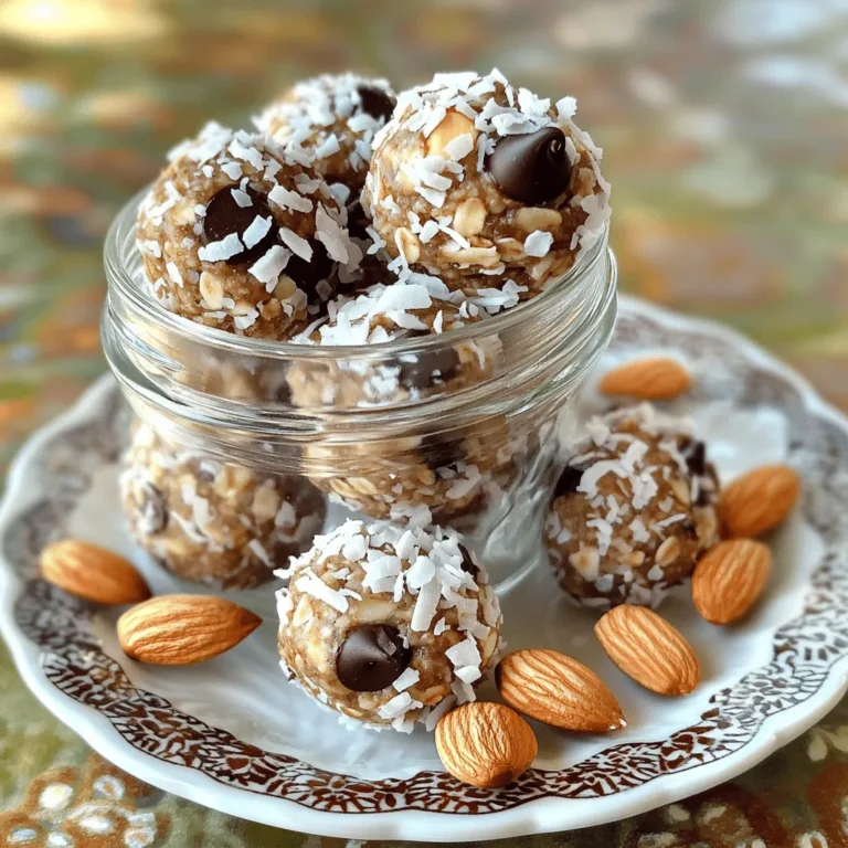 - 1 cup rolled oats - 1/2 cup almond butter - 1/4 cup honey or maple syrup - 1/3 cup unsweetened shredded coconut - 1/4 cup dark chocolate chips - 1/4 cup whole almonds - 1 teaspoon vanilla extract - Pinch of salt The main ingredients create a perfect blend of flavors. Rolled oats provide a hearty base. Almond butter adds creaminess and protein. Honey or maple syrup gives it sweetness. Shredded coconut adds texture and taste. Dark chocolate chips make it a treat. Whole almonds offer a nice crunch. Vanilla extract enhances the overall flavor. A pinch of salt balances the sweetness. - Different nut butters (cashew, peanut) - Flavored extracts (coconut, almond) - Sweeteners (agave syrup, stevia) You can switch things up with optional ingredients. Use different nut butters to change the taste. Cashew or peanut butter works well. Flavored extracts can give new twists. Try coconut or almond for unique flavors. If you want it sweeter, use agave syrup or stevia. - Oats: Gluten-free oats - Almond butter: Sunflower seed butter for nut-free version If you need to make substitutions, it's easy! Use gluten-free oats to keep it gluten-free. For a nut-free version, swap almond butter for sunflower seed butter. This way, everyone can enjoy these tasty bites. For the full recipe to make these delicious almond joy energy bites, refer to the [Full Recipe]. Start by mixing the base ingredients. In a large bowl, add 1 cup of rolled oats, 1/2 cup of almond butter, and 1/4 cup of honey or maple syrup. Stir until everything is well combined and thick. This gives a solid base for your bites. Next, it's time to add in the flavor components. Mix in 1/3 cup of unsweetened shredded coconut, 1/4 cup of dark chocolate chips, and 1/4 cup of roughly chopped whole almonds. Also, add 1 teaspoon of vanilla extract and a pinch of salt. Gently fold these ingredients in until they spread evenly through the mixture. Now, let’s form the energy bites. Take about a tablespoon of the mixture and roll it into a ball using your clean hands. This part is fun! Aim for uniform size so they cook evenly. Keep rolling until you've shaped all the mixture. You should get around 12 to 15 tasty bites. Next, arrange the formed energy bites on a baking sheet lined with parchment paper. This helps to prevent sticking and makes cleanup easier. For the chilling step, place your baking sheet in the refrigerator. Let the energy bites chill for at least 30 minutes. This helps them firm up and hold their shape well. While you wait, think about some decorative options before serving. You can top them with a sprinkle of shredded coconut or place a few whole almonds on the plate. This adds a nice touch and makes them look appealing. For the full recipe, check out the details above! To keep your Almond Joy Energy Bites fresh, store them in an airtight container. This will help lock in moisture and flavor. Use a glass jar or a plastic container with a tight lid. You can also place parchment paper between layers to prevent sticking. These energy bites pair well with fresh fruits like bananas or berries. You can also enjoy them with a smoothie for a quick breakfast. They are perfect for lunch boxes, road trips, or as a post-workout snack. Serve them at parties or family gatherings for a tasty treat. To prevent stickiness in the mixture, make sure to measure your ingredients accurately. If the mixture feels too wet, add more oats. For the right bite size, roll them into one-inch balls. This size is easy to eat and perfect for snacking. {{image_4}} You can easily switch up the flavor of your Almond Joy Energy Bites. Try adding different types of chocolate. White or milk chocolate can give a sweet twist. You can also mix in dried fruits like cranberries or raisins. These fruits add a nice chewiness and flavor boost. Adjusting the number of nuts can change the crunch factor. If you want more crunch, add more chopped almonds. You can also use ground flaxseed or chia seeds. These seeds add a bit of crunch and boost nutrition too. If you follow a vegan diet, swap honey for maple syrup. This keeps the bites plant-based. For a keto-friendly version, use sugar-free chocolate and a keto-friendly sweetener. Both options keep your energy bites delicious and satisfying. For the full recipe, check out the complete guide to making these tasty treats! These Almond Joy Energy Bites stay fresh in the fridge for up to a week. After that, they may lose flavor or texture. Look for signs of spoilage, such as an off smell or mold. If they feel too soft or sticky, it’s best to toss them. To freeze your energy bites, place them in a single layer on a baking sheet. Once they are frozen, transfer them to an airtight container. This way, they won’t stick together. For the best texture, thaw them in the fridge overnight before eating. When you’re heading out, use small, airtight containers for travel. These keep the bites fresh and make them easy to grab. You can also portion them into snack bags for quick access. This makes it simple to enjoy a tasty snack anytime, anywhere. Almond Joy Energy Bites can last up to a week when stored properly. Keep them in an airtight container in the fridge. If you want longer storage, consider freezing them. They can last about three months in the freezer. Yes, you can make these bites gluten-free easily. Just use gluten-free rolled oats. They taste just as good and will satisfy your cravings without any gluten. If your energy bites are too crumbly, try adding a bit more almond butter or honey. These ingredients will help bind the mixture better. You can also add a splash of water to help the mixture stick. Absolutely! Almond Joy Energy Bites are great for kids. They are packed with nutrients like fiber, healthy fats, and protein. Plus, they taste like a treat, making them fun to eat. Kids love the chocolate and coconut flavors! You now know how to make Almond Joy Energy Bites with key ingredients and methods. I shared tips on storage and serving suggestions to keep them fresh and flavorful. Experiment with different flavors and textures to suit your taste. Remember, these bites are easy to make and perfect for any snack. Enjoy your healthy treats and feel good about every bite!