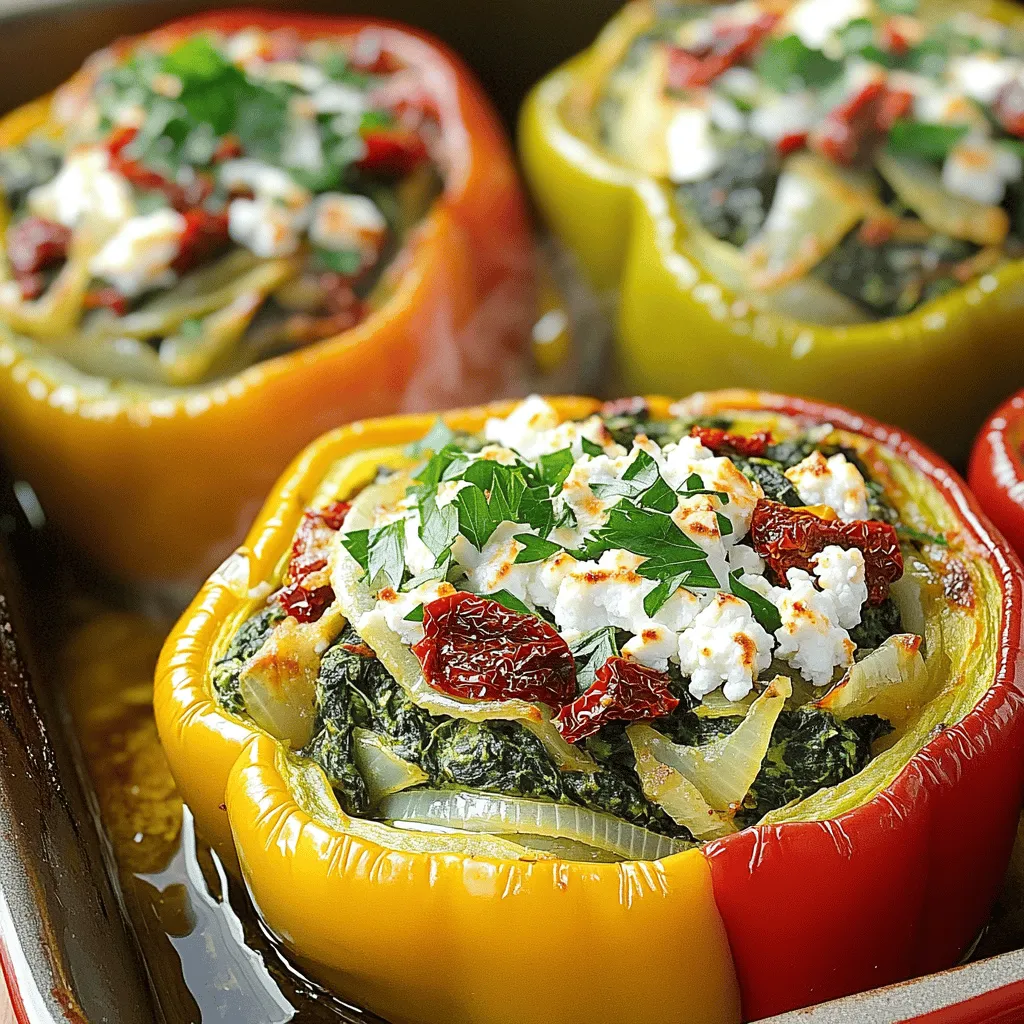 - 4 large bell peppers - 2 cups fresh spinach - 1 cup feta cheese - 1 cup cooked quinoa - 1/2 cup onion - 2 garlic cloves - 1/4 cup sun-dried tomatoes - 1 teaspoon dried oregano - Fresh parsley When making Spinach & Feta Stuffed Peppers, the choice of ingredients is key. The main ingredients are colorful bell peppers, fresh spinach, and creamy feta cheese. These items come together to give a rich taste. You’ll need four large bell peppers. You can choose any color: red, yellow, or green. Each brings its own sweet flavor. Fresh spinach adds a pop of green and healthy nutrients. Use two cups of chopped spinach. Feta cheese is a must. It adds a tangy taste that pairs well with the peppers. You will need one cup of crumbled feta for the filling. Additional ingredients include a cup of cooked quinoa. Quinoa adds a nice texture and protein. Half a cup of finely chopped onion brings sweetness. Two garlic cloves, minced, add depth to the flavor. For seasoning, a quarter cup of sun-dried tomatoes adds a sweet and savory touch. One teaspoon of dried oregano brings a warm, herbal note. Finally, fresh parsley is perfect for garnish, adding color and freshness. For the complete recipe, check the [Full Recipe]. - Preheat the oven to 375°F (190°C). - Prepare the bell peppers by cutting off the tops and removing the seeds. Lightly brush the outside with olive oil. Stand them up in a baking dish. - In a large skillet, heat olive oil over medium heat. - Add finely chopped onion and sauté for about 3-4 minutes. Stir often until the onion turns clear. - Now, add minced garlic and cook for one more minute. This makes the kitchen smell great! - Next, mix in the chopped spinach and sun-dried tomatoes. Stir for 2-3 minutes until the spinach wilts. - Remove the skillet from heat. Now, add cooked quinoa, crumbled feta cheese, dried oregano, salt, and black pepper. Stir until all is well mixed. - Carefully stuff each bell pepper with this tasty mixture. Press down gently to fill them well. - Cover the baking dish with aluminum foil. Bake in the oven for 25-30 minutes. - After this time, take off the foil. Bake for another 10-15 minutes until the peppers are soft and the tops are golden. - Let them cool for a few minutes before serving. Garnish with fresh parsley for a nice touch. For the full recipe, check out the recipe section above. Enjoy your healthy meal! To select the best bell peppers, look for firm, shiny skin. Choose peppers that feel heavy for their size. Avoid any with soft spots or blemishes. Any color works for stuffing, so pick your favorite. For cooking times, every oven is different. If your oven runs hot, check the peppers early. Bake them for about 25-30 minutes covered, then remove the foil for 10-15 minutes more. This gives them a nice golden top. Spices can take your dish to the next level. Consider adding a pinch of cayenne for heat or smoked paprika for depth. Both pair well with spinach and feta. If you want to swap cheeses, try goat cheese or ricotta. Each brings a unique flavor. You can also use vegan cheese for a dairy-free option. When serving stuffed peppers, arrange them on a colorful platter. A drizzle of olive oil or balsamic glaze adds shine. For an extra touch, sprinkle some feta on top before serving. Garnish each pepper with fresh parsley. This not only looks nice but adds a fresh flavor. Enjoy making your meal as appealing as it is tasty! {{image_4}} For a vegan version, swap the feta cheese for tofu or cashew cheese. Both options work well to mimic the creamy texture. Instead of quinoa, try using brown rice or lentils. These alternatives provide a nice bite and protein. For added protein, consider mixing in chickpeas or black beans. They will enhance the dish and keep it filling. If you love meat, add ground beef, turkey, or chicken to the filling. Start by cooking the meat in the skillet before adding the onions and garlic. This step adds rich flavors to your dish. You can also spice it up with taco seasoning or Italian herbs. Adjusting the seasoning can give a new twist to the classic recipe. For a low-carb version, replace quinoa with cauliflower rice. Cauliflower rice absorbs flavors well and stays light. You can also use zucchini or eggplant as a filling base. For keto-friendly swaps, avoid high-carb veggies and stick to leafy greens. This way, you keep the meal nutritious and satisfying without extra carbs. For the full recipe, check out the Spinach & Feta Stuffed Peppers section! To store your spinach and feta stuffed peppers, let them cool first. Place them in an airtight container. Make sure to cover them well to keep air out. I recommend using glass containers for better storage. They help keep the peppers fresh and are easy to clean. You can store them in the fridge for up to three days. If you want to freeze your stuffed peppers, wrap each one tightly in plastic wrap. Then, place them in a freezer-safe bag or container. This way, they stay fresh. When you're ready to eat, thaw them in the fridge overnight. To reheat, bake them in the oven at 350°F (175°C) for about 25 minutes. This method keeps the peppers tasty and warm. In the fridge, your stuffed peppers will last about three days. If you freeze them, they can last up to three months. Check for signs of spoilage before eating. Look for any mold or off smells. If anything seems wrong, it’s best to throw them away. Ensuring your food is safe helps you enjoy your meals worry-free. Yes, you can make them ahead. Prepare the filling and stuff the peppers. You can store them in the fridge for up to two days. Just cover them tightly with plastic wrap or foil. When you are ready to cook, bake them straight from the fridge. You might need to add a few extra minutes to the baking time. This method saves time on busy days. Stuffed peppers pair well with many sides. Here are some great options: - A fresh green salad with a light vinaigrette - Quinoa pilaf with herbs and nuts - Roasted vegetables for added flavor - Crusty bread to soak up any sauce These sides complement the rich flavors of the stuffed peppers. Absolutely! You can try different cheeses for fun flavors. Some great options include: - Mozzarella for a gooey texture - Goat cheese for a tangy taste - Cheddar for a sharp kick Each cheese brings a new twist to your dish. Feel free to mix and match for exciting results! For the full recipe, check out the detailed instructions above. In this post, we explored how to make delicious spinach and feta stuffed peppers. We covered essential ingredients, step-by-step instructions, and helpful tips. You can enhance your dish with various flavors and even adapt it to different diets. These stuffed peppers are easy to make and fun to customize. I hope you enjoy creating your own version. Happy cooking!