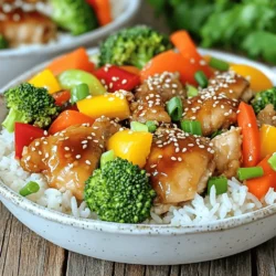 - 1 lb boneless, skinless chicken thighs, cut into bite-sized pieces - 1 tablespoon olive oil - 1 cup broccoli florets - 1 cup bell peppers, sliced (use a mix of red and yellow for vibrant color) - 1 carrot, sliced into thin rounds - 2 cups cooked jasmine rice - 1 tablespoon sesame seeds (for garnish) - 2 green onions, thinly sliced (for garnish) - Salt and pepper, to taste - 1/4 cup soy sauce (or opt for tamari for a gluten-free version) - 2 tablespoons honey or maple syrup - 1 tablespoon rice vinegar - 1 teaspoon freshly grated ginger - 1 teaspoon minced garlic - 1 teaspoon cornstarch mixed with 1 tablespoon water - Salt and pepper - Optional spices for added flavor When you gather these ingredients, make sure they are fresh. Fresh veggies add color and taste. Using chicken thighs gives you a juicy bite every time. The sauce is the heart of this dish. Choose either soy sauce or tamari based on your needs. Honey or maple syrup adds sweetness. Rice vinegar gives it a nice tang. When cooking, season your chicken well. Salt and pepper are key for a good flavor base. You can also try adding spices like garlic powder or red pepper flakes for a kick. This simple yet rich mix will make your meal shine. Check the [Full Recipe] for a step-by-step guide to bring it all together. Enjoy your cooking! To start, you need to mix the sauce ingredients. In a small saucepan, combine: - 1/4 cup soy sauce (or tamari) - 2 tablespoons honey (or maple syrup) - 1 tablespoon rice vinegar - 1 teaspoon grated ginger - 1 teaspoon minced garlic Stir these together over medium heat until they simmer. Next, we need to thicken the sauce. Add 1 teaspoon of cornstarch mixed with 1 tablespoon of water. Keep stirring for about 2 minutes. The sauce should thicken nicely. Once done, remove it from heat and set aside. Now, let’s cook the chicken. Heat 1 tablespoon of olive oil in a large skillet over medium-high heat. Season 1 lb of boneless, skinless chicken thighs with salt and pepper. Put the chicken in the skillet and cook for 5-7 minutes. Stir it now and then until the chicken is browned and cooked through. Time to add some color! Toss in 1 cup of broccoli florets, 1 cup of sliced bell peppers, and 1 sliced carrot. Stir-fry everything together for 4-5 minutes. You want the veggies to be tender but still crisp. Now, let’s get saucy! Pour the teriyaki sauce over the chicken and veggies. Mix well to coat everything evenly. Heat it all together for 2-3 minutes. This helps the flavors blend beautifully. It’s time to serve! In four bowls, divide 2 cups of cooked jasmine rice evenly. Top the rice with the teriyaki chicken and veggies. For a great look, arrange the ingredients nicely in the bowl. To finish, sprinkle 1 tablespoon of sesame seeds and 2 sliced green onions on top. This adds flavor and makes your dish pop! For a nice touch, use chopsticks to serve. This makes each bowl a feast for the eyes and the taste buds. Enjoy your teriyaki chicken bowls! You can find the Full Recipe for more details and tips. When making teriyaki chicken bowls, you can choose between a skillet or a wok. A skillet is great for beginners. It heats evenly and is easy to manage. A wok, however, allows for faster cooking and can give your veggies a nice char. If you use a wok, keep the heat high and stir often. To get perfect chicken texture, always cut the chicken into even pieces. This ensures they cook at the same rate. Season the chicken with salt and pepper before cooking. This adds flavor right from the start. Marinating the chicken ahead of time boosts flavor. Just mix soy sauce, honey, and ginger, then let the chicken soak for at least 30 minutes. This simple step can make a big difference in taste. You can also add spices to the chicken. Try red pepper flakes for heat or sesame oil for a nutty note. Just a pinch can elevate your dish. When cooking for a crowd, simply double the ingredient quantities. Use about 2 pounds of chicken and increase the veggies accordingly. Make sure to adjust your cooking time as well. Larger batches might need a bit more time to cook through. For serving, use large bowls and let guests build their own plates. This way, everyone can choose how much rice, chicken, and veggies they want. It makes for a fun, interactive meal. For the full recipe, check out the detailed instructions above. {{image_4}} You can make this dish without chicken. Try using tofu or tempeh instead. Both options soak up flavor well. Marinate them in the teriyaki sauce for extra taste. For extra veggies, add snap peas or mushrooms. Both add great color and crunch. If you need a gluten-free dish, use tamari instead of soy sauce. Tamari tastes just as good and keeps the flavor strong. You can also swap out the honey for maple syrup to keep it gluten-free. This small change keeps the dish sweet and tasty. Jasmine rice is great, but there are other options. Brown rice adds a nutty flavor and more fiber. You can also try quinoa for a protein boost. If you want a low-carb choice, use cauliflower rice. It absorbs flavors well and makes the dish lighter. To store your teriyaki chicken bowls, let them cool first. Then, place leftovers in an airtight container. This helps keep the flavors fresh. You can store them in the fridge for up to 3 days. If you want to enjoy them later, freezing is a good option. For freezing, separate the chicken and vegetables from the rice. This keeps everything fresh. Use a freezer-safe container or bag. Be sure to remove as much air as possible to prevent freezer burn. Your teriyaki chicken can stay frozen for about 2-3 months. When you're ready to eat, thaw it in the fridge overnight. When reheating, use the microwave or a skillet. If using a microwave, heat in short bursts. Stir in between to keep the heat even. If you're using a skillet, add a splash of water. This helps steam the food and keeps it moist. Avoid high heat to keep the chicken tender and the veggies crisp. Enjoy your flavorful teriyaki chicken bowls again! To make teriyaki sauce, mix soy sauce, honey, rice vinegar, ginger, and garlic. This simple homemade teriyaki sauce recipe brings a sweet and salty flavor. After mixing, heat the sauce and add cornstarch mixed with water to thicken it. You can try adding orange juice or sesame oil for a twist. Yes, you can use beef, shrimp, or even tofu for your teriyaki bowls. If you choose beef, slice it thinly for quick cooking. For shrimp, cook until they turn pink, which takes just a few minutes. Adjust cooking times to ensure each protein is perfectly cooked. Teriyaki chicken bowls go well with steamed rice, edamame, or a fresh salad. You can also serve pickled vegetables for extra crunch. These sides complement the chicken and add variety to your meal. Yes, this recipe is great for meal prep. Cook the chicken and veggies, then store them in airtight containers. Keep the rice separate to prevent it from getting soggy. When you reheat, add a splash of water to the rice for moisture. To add heat, include sliced jalapeños or chili flakes to the chicken. You can also use sriracha or chili oil for a spicy kick. Drizzle some hot sauce on top before serving to make it even hotter. In this blog post, I covered how to make delicious teriyaki chicken bowls. We discussed the key ingredients, including chicken, fresh veggies, and fragrant jasmine rice. I shared simple steps to prepare the teriyaki sauce and stir-fry the dish perfectly. You learned how to enhance flavors and adapt the recipe for various diets. With some tips on storage and meal prep, you can enjoy these bowls anytime. Experiment and make this dish your own! Enjoy creating your tasty, homemade teriyaki chicken bowls.