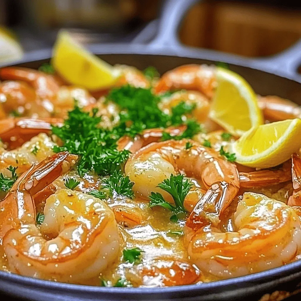 - 1 lb large shrimp, peeled and deveined - 4 tablespoons unsalted butter - 4 cloves garlic, finely minced - 1 lemon, freshly juiced - 2 tablespoons fresh parsley, finely chopped - Skillet - Tongs - Measuring spoons - Calories per serving: About 250 - Fat: 18g - Carbohydrates: 2g - Protein: 22g In this dish, you will find shrimp as the star. Shrimp is not only tasty, it cooks fast. This helps make the meal quick and easy. You also need butter. Unsalted butter gives a rich flavor and keeps the dish light. Garlic is another key ingredient. It adds a strong, savory taste. Use fresh garlic for the best flavor. The lemon juice brings brightness. It cuts through the richness of the butter. Lastly, parsley adds color and a fresh touch. For tools, a skillet is required. A good skillet helps with even cooking. You will need tongs to flip the shrimp easily. Measuring spoons ensure you use the right amounts of garlic and butter. Now let's talk about nutrition. Each serving has about 250 calories. This dish is low in carbs, making it great for many diets. The shrimp provides a good amount of protein. This keeps you full longer. The balance of fat from butter and protein makes it satisfying. For details on the cooking process, you can find the Full Recipe. - Rinse and dry shrimp - Mince garlic and chop parsley - Juice lemon First, rinse the shrimp under cold water. This will help remove any dirt. After rinsing, pat them dry with a paper towel. Use a clean plate to keep them ready. Next, mince the garlic finely. This way, it will release its flavor well. Chop the parsley into small pieces for a fresh touch. Lastly, juice the lemon. You need about two tablespoons of juice. This will add a nice zing to the dish. - Melt butter in a skillet - Sauté garlic until fragrant - Add shrimp and cook until pink Now, take a skillet and melt the butter over medium heat. Make sure it does not brown. Swirl the pan to help the butter melt evenly. Once melted, add the minced garlic. Sauté it for 1-2 minutes. You want it fragrant and not brown. Next, raise the heat a bit to medium-high. Add the shrimp to the skillet in a single layer. Let them cook for 2-3 minutes. They should turn pink on one side. Flip them over to cook the other side. - Add lemon juice for flavor - Stir in parsley - Serve hot in a dish After the shrimp turn pink, drizzle the lemon juice over them. Cook for another 1-2 minutes. The shrimp should be fully cooked and opaque. Remove the skillet from heat. Sprinkle the chopped parsley over the shrimp and stir well. This gives the dish a fresh flavor and a pop of color. Serve the shrimp hot in a dish for the best taste. Check out the Full Recipe for more details on this delightful meal! To pick fresh shrimp, look for a slight sheen. They should smell like the ocean, not fishy. If they feel firm and bounce back when pressed, they are fresh. Cooking times vary by size. For large shrimp, 2-3 minutes per side works well. For smaller shrimp, reduce the time to 1-2 minutes. To avoid overcooking, watch for their color. Shrimp turn pink and opaque when ready. Remove them from heat as soon as they are done. The right amount of butter makes a difference. Four tablespoons adds richness without being too greasy. You can adjust this based on taste preferences. When choosing garlic, fresh is best. It gives a strong flavor that dried garlic lacks. If you want to change it up, add herbs like thyme or spices like red pepper flakes. These will give your dish a new twist. Pair this dish with rice or pasta for a hearty meal. Garlic butter shrimp also goes well with a side of steamed vegetables. For garnishes, lemon slices and parsley add color and flavor. A fresh salad can brighten the plate too. As for drinks, a crisp white wine complements the dish nicely. Sparkling water with lemon is a refreshing non-alcoholic option. Enjoy your meal! For the full recipe, check out the details above. {{image_4}} - <strong>Using alternative shrimp types</strong>: You can use medium or small shrimp for this dish. They cook faster and still taste great. – <strong>Dairy-free butter options</strong>: If you want a dairy-free option, try using olive oil or coconut oil. They add a nice flavor too. – <strong>Different citrus juices</strong>: Swap lemon juice for lime or orange juice. Each brings its own unique twist to the dish. – <strong>Adding spices like red pepper flakes</strong>: If you like heat, sprinkle in some red pepper flakes. They add a nice kick to the shrimp. – <strong>Incorporating vegetables like spinach</strong>: Toss in a handful of fresh spinach while cooking. It adds color and extra nutrients. – <strong>Making it a creamy garlic butter shrimp</strong>: Stir in some heavy cream at the end for a rich, creamy sauce. It’s a delicious change! – <strong>Turning it into a shrimp pasta dish</strong>: Serve the shrimp over cooked pasta. Add the sauce for a filling meal. – <strong>Skewered shrimp for grilling</strong>: Thread the shrimp onto skewers and grill them. This adds a smoky flavor that’s perfect for summer. – <strong>Shrimp tacos with a twist</strong>: Use the shrimp in soft tortillas with your favorite toppings. It’s a fun and tasty way to enjoy shrimp! For the full steps and details, check out the Full Recipe. How long can garlic butter shrimp last? Garlic butter shrimp can last in the fridge for about 2-3 days. Store it in a sealable container to keep it fresh. Proper storage containers Use airtight containers to prevent air from getting in. Glass or plastic containers work well. Can you freeze cooked shrimp? Yes, you can freeze cooked shrimp. It stays good in the freezer for about 2-3 months. Best practices for freezing and reheating Wrap shrimp tightly in plastic wrap or foil. Place them in freezer bags. When reheating, thaw in the fridge overnight for the best results. Best methods to reheat without drying out Reheat garlic butter shrimp on low heat. You can use a skillet or microwave. Add a splash of water or butter to keep it moist. Time adjustments based on serving size For small servings, heat for about 1-2 minutes. Larger servings may take 3-5 minutes. Always check to avoid overcooking. For the full recipe, check out the [Full Recipe]. To clean shrimp, follow these steps: – Rinse the shrimp under cold running water. – Use your fingers to remove any debris. – Pat the shrimp dry with a paper towel. – Place the cleaned shrimp on a clean plate. Cleaning shrimp is quick and easy. Keeping them fresh helps your dish shine. Yes, you can use frozen shrimp. Here’s how to thaw them: – Place the shrimp in a bowl of cold water. – Let them sit for about 15-20 minutes. – Change the water halfway for faster thawing. When using frozen shrimp, cook them a bit longer. This ensures they heat through properly. Look for these signs: – Shrimp turn pink and opaque. – They curl into a C-shape. – The flesh feels firm to the touch. These cues mean your shrimp are done and ready to eat. Yes, you can! Try these flavor boosters instead: – Use shallots for a mild onion taste. – Add fresh herbs like basil or cilantro. – Incorporate spices like paprika or cumin. These alternatives can still make your dish tasty and unique. Explore these options for a fun twist on the recipe. For the full recipe, check out Garlic Butter Shrimp Delight. In this post, we explored a simple garlic butter shrimp recipe. We covered the main ingredients, tools needed, and nutritional info. The step-by-step instructions make cooking easy and fun. Tips on perfecting shrimp and serving ideas enhance your dish. Variations allow you to tailor it to your taste. Remember to store your shrimp properly to enjoy leftovers. Whether for a quick dinner or a special occasion, this dish shines. Get cooking and enjoy the delicious experience you’ve created!” /></p>
</p>
<h2>Variations</h2>
</p>
<h3>Ingredient Swaps</h3>
<p>– <strong>Using alternative shrimp types</strong>: You can use medium or small shrimp for this dish. They cook faster and still taste great.</p>
<p>– <strong>Dairy-free butter options</strong>: If you want a dairy-free option, try using olive oil or coconut oil. They add a nice flavor too.</p>
<p>– <strong>Different citrus juices</strong>: Swap lemon juice for lime or orange juice. Each brings its own unique twist to the dish.</p>
</p>
<h3>Flavor Enhancements</h3>
<p>– <strong>Adding spices like red pepper flakes</strong>: If you like heat, sprinkle in some red pepper flakes. They add a nice kick to the shrimp.</p>
<p>– <strong>Incorporating vegetables like spinach</strong>: Toss in a handful of fresh spinach while cooking. It adds color and extra nutrients.</p>
<p>– <strong>Making it a creamy garlic butter shrimp</strong>: Stir in some heavy cream at the end for a rich, creamy sauce. It’s a delicious change!</p>
</p>
<h3>Serving Styles</h3>
<p>– <strong>Turning it into a shrimp pasta dish</strong>: Serve the shrimp over cooked pasta. Add the sauce for a filling meal.</p>
<p>– <strong>Skewered shrimp for grilling</strong>: Thread the shrimp onto skewers and grill them. This adds a smoky flavor that’s perfect for summer.</p>
<p>– <strong>Shrimp tacos with a twist</strong>: Use the shrimp in soft tortillas with your favorite toppings. It’s a fun and tasty way to enjoy shrimp!</p>
</p>
<p>For the full steps and details, check out the Full Recipe.</p>
</p>
<h2>Storage Info</h2>
</p>
<h3>Refrigeration Guidelines</h3>
<p>How long can garlic butter shrimp last?</p>
<p>Garlic butter shrimp can last in the fridge for about 2-3 days. Store it in a sealable container to keep it fresh.</p>
</p>
<p>Proper storage containers</p>
<p>Use airtight containers to prevent air from getting in. Glass or plastic containers work well.</p>
</p>
<h3>Freezing Instructions</h3>
<p>Can you freeze cooked shrimp?</p>
<p>Yes, you can freeze cooked shrimp. It stays good in the freezer for about 2-3 months.</p>
</p>
<p>Best practices for freezing and reheating</p>
<p>Wrap shrimp tightly in plastic wrap or foil. Place them in freezer bags. When reheating, thaw in the fridge overnight for the best results.</p>
</p>
<h3>Reheating Tips</h3>
<p>Best methods to reheat without drying out</p>
<p>Reheat garlic butter shrimp on low heat. You can use a skillet or microwave. Add a splash of water or butter to keep it moist.</p>
</p>
<p>Time adjustments based on serving size</p>
<p>For small servings, heat for about 1-2 minutes. Larger servings may take 3-5 minutes. Always check to avoid overcooking.</p>
</p>
<p>For the full recipe, check out the [Full Recipe].</p>
</p>
<h2>FAQs</h2>
</p>
<h3>What is the best way to clean shrimp?</h3>
<p>To clean shrimp, follow these steps:</p>
<p>– Rinse the shrimp under cold running water.</p>
<p>– Use your fingers to remove any debris.</p>
<p>– Pat the shrimp dry with a paper towel.</p>
<p>– Place the cleaned shrimp on a clean plate.</p>
</p>
<p>Cleaning shrimp is quick and easy. Keeping them fresh helps your dish shine.</p>
</p>
<h3>Can I use frozen shrimp for this recipe?</h3>
<p>Yes, you can use frozen shrimp. Here’s how to thaw them:</p>
<p>– Place the shrimp in a bowl of cold water.</p>
<p>– Let them sit for about 15-20 minutes.</p>
<p>– Change the water halfway for faster thawing.</p>
</p>
<p>When using frozen shrimp, cook them a bit longer. This ensures they heat through properly.</p>
</p>
<h3>How do I know when shrimp are fully cooked?</h3>
<p>Look for these signs:</p>
<p>– Shrimp turn pink and opaque.</p>
<p>– They curl into a C-shape.</p>
<p>– The flesh feels firm to the touch.</p>
</p>
<p>These cues mean your shrimp are done and ready to eat.</p>
</p>
<h3>Can I make this recipe without garlic?</h3>
<p>Yes, you can! Try these flavor boosters instead:</p>
<p>– Use shallots for a mild onion taste.</p>
<p>– Add fresh herbs like basil or cilantro.</p>
<p>– Incorporate spices like paprika or cumin.</p>
</p>
<p>These alternatives can still make your dish tasty and unique. Explore these options for a fun twist on the recipe. For the full recipe, check out Garlic Butter Shrimp Delight.</p>
</p>
<p>In this post, we explored a simple garlic butter shrimp recipe. We covered the main ingredients, tools needed, and nutritional info. The step-by-step instructions make cooking easy and fun. Tips on perfecting shrimp and serving ideas enhance your dish. Variations allow you to tailor it to your taste. Remember to store your shrimp properly to enjoy leftovers. Whether for a quick dinner or a special occasion, this dish shines. Get cooking and enjoy the delicious experience you’ve created!</p>
<div id=