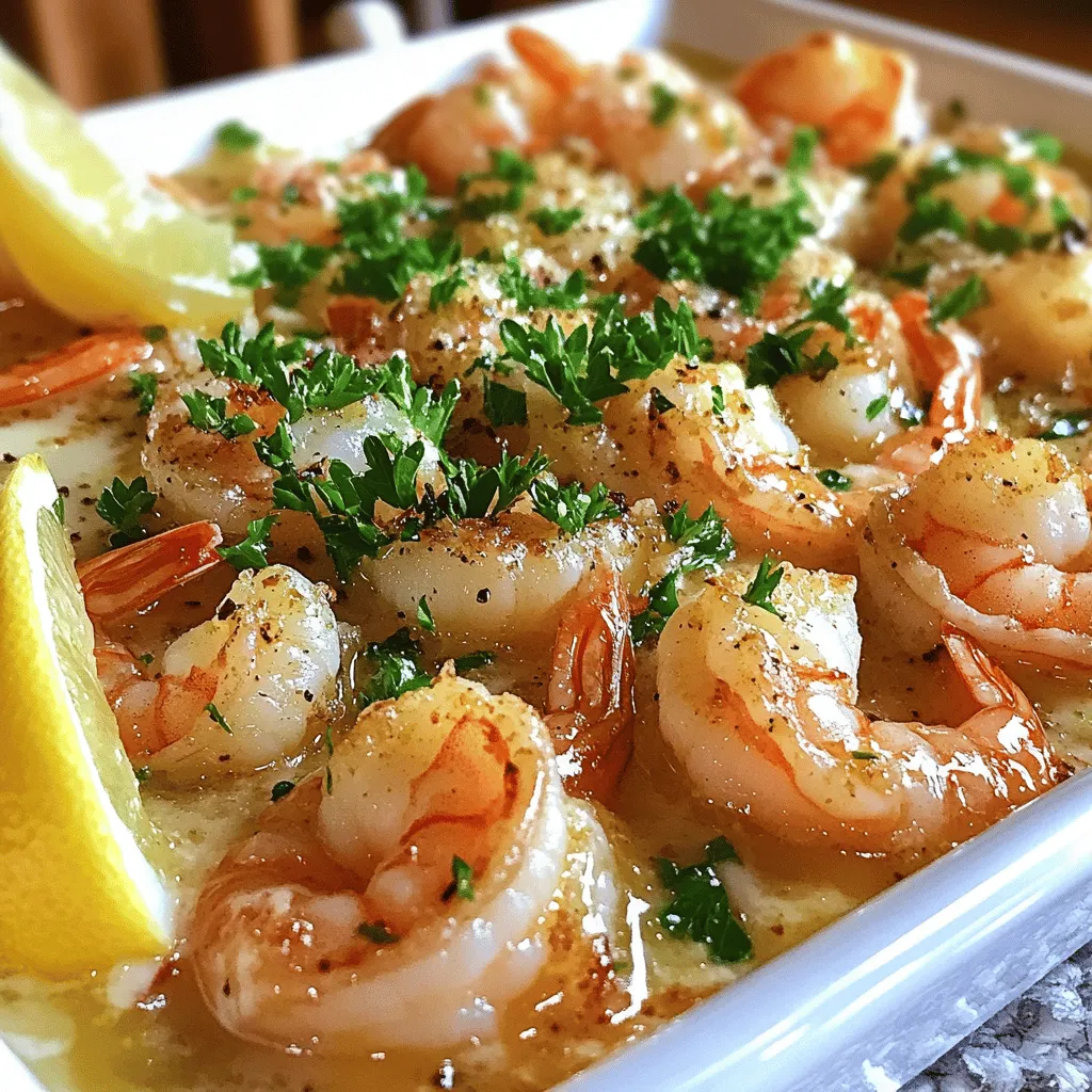 - 1 lb large shrimp, peeled and deveined - 4 tablespoons unsalted butter - 4 cloves garlic, finely minced - 1 lemon, freshly juiced - 2 tablespoons fresh parsley, finely chopped - Skillet - Tongs - Measuring spoons - Calories per serving: About 250 - Fat: 18g - Carbohydrates: 2g - Protein: 22g In this dish, you will find shrimp as the star. Shrimp is not only tasty, it cooks fast. This helps make the meal quick and easy. You also need butter. Unsalted butter gives a rich flavor and keeps the dish light. Garlic is another key ingredient. It adds a strong, savory taste. Use fresh garlic for the best flavor. The lemon juice brings brightness. It cuts through the richness of the butter. Lastly, parsley adds color and a fresh touch. For tools, a skillet is required. A good skillet helps with even cooking. You will need tongs to flip the shrimp easily. Measuring spoons ensure you use the right amounts of garlic and butter. Now let's talk about nutrition. Each serving has about 250 calories. This dish is low in carbs, making it great for many diets. The shrimp provides a good amount of protein. This keeps you full longer. The balance of fat from butter and protein makes it satisfying. For details on the cooking process, you can find the Full Recipe. - Rinse and dry shrimp - Mince garlic and chop parsley - Juice lemon First, rinse the shrimp under cold water. This will help remove any dirt. After rinsing, pat them dry with a paper towel. Use a clean plate to keep them ready. Next, mince the garlic finely. This way, it will release its flavor well. Chop the parsley into small pieces for a fresh touch. Lastly, juice the lemon. You need about two tablespoons of juice. This will add a nice zing to the dish. - Melt butter in a skillet - Sauté garlic until fragrant - Add shrimp and cook until pink Now, take a skillet and melt the butter over medium heat. Make sure it does not brown. Swirl the pan to help the butter melt evenly. Once melted, add the minced garlic. Sauté it for 1-2 minutes. You want it fragrant and not brown. Next, raise the heat a bit to medium-high. Add the shrimp to the skillet in a single layer. Let them cook for 2-3 minutes. They should turn pink on one side. Flip them over to cook the other side. - Add lemon juice for flavor - Stir in parsley - Serve hot in a dish After the shrimp turn pink, drizzle the lemon juice over them. Cook for another 1-2 minutes. The shrimp should be fully cooked and opaque. Remove the skillet from heat. Sprinkle the chopped parsley over the shrimp and stir well. This gives the dish a fresh flavor and a pop of color. Serve the shrimp hot in a dish for the best taste. Check out the Full Recipe for more details on this delightful meal! To pick fresh shrimp, look for a slight sheen. They should smell like the ocean, not fishy. If they feel firm and bounce back when pressed, they are fresh. Cooking times vary by size. For large shrimp, 2-3 minutes per side works well. For smaller shrimp, reduce the time to 1-2 minutes. To avoid overcooking, watch for their color. Shrimp turn pink and opaque when ready. Remove them from heat as soon as they are done. The right amount of butter makes a difference. Four tablespoons adds richness without being too greasy. You can adjust this based on taste preferences. When choosing garlic, fresh is best. It gives a strong flavor that dried garlic lacks. If you want to change it up, add herbs like thyme or spices like red pepper flakes. These will give your dish a new twist. Pair this dish with rice or pasta for a hearty meal. Garlic butter shrimp also goes well with a side of steamed vegetables. For garnishes, lemon slices and parsley add color and flavor. A fresh salad can brighten the plate too. As for drinks, a crisp white wine complements the dish nicely. Sparkling water with lemon is a refreshing non-alcoholic option. Enjoy your meal! For the full recipe, check out the details above. {{image_4}} - Using alternative shrimp types: You can use medium or small shrimp for this dish. They cook faster and still taste great. - Dairy-free butter options: If you want a dairy-free option, try using olive oil or coconut oil. They add a nice flavor too. - Different citrus juices: Swap lemon juice for lime or orange juice. Each brings its own unique twist to the dish. - Adding spices like red pepper flakes: If you like heat, sprinkle in some red pepper flakes. They add a nice kick to the shrimp. - Incorporating vegetables like spinach: Toss in a handful of fresh spinach while cooking. It adds color and extra nutrients. - Making it a creamy garlic butter shrimp: Stir in some heavy cream at the end for a rich, creamy sauce. It's a delicious change! - Turning it into a shrimp pasta dish: Serve the shrimp over cooked pasta. Add the sauce for a filling meal. - Skewered shrimp for grilling: Thread the shrimp onto skewers and grill them. This adds a smoky flavor that's perfect for summer. - Shrimp tacos with a twist: Use the shrimp in soft tortillas with your favorite toppings. It's a fun and tasty way to enjoy shrimp! For the full steps and details, check out the Full Recipe. How long can garlic butter shrimp last? Garlic butter shrimp can last in the fridge for about 2-3 days. Store it in a sealable container to keep it fresh. Proper storage containers Use airtight containers to prevent air from getting in. Glass or plastic containers work well. Can you freeze cooked shrimp? Yes, you can freeze cooked shrimp. It stays good in the freezer for about 2-3 months. Best practices for freezing and reheating Wrap shrimp tightly in plastic wrap or foil. Place them in freezer bags. When reheating, thaw in the fridge overnight for the best results. Best methods to reheat without drying out Reheat garlic butter shrimp on low heat. You can use a skillet or microwave. Add a splash of water or butter to keep it moist. Time adjustments based on serving size For small servings, heat for about 1-2 minutes. Larger servings may take 3-5 minutes. Always check to avoid overcooking. For the full recipe, check out the [Full Recipe]. To clean shrimp, follow these steps: - Rinse the shrimp under cold running water. - Use your fingers to remove any debris. - Pat the shrimp dry with a paper towel. - Place the cleaned shrimp on a clean plate. Cleaning shrimp is quick and easy. Keeping them fresh helps your dish shine. Yes, you can use frozen shrimp. Here’s how to thaw them: - Place the shrimp in a bowl of cold water. - Let them sit for about 15-20 minutes. - Change the water halfway for faster thawing. When using frozen shrimp, cook them a bit longer. This ensures they heat through properly. Look for these signs: - Shrimp turn pink and opaque. - They curl into a C-shape. - The flesh feels firm to the touch. These cues mean your shrimp are done and ready to eat. Yes, you can! Try these flavor boosters instead: - Use shallots for a mild onion taste. - Add fresh herbs like basil or cilantro. - Incorporate spices like paprika or cumin. These alternatives can still make your dish tasty and unique. Explore these options for a fun twist on the recipe. For the full recipe, check out Garlic Butter Shrimp Delight. In this post, we explored a simple garlic butter shrimp recipe. We covered the main ingredients, tools needed, and nutritional info. The step-by-step instructions make cooking easy and fun. Tips on perfecting shrimp and serving ideas enhance your dish. Variations allow you to tailor it to your taste. Remember to store your shrimp properly to enjoy leftovers. Whether for a quick dinner or a special occasion, this dish shines. Get cooking and enjoy the delicious experience you've created!