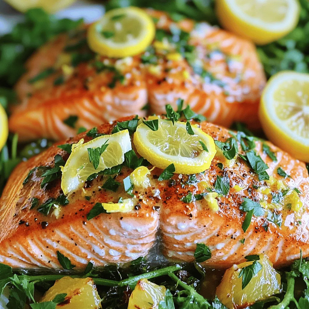To make Lemon Garlic Butter Salmon, you will need the following ingredients: - 4 salmon fillets (about 6 oz each) - 4 tablespoons unsalted butter - 4 cloves garlic, finely minced - 1 tablespoon freshly squeezed lemon juice - Zest of 1 medium lemon - 1 teaspoon dried oregano - Sea salt and freshly cracked black pepper, to taste - Fresh parsley, finely chopped, for garnish - Thin lemon slices, for serving - Optional: 1 teaspoon paprika for an extra pop of color Using fresh ingredients is key to this dish. Fresh salmon brings a rich flavor and firm texture. Fresh garlic adds a punch that can’t be beat. Fresh herbs, like parsley, bring color and brightness to the plate. If you have dietary needs, you can make some easy swaps. For a dairy-free option, use olive oil or coconut oil instead of butter. You can also swap salmon for another fish, like trout or tilapia. This recipe is flexible while maintaining its delicious essence. Check out the Full Recipe for more tips on this amazing dish. 1. <strong>Preheat the Oven</strong>: First, set your oven to 400°F (200°C). This helps cook the salmon evenly. 2. <strong>Make the Garlic Butter Mixture</strong>: In a small pot over low heat, add 4 tablespoons of unsalted butter. Let it melt slowly. Next, stir in 4 minced garlic cloves, 1 tablespoon lemon juice, the zest from 1 lemon, 1 teaspoon dried oregano, sea salt, and black pepper. Cook for another 1-2 minutes. This step fills your kitchen with a lovely aroma. 3. <strong>Arrange Salmon Fillets</strong>: Line a large baking sheet with parchment paper. Place 4 salmon fillets skin-side down on the sheet. Pour half of the garlic butter mixture over each fillet. Make sure they are well coated for maximum flavor. 1. <strong>Bake the Salmon</strong>: Put the baking sheet in your preheated oven. Bake the salmon for 12-15 minutes. It’s ready when it flakes easily with a fork. This shows it is moist and perfectly cooked. 2. <strong>Tips for Checking Doneness</strong>: To check if the salmon is done, insert a fork in the thickest part of the fish. If it flakes easily, it’s ready to serve. 3. <strong>Enhance Flavor During Baking</strong>: Halfway through baking, use a spoon to drizzle the remaining garlic butter over the fillets. This boosts flavor and gives a glossy finish. Enjoy this flavorful dish that is simple to prepare! You can find the full recipe details above. To bake salmon well, avoid common mistakes. First, do not overcook it. Salmon cooks quickly. Check it after 12 minutes. Look for fish that flakes easily with a fork. Adjust cooking time based on fillet thickness. Thicker pieces need more time. A thinner fillet cooks faster. Aim for about 4-6 minutes per half inch of thickness. Keep salmon moist and flavorful. Use plenty of garlic butter. Spoon some on top halfway through baking. This adds flavor and keeps it from drying out. Pair Lemon Garlic Butter Salmon with light side dishes. Steamed asparagus or a fresh salad works well. You can also serve it with rice or quinoa for a heartier meal. For drinks, white wine is a great match. Try a crisp Sauvignon Blanc. If you prefer non-alcoholic options, lemon-infused water is refreshing. Presentation matters too. Serve salmon on a colorful plate. Add a bed of sautéed kale or bright greens. A sprinkle of parsley and a lemon slice on the side brings it all together. This makes your dish look gourmet and inviting. For the full recipe, follow the steps above for a delicious dinner. {{image_4}} You can make Lemon Garlic Butter Salmon even better. Consider adding fresh herbs like thyme or rosemary. These herbs boost flavor and aroma. A sprinkle of crushed red pepper adds heat, if you like spice. Want a twist? Try adding honey to the garlic butter. The sweet touch balances the tart lemon. It creates a glaze that caramelizes beautifully during baking. You’ll love the new depth of flavor. For those on low-carb or keto diets, swap out the butter with ghee. Ghee adds richness without carbs. You can also serve the salmon on a bed of sautéed spinach or zucchini noodles. These choices keep your meal light and healthy. If you want a dairy-free option, use olive oil instead of butter. It still gives great flavor without dairy. Your salmon will taste amazing while fitting your dietary needs. Check out the Full Recipe for more ways to enjoy this dish! To keep your Lemon Garlic Butter Salmon fresh, follow these guidelines: – <strong>Refrigerate</strong> the salmon within two hours of cooking. – <strong>Use airtight containers</strong> to avoid moisture loss and odor absorption. – <strong>Label the containers</strong> with the date for easy tracking. – <strong>Store in the fridge</strong> for up to three days. If you have more leftovers, <strong>freeze</strong> them for longer storage: – Wrap each fillet tightly in plastic wrap. – Place the wrapped fillets in a freezer-safe bag. – Label with the date before freezing. – Frozen salmon lasts for up to three months. Reheating properly keeps your salmon tasty and moist. Here are my top tips: – <strong>Use the oven</strong> for best results. Preheat it to 275°F (135°C). – Place the salmon on a baking sheet. Cover lightly with foil. – Heat for about 15 minutes or until warmed through. You can also use the microwave, but be careful: – Place the salmon on a microwave-safe plate. – Cover with a damp paper towel to keep moisture in. – Heat in short intervals, about 30 seconds at a time, until warm. These methods ensure your Lemon Garlic Butter Salmon stays juicy and flavorful. For the full recipe, check out the section above! <strong>How long to bake salmon at different temperatures?</strong> At 400°F (200°C), salmon takes about 12-15 minutes to bake. For 375°F (190°C), add a few minutes. Always check for flakiness to know it’s done. <strong>Can I use frozen salmon fillets for this recipe?</strong> Yes, you can use frozen salmon. Just thaw it first for even cooking. Place it in the fridge overnight or run it under cold water. <strong>What is the best way to tell if salmon is cooked through?</strong> The best way is to check if it flakes easily with a fork. It should be opaque and not translucent. Salmon is a great source of protein and healthy fats. It is rich in omega-3 fatty acids, which help heart health. Garlic adds flavor and can boost your immune system. Together, they make a nutritious meal. Eating salmon regularly can lower your risk of heart disease. It also supports brain health and may improve mood. This dish, with lemon and garlic, not only tastes great but is good for you too. <strong>Can I grill Lemon Garlic Butter Salmon?</strong> Absolutely! Grilling adds a smoky flavor. Brush the fillets with garlic butter before grilling. Cook on medium heat for about 6-8 minutes per side. <strong>Tips for pan-searing or stovetop options</strong> For pan-searing, use a hot skillet with some oil. Cook for about 4-5 minutes on each side. This method gives a nice crust while keeping the fish moist. Always use medium heat to avoid burning. In this post, we explored the art of making Lemon Garlic Butter Salmon. We covered essential ingredients, preparation, cooking steps, and helpful tips to avoid mistakes. I shared ways to enhance flavors and adapt the recipe for different diets. Remember, fresh ingredients boost taste. With the right techniques, you can serve a delicious meal. Enjoy experimenting with this recipe and make it your own! Your cooking journey starts here.” /></p>
</p>
<h2>Variations</h2>
</p>
<h3>Flavor Enhancements</h3>
</p>
<p>You can make Lemon Garlic Butter Salmon even better. Consider adding fresh herbs like thyme or rosemary. These herbs boost flavor and aroma. A sprinkle of crushed red pepper adds heat, if you like spice.</p>
</p>
<p>Want a twist? Try adding honey to the garlic butter. The sweet touch balances the tart lemon. It creates a glaze that caramelizes beautifully during baking. You’ll love the new depth of flavor.</p>
</p>
<h3>Dietary Variations</h3>
</p>
<p>For those on low-carb or keto diets, swap out the butter with ghee. Ghee adds richness without carbs. You can also serve the salmon on a bed of sautéed spinach or zucchini noodles. These choices keep your meal light and healthy.</p>
</p>
<p>If you want a dairy-free option, use olive oil instead of butter. It still gives great flavor without dairy. Your salmon will taste amazing while fitting your dietary needs.</p>
</p>
<p>Check out the Full Recipe for more ways to enjoy this dish!</p>
</p>
<h2>Storage Info</h2>
</p>
<h3>Storing Leftovers</h3>
<p>To keep your Lemon Garlic Butter Salmon fresh, follow these guidelines:</p>
</p>
<p>– <strong>Refrigerate</strong> the salmon within two hours of cooking.</p>
<p>– <strong>Use airtight containers</strong> to avoid moisture loss and odor absorption.</p>
<p>– <strong>Label the containers</strong> with the date for easy tracking.</p>
<p>– <strong>Store in the fridge</strong> for up to three days.</p>
</p>
<p>If you have more leftovers, <strong>freeze</strong> them for longer storage:</p>
</p>
<p>– Wrap each fillet tightly in plastic wrap.</p>
<p>– Place the wrapped fillets in a freezer-safe bag.</p>
<p>– Label with the date before freezing.</p>
<p>– Frozen salmon lasts for up to three months.</p>
</p>
<h3>Reheating Tips</h3>
<p>Reheating properly keeps your salmon tasty and moist. Here are my top tips:</p>
</p>
<p>– <strong>Use the oven</strong> for best results. Preheat it to 275°F (135°C).</p>
<p>– Place the salmon on a baking sheet. Cover lightly with foil.</p>
<p>– Heat for about 15 minutes or until warmed through.</p>
</p>
<p>You can also use the microwave, but be careful:</p>
</p>
<p>– Place the salmon on a microwave-safe plate.</p>
<p>– Cover with a damp paper towel to keep moisture in.</p>
<p>– Heat in short intervals, about 30 seconds at a time, until warm.</p>
</p>
<p>These methods ensure your Lemon Garlic Butter Salmon stays juicy and flavorful. For the full recipe, check out the section above!</p>
</p>
<h2>FAQs</h2>
</p>
<h3>Common Questions about Lemon Garlic Butter Salmon</h3>
</p>
<p><strong>How long to bake salmon at different temperatures?</strong></p>
<p>At 400°F (200°C), salmon takes about 12-15 minutes to bake. For 375°F (190°C), add a few minutes. Always check for flakiness to know it’s done.</p>
</p>
<p><strong>Can I use frozen salmon fillets for this recipe?</strong></p>
<p>Yes, you can use frozen salmon. Just thaw it first for even cooking. Place it in the fridge overnight or run it under cold water.</p>
</p>
<p><strong>What is the best way to tell if salmon is cooked through?</strong></p>
<p>The best way is to check if it flakes easily with a fork. It should be opaque and not translucent.</p>
</p>
<h3>Nutritional Information</h3>
</p>
<p>Salmon is a great source of protein and healthy fats. It is rich in omega-3 fatty acids, which help heart health. Garlic adds flavor and can boost your immune system. Together, they make a nutritious meal.</p>
</p>
<p>Eating salmon regularly can lower your risk of heart disease. It also supports brain health and may improve mood. This dish, with lemon and garlic, not only tastes great but is good for you too.</p>
</p>
<h3>Other Cooking Methods</h3>
</p>
<p><strong>Can I grill Lemon Garlic Butter Salmon?</strong></p>
<p>Absolutely! Grilling adds a smoky flavor. Brush the fillets with garlic butter before grilling. Cook on medium heat for about 6-8 minutes per side.</p>
</p>
<p><strong>Tips for pan-searing or stovetop options</strong></p>
<p>For pan-searing, use a hot skillet with some oil. Cook for about 4-5 minutes on each side. This method gives a nice crust while keeping the fish moist. Always use medium heat to avoid burning.</p>
</p>
<p>In this post, we explored the art of making Lemon Garlic Butter Salmon. We covered essential ingredients, preparation, cooking steps, and helpful tips to avoid mistakes. I shared ways to enhance flavors and adapt the recipe for different diets.</p>
</p>
<p>Remember, fresh ingredients boost taste. With the right techniques, you can serve a delicious meal. Enjoy experimenting with this recipe and make it your own! Your cooking journey starts here.</p>
<div id=