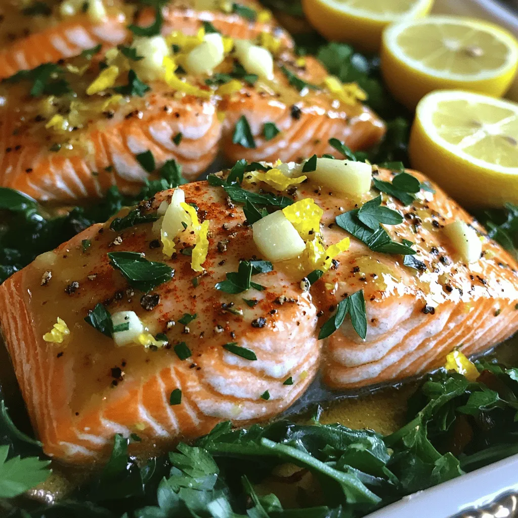 To make Lemon Garlic Butter Salmon, you will need the following ingredients: - 4 salmon fillets (about 6 oz each) - 4 tablespoons unsalted butter - 4 cloves garlic, finely minced - 1 tablespoon freshly squeezed lemon juice - Zest of 1 medium lemon - 1 teaspoon dried oregano - Sea salt and freshly cracked black pepper, to taste - Fresh parsley, finely chopped, for garnish - Thin lemon slices, for serving - Optional: 1 teaspoon paprika for an extra pop of color Using fresh ingredients is key to this dish. Fresh salmon brings a rich flavor and firm texture. Fresh garlic adds a punch that can’t be beat. Fresh herbs, like parsley, bring color and brightness to the plate. If you have dietary needs, you can make some easy swaps. For a dairy-free option, use olive oil or coconut oil instead of butter. You can also swap salmon for another fish, like trout or tilapia. This recipe is flexible while maintaining its delicious essence. Check out the Full Recipe for more tips on this amazing dish. 1. Preheat the Oven: First, set your oven to 400°F (200°C). This helps cook the salmon evenly. 2. Make the Garlic Butter Mixture: In a small pot over low heat, add 4 tablespoons of unsalted butter. Let it melt slowly. Next, stir in 4 minced garlic cloves, 1 tablespoon lemon juice, the zest from 1 lemon, 1 teaspoon dried oregano, sea salt, and black pepper. Cook for another 1-2 minutes. This step fills your kitchen with a lovely aroma. 3. Arrange Salmon Fillets: Line a large baking sheet with parchment paper. Place 4 salmon fillets skin-side down on the sheet. Pour half of the garlic butter mixture over each fillet. Make sure they are well coated for maximum flavor. 1. Bake the Salmon: Put the baking sheet in your preheated oven. Bake the salmon for 12-15 minutes. It’s ready when it flakes easily with a fork. This shows it is moist and perfectly cooked. 2. Tips for Checking Doneness: To check if the salmon is done, insert a fork in the thickest part of the fish. If it flakes easily, it’s ready to serve. 3. Enhance Flavor During Baking: Halfway through baking, use a spoon to drizzle the remaining garlic butter over the fillets. This boosts flavor and gives a glossy finish. Enjoy this flavorful dish that is simple to prepare! You can find the full recipe details above. To bake salmon well, avoid common mistakes. First, do not overcook it. Salmon cooks quickly. Check it after 12 minutes. Look for fish that flakes easily with a fork. Adjust cooking time based on fillet thickness. Thicker pieces need more time. A thinner fillet cooks faster. Aim for about 4-6 minutes per half inch of thickness. Keep salmon moist and flavorful. Use plenty of garlic butter. Spoon some on top halfway through baking. This adds flavor and keeps it from drying out. Pair Lemon Garlic Butter Salmon with light side dishes. Steamed asparagus or a fresh salad works well. You can also serve it with rice or quinoa for a heartier meal. For drinks, white wine is a great match. Try a crisp Sauvignon Blanc. If you prefer non-alcoholic options, lemon-infused water is refreshing. Presentation matters too. Serve salmon on a colorful plate. Add a bed of sautéed kale or bright greens. A sprinkle of parsley and a lemon slice on the side brings it all together. This makes your dish look gourmet and inviting. For the full recipe, follow the steps above for a delicious dinner. {{image_4}} You can make Lemon Garlic Butter Salmon even better. Consider adding fresh herbs like thyme or rosemary. These herbs boost flavor and aroma. A sprinkle of crushed red pepper adds heat, if you like spice. Want a twist? Try adding honey to the garlic butter. The sweet touch balances the tart lemon. It creates a glaze that caramelizes beautifully during baking. You’ll love the new depth of flavor. For those on low-carb or keto diets, swap out the butter with ghee. Ghee adds richness without carbs. You can also serve the salmon on a bed of sautéed spinach or zucchini noodles. These choices keep your meal light and healthy. If you want a dairy-free option, use olive oil instead of butter. It still gives great flavor without dairy. Your salmon will taste amazing while fitting your dietary needs. Check out the Full Recipe for more ways to enjoy this dish! To keep your Lemon Garlic Butter Salmon fresh, follow these guidelines: - Refrigerate the salmon within two hours of cooking. - Use airtight containers to avoid moisture loss and odor absorption. - Label the containers with the date for easy tracking. - Store in the fridge for up to three days. If you have more leftovers, freeze them for longer storage: - Wrap each fillet tightly in plastic wrap. - Place the wrapped fillets in a freezer-safe bag. - Label with the date before freezing. - Frozen salmon lasts for up to three months. Reheating properly keeps your salmon tasty and moist. Here are my top tips: - Use the oven for best results. Preheat it to 275°F (135°C). - Place the salmon on a baking sheet. Cover lightly with foil. - Heat for about 15 minutes or until warmed through. You can also use the microwave, but be careful: - Place the salmon on a microwave-safe plate. - Cover with a damp paper towel to keep moisture in. - Heat in short intervals, about 30 seconds at a time, until warm. These methods ensure your Lemon Garlic Butter Salmon stays juicy and flavorful. For the full recipe, check out the section above! How long to bake salmon at different temperatures? At 400°F (200°C), salmon takes about 12-15 minutes to bake. For 375°F (190°C), add a few minutes. Always check for flakiness to know it’s done. Can I use frozen salmon fillets for this recipe? Yes, you can use frozen salmon. Just thaw it first for even cooking. Place it in the fridge overnight or run it under cold water. What is the best way to tell if salmon is cooked through? The best way is to check if it flakes easily with a fork. It should be opaque and not translucent. Salmon is a great source of protein and healthy fats. It is rich in omega-3 fatty acids, which help heart health. Garlic adds flavor and can boost your immune system. Together, they make a nutritious meal. Eating salmon regularly can lower your risk of heart disease. It also supports brain health and may improve mood. This dish, with lemon and garlic, not only tastes great but is good for you too. Can I grill Lemon Garlic Butter Salmon? Absolutely! Grilling adds a smoky flavor. Brush the fillets with garlic butter before grilling. Cook on medium heat for about 6-8 minutes per side. Tips for pan-searing or stovetop options For pan-searing, use a hot skillet with some oil. Cook for about 4-5 minutes on each side. This method gives a nice crust while keeping the fish moist. Always use medium heat to avoid burning. In this post, we explored the art of making Lemon Garlic Butter Salmon. We covered essential ingredients, preparation, cooking steps, and helpful tips to avoid mistakes. I shared ways to enhance flavors and adapt the recipe for different diets. Remember, fresh ingredients boost taste. With the right techniques, you can serve a delicious meal. Enjoy experimenting with this recipe and make it your own! Your cooking journey starts here.