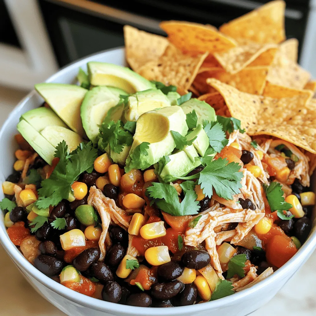 - 1.5 lbs boneless, skinless chicken breasts - 1 (15 oz) can black beans, rinsed and drained - 1 (15 oz) can corn, drained - 1 (14.5 oz) can diced tomatoes with green chilies - 1 medium onion, chopped - 2 cloves garlic, minced - 2 teaspoons ground cumin - 1 teaspoon chili powder - 1 teaspoon smoked paprika - ½ teaspoon salt - ½ teaspoon black pepper - Juice of 2 limes - Fresh cilantro, chopped (for garnish) - Avocado slices (optional, for serving) - Tortilla chips (optional, for serving)