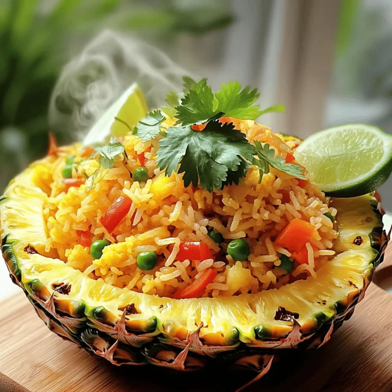 To make Pineapple Fried Rice, gather these must-have items: - 2 cups cooked jasmine rice (day-old preferred for best texture) - 1 ripe pineapple (½ diced, ½ for serving as a bowl) - 1 red bell pepper, diced into small pieces - 1 cup peas and carrots (frozen is perfectly acceptable) - 2 green onions, finely chopped - 3 cloves garlic, minced - 2 tablespoons soy sauce (low-sodium recommended) - 1 tablespoon sesame oil - 1 tablespoon vegetable oil - 2 large eggs (optional, for added protein) - 1 teaspoon freshly grated ginger - Salt and pepper to taste - Fresh cilantro, for garnish - Lime wedges, for serving You can boost the taste of your Pineapple Fried Rice with these options: - Cashews or peanuts for crunch - Red pepper flakes for heat - Fresh basil or mint for a fresh twist - A splash of rice vinegar for tang If you need to swap items, here are some ideas: - Use brown rice instead of jasmine for more fiber - Try coconut oil instead of vegetable oil for a tropical flavor - Substitute tofu for eggs to keep it vegan - Use any vegetables you have on hand, like broccoli or snap peas Feel free to explore your own creative twists with this full recipe! First, grab your ripe pineapple. Cut it in half lengthwise. Use a spoon to scoop out the flesh from one half. Be careful to leave a sturdy shell. Dice the removed pineapple into small cubes. Set these aside for later. This shell will hold your fried rice, making your dish look amazing. If you want eggs in your fried rice, heat a large skillet over medium heat. Add one tablespoon of vegetable oil. In a bowl, whisk the eggs until well mixed. Pour them into the hot skillet. Cook them gently, stirring until they turn light golden and fluffy. This takes about 2-3 minutes. Once cooked, remove the eggs from the skillet and set them aside on a plate. Next, use the same skillet for more flavor. Add the other tablespoon of vegetable oil. Once it’s hot, toss in three cloves of minced garlic and one teaspoon of freshly grated ginger. Sauté for about 30 seconds, stirring constantly. You want it to smell amazing, but don't let the garlic burn. Now, add one diced red bell pepper, one cup of peas and carrots, and the reserved diced pineapple. Stir-fry this mixture for about 3-4 minutes. You want the veggies to be bright and tender-crisp. Then, gently add in two cups of cooked jasmine rice. Break up any clumps as you mix. Drizzle in two tablespoons of low-sodium soy sauce and one tablespoon of sesame oil. Stir well to combine everything. Taste the rice and add salt and pepper as needed. Finally, fold in the scrambled eggs. Mix them evenly throughout the fried rice. Add two finely chopped green onions for a fresh burst of flavor. Now, remove the skillet from the heat. Spoon the colorful fried rice into the hollowed-out pineapple half. This makes for a stunning presentation. If you prefer, you can serve it in a bowl instead. Garnish with some fresh cilantro and add lime wedges on the side. These will add a bright pop of flavor when squeezed over the rice. Enjoy your beautiful dish! To get the best texture for your fried rice, use day-old jasmine rice. Fresh rice holds too much moisture, making it sticky. If you don't have day-old rice, spread fresh rice on a tray and chill it for 30 minutes. This helps cool it down and dry it out. When you fry it, the rice should be fluffy and separate. For great flavor, add soy sauce and sesame oil directly to the rice. This gives a nice umami taste. You can also mix in fresh ginger and garlic for an aromatic boost. Adjust the salt and pepper to your taste. Consider adding a splash of lime juice at the end for a fresh twist. If you like spice, add some red pepper flakes or chopped chili. To impress your guests, serve your fried rice in the hollowed-out pineapple. It looks fun and tropical! You can also sprinkle fresh cilantro on top for color. Lime wedges on the side add a pop of brightness. Using colorful veggies like red bell peppers and green onions makes the dish more appealing. Always aim for a beautiful presentation; it enhances the whole dining experience. For detailed cooking steps and a complete list of ingredients, check out the Full Recipe. {{image_4}} You can easily make pineapple fried rice vegan. Just skip the eggs. This dish still tastes great without them. You can add tofu for protein. Firm tofu works best. First, press it to remove excess water. Then, cube it and sauté it until golden. Mix it in with the fried rice for added flavor and texture. If you like meat, chicken or shrimp are great choices. For chicken, use boneless pieces. Cut them into small cubes. Cook them first until they are no longer pink. Add them back in with the rice. For shrimp, use peeled and deveined ones. Cook until they turn pink and curl. Tofu can also be a great option if you want a plant-based dish. Feel free to mix in more veggies. You can add corn, broccoli, or snap peas. These add color and nutrition. You can also use leftover veggies from other meals. Just chop them small, so they cook evenly. This makes your dish more colorful and tasty. Plus, it helps reduce waste in your kitchen. You can find the full recipe here to explore all these options! To keep your pineapple fried rice fresh, cool it down first. Place it in an airtight container. Make sure to store it in the fridge within two hours of cooking. This rice can last up to three days. If you want to save some for later, freezing is a great option. Let the fried rice cool completely. Then, divide it into portions. Use freezer-safe bags or containers. Label them with the date. Frozen pineapple fried rice can last for about one month. When it’s time to reheat, avoid the microwave if you can. Use a skillet on medium heat. Add a splash of water or oil to keep it moist. Stir regularly. If using a microwave, cover it loosely and heat in short bursts. This helps keep the rice from drying out. Enjoy your meal like it was freshly made! Yes, you can use fresh rice. However, day-old jasmine rice works best. It has less moisture, which helps prevent clumping. Fresh rice can be sticky, making it harder to fry. If you use fresh rice, spread it out on a tray to cool before using. This step can help reduce stickiness. The best type of pineapple is a ripe one. Look for a pineapple with a golden color and a sweet smell. Choose one that feels firm but gives a little when pressed. Avoid pineapples with soft spots, as they may be overripe. Fresh pineapple adds a sweet and tangy taste to the dish. To add spice, include sliced jalapeños or red pepper flakes. You can also use sriracha or chili sauce. Start with a small amount, then taste and adjust as needed. The spice will balance the sweetness of the pineapple, giving your dish a nice kick. Yes, you can make Pineapple Fried Rice ahead of time. Prepare it and let it cool. Store it in an airtight container in the fridge for up to three days. When ready to eat, reheat it in a skillet or microwave. Add a little oil to help revive the texture. Pineapple Fried Rice can be gluten-free. Use gluten-free soy sauce or tamari in place of regular soy sauce. The other ingredients are naturally gluten-free. Always check labels to ensure your ingredients meet gluten-free standards. This way, everyone can enjoy this tasty dish. For the full recipe, check the [Full Recipe]. In this post, we explored how to make Pineapple Fried Rice. We covered essential and optional ingredients, plus tasty substitutions. I shared step-by-step cooking instructions to guide you. I also provided tips for texture, flavor, and presentation. You learned about variations for different diets and how to store leftovers. Enjoy your delicious Pineapple Fried Rice! With these tips, you can impress friends and family every time. Happy cooking!