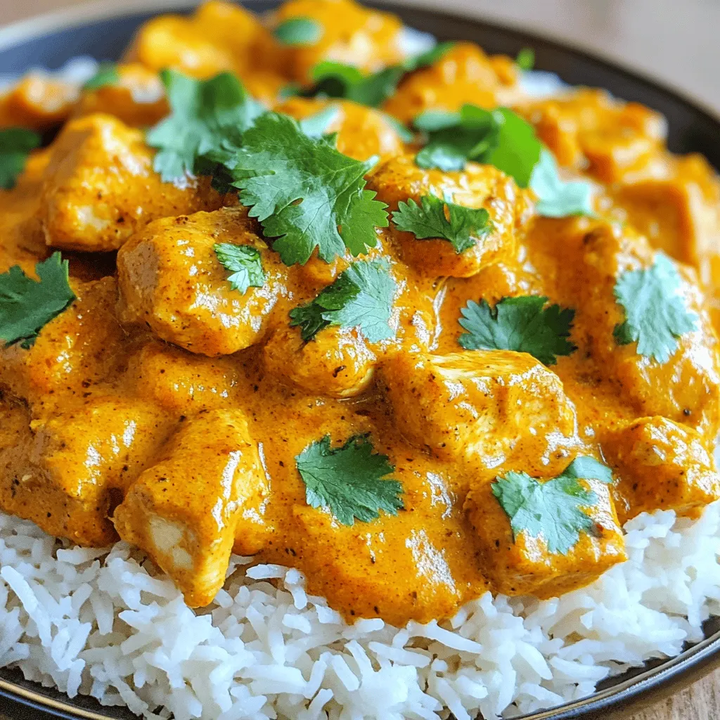 Chicken and Base Ingredients - 2 lbs boneless, skinless chicken thighs, cut into bite-sized pieces - 1 large onion, finely chopped - 4 cloves garlic, minced - 1 tablespoon fresh ginger, grated - 1 can (14 oz) crushed tomatoes - 1 can (13.5 oz) coconut milk - 3 tablespoons tomato paste I love using boneless, skinless chicken thighs for this dish. They stay juicy and tender. The onion, garlic, and ginger form the base of our flavor. They also add depth to the sauce. Crushed tomatoes and coconut milk create a rich, creamy texture. The tomato paste helps to deepen the flavor, making it robust and satisfying. - 2 tablespoons garam masala - 1 tablespoon ground cumin - 1 tablespoon ground coriander - 1 teaspoon turmeric powder - 1 teaspoon paprika - 1 teaspoon cayenne pepper (optional, for those who like it spicy) - Salt and black pepper to taste - 2 tablespoons olive oil Spices are the heart of Chicken Tikka Masala. Garam masala gives it warmth and depth. Ground cumin and coriander add earthiness. Turmeric brightens the sauce with color. Paprika introduces a sweet pepper flavor. Cayenne gives a kick, but you can leave it out if you prefer. Don’t forget to season with salt and black pepper for balance. - Fresh cilantro, chopped (for garnish) - Cooked basmati rice or warm naan for serving For the finishing touch, I recommend fresh cilantro. It adds a pop of color and freshness. Serve your Chicken Tikka Masala over fluffy basmati rice or with warm naan. The rice soaks up the sauce well, while naan is perfect for scooping. This makes for a well-rounded meal that everyone will love. Check out the Full Recipe for more details on preparation! Marinating the Chicken Start with 2 pounds of boneless chicken thighs. Cut them into bite-sized pieces. In a bowl, mix garam masala, ground cumin, ground coriander, turmeric, paprika, cayenne, salt, and black pepper. Add the chicken to this spice mix. Use your hands or a spoon to coat each piece well. This step is key for flavor. Sautéing Aromatics Next, heat 2 tablespoons of olive oil in a skillet over medium heat. Add 1 large chopped onion. Sauté for about 5 minutes until soft and translucent. Then, add 4 minced garlic cloves and 1 tablespoon of grated ginger. Cook for another minute. This mix brings a wonderful aroma to your dish. Combining Ingredients in the Slow Cooker Now, transfer the sautéed onion, garlic, and ginger to your slow cooker. Add the marinated chicken, 1 can of crushed tomatoes, 1 can of coconut milk, and 3 tablespoons of tomato paste. Stir gently to combine everything. Ensure the chicken is covered in the sauce for even cooking. Cooking Time Settings Cover the slow cooker. Set it to low for 6-8 hours or high for 3-4 hours. The chicken should become tender and easy to shred with a fork. This slow cooking really brings out the flavors. Adjusting Seasoning Once the cooking time is up, taste the Chicken Tikka Masala. Adjust the seasoning if needed. You may want to add more salt or spices. Use a fork to break apart the chicken for a hearty texture. This step enhances the dish. Serving Suggestions Serve the Chicken Tikka Masala over fluffy basmati rice or warm naan. Top with fresh chopped cilantro for a burst of color and flavor. This makes your meal not just tasty but also beautiful. Recommended Spice Adjustments To make your chicken tikka masala shine, adjust the spices to fit your taste. If you like it spicy, add more cayenne pepper. For warmth without heat, boost the garam masala. You can also play with the cumin and coriander. Start with small amounts and taste as you go. This way, you build layers of flavor without overwhelming the dish. Techniques for Tender Chicken To keep the chicken tender, choose thighs over breasts. Thighs have more fat, which keeps them juicy. Marinating the chicken for a few hours before cooking helps as well. You can use yogurt and spices for the marinade. It breaks down proteins and adds flavor. When slow cooking, make sure the chicken is fully submerged in sauce. This keeps it moist and tender. Timing Guidelines Timing is key for slow cookers. Cook on low for 6-8 hours or on high for 3-4 hours. If you are short on time, the high setting works well. Just make sure to check the chicken for tenderness. It should shred easily when done. Avoiding Common Mistakes One common mistake is overfilling the slow cooker. Leave some space at the top for steam. If you add too much liquid, the sauce can become watery. Also, avoid opening the lid too often. Each time you open it, you release heat and extend cooking time. Stick to the timer for the best results. For the complete recipe, check the [Full Recipe]. {{image_4}} Using Different Proteins You can swap chicken for other meats. Try turkey or beef for a new taste. If you prefer plant-based options, use chickpeas or tofu. These swaps will keep the dish flavorful and satisfying. Each protein brings its own flavor, making your meal unique. Dairy-Free Alternatives For a dairy-free version, replace coconut milk with almond or cashew milk. These options add creaminess without dairy. You can also skip the cream entirely if you like. The dish remains rich and tasty, perfect for everyone at the table. Adding Vegetables Want to up the nutrition? Add veggies like spinach or bell peppers. They cook well in the slow cooker and add color to your dish. Chopped carrots or peas can also be good choices. This makes the meal more filling and adds extra layers of flavor. Spicing It Up If you love heat, add more cayenne pepper or fresh chili. You can also try different spices like cardamom or cinnamon for warmth. Just a pinch can change the flavor profile. Adjust the spices to your taste, and enjoy a personalized meal every time. To keep your slow cooker chicken tikka masala fresh, proper storage is key. Here are some simple tips: - Refrigerating Leftovers: Once the dish cools, place it in an airtight container. Store it in the fridge for up to three days. This keeps the flavors intact and safe to eat. - Freezing Chicken Tikka Masala: If you want to save some for later, it freezes well. Use a freezer-safe container or a heavy-duty freezer bag. Make sure to remove as much air as possible. It can last for up to three months in the freezer. When you're ready, just thaw it overnight in the fridge before reheating. To enjoy your dish again, reheating properly is important. Here’s how to do it: - Methods for Best Flavor Retention: For the best taste, use the stovetop method. Heat it in a pan over medium heat, stirring often. You can also microwave it in a bowl. Cover it to keep moisture in, and heat in short bursts, stirring in between. - Ensuring Food Safety: Always make sure the chicken reaches 165°F (74°C) when reheating. This ensures it’s safe to eat again. If you see any signs of spoilage, it’s best to throw it away. Can I use chicken breast instead of thighs? Yes, you can use chicken breast. Chicken thighs are juicier and more tender. They add more flavor. Chicken breasts may dry out if cooked too long. If you use breasts, check them often. What can I serve with Chicken Tikka Masala? You can serve Chicken Tikka Masala with: - Fluffy basmati rice - Warm naan bread - A refreshing cucumber salad - Steamed vegetables These sides balance the rich sauce and enhance the meal. How do I make it less spicy? To make it less spicy, omit the cayenne pepper. You can also reduce the amount of garam masala. Adding more coconut milk can help mellow the heat. Taste as you go to find the right balance. For the full recipe, check out the recipe section above. You learned about the key ingredients and steps for a delicious Chicken Tikka Masala. We covered tips for perfecting flavor and shared variations to suit your taste. Remember, slow cookers make it easy and fun. Store leftovers properly to enjoy later. With this knowledge, you can make a dish that impresses everyone. Enjoy crafting your version of Chicken Tikka Masala!