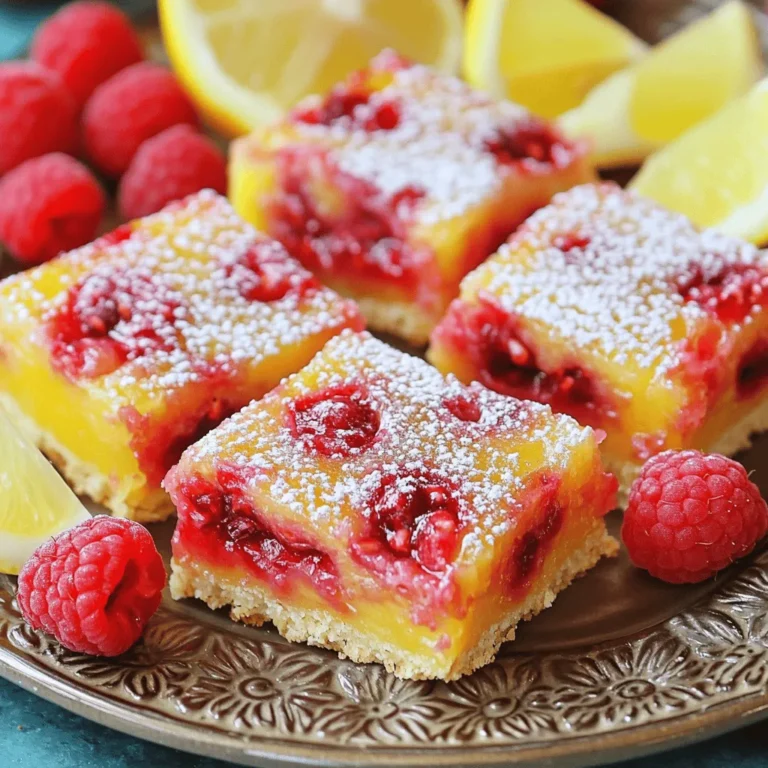 To make these raspberry lemonade bars, you need: - 1 cup all-purpose flour - 1/2 cup powdered sugar (plus extra for dusting) - 1/4 teaspoon salt - 1/2 cup cold unsalted butter, cubed - 2 large eggs - 1 cup granulated sugar - 1/4 cup fresh lemon juice (about 2 lemons) - Zest of 1 lemon - 1 cup fresh raspberries (or thawed frozen raspberries) - 1 tablespoon cornstarch - 1/2 teaspoon baking powder If you don't have some ingredients, don't worry! Here are some easy swaps: - Instead of all-purpose flour, use gluten-free flour for a gluten-free version. - If you run out of powdered sugar, blend granulated sugar until fine. - Use coconut oil or margarine in place of cold unsalted butter. - For a dairy-free option, replace eggs with a flax or chia seed mixture. Fresh raspberries are key to these bars. Here’s how to pick the best ones: - Look for firm berries that are bright in color. - Avoid any raspberries that are mushy or have spots. - Check for mold or moisture in the container. - If you can, smell the raspberries. They should have a sweet, fruity scent. - Buy your raspberries close to when you plan to use them for the best taste. These tips help ensure your raspberry lemonade bars shine with flavor! For the full recipe, check out the entire guide. Start by preheating your oven to 350°F (175°C). This helps create a nice, even bake. While that heats up, grab an 8x8-inch baking dish. You can grease it with butter or line it with parchment paper. Lining makes it easier to lift the bars out later. In a mixing bowl, combine 1 cup of all-purpose flour, 1/2 cup of powdered sugar, and 1/4 teaspoon of salt. Mix these dry ingredients well. Next, add in 1/2 cup of cold, cubed unsalted butter. Using a pastry cutter, or your fingers, mix until it looks like coarse crumbs. You want some pea-sized pieces of butter to stay. Once mixed, take this crumbly mixture and press it into the bottom of your prepared dish. Make sure it’s even. Bake the crust for 15 minutes until it’s just lightly golden around the edges. While the crust bakes, let’s make the filling. In a separate bowl, whisk together 2 large eggs, 1 cup of granulated sugar, 1/4 cup of fresh lemon juice, the zest of 1 lemon, and 1/2 teaspoon of baking powder. You want this mixture to be smooth. Now, for the raspberries! Take 1 cup of fresh raspberries and toss them in another bowl with 1 tablespoon of cornstarch. This helps thicken the filling. Carefully fold these coated berries into your lemon mixture. Be gentle to keep the raspberries whole. Once your crust is baked, pour this raspberry-lemon filling right over it. Spread it out evenly. Bake this in the oven for another 20-25 minutes. The filling should be set but still have a slight jiggle in the center. After baking, let the bars cool completely in the pan. Then, move them to the fridge. Chill them for at least 2 hours. This helps the bars set up nicely. When you're ready, dust them with extra powdered sugar and cut them into squares. Enjoy your flavorful summer delight! For the full recipe, check out the complete guide. To enhance the lemonade flavor, use fresh lemon juice. It brings bright notes and tang. Zesting the lemon adds a lovely aroma and flavor. For a twist, add a splash of lemon extract. This small change elevates the taste. Balance the sweetness with the tartness of raspberries. You want a refreshing punch in every bite. To prevent overbaking, watch the filling closely. When the edges are set, but the center jiggles, it’s ready. Remove it from the oven right away. Overbaking makes the bars dry and less enjoyable. Cooling the bars in the pan also helps them set. Chill them in the fridge for a firm texture. For a stunning presentation, slice the bars evenly into squares. Dust the top with powdered sugar for a touch of elegance. Arrange them on a colorful platter. Garnish with fresh raspberries and lemon wedges. This adds color and freshness to the dish. Your guests will be impressed by the beautiful display. {{image_4}} You can mix up the flavors with different fruits. Try blueberries for a sweet twist. Strawberries add a fun touch, too. If you love tropical flavors, mango works great. Each fruit gives a fresh taste, making your bars unique. Just remember to adjust the sugar based on the fruit's sweetness. No worries if you need gluten-free bars! Swap the all-purpose flour for a gluten-free blend. Make sure it includes xanthan gum for the right texture. The rest of the recipe stays the same. You still get that tasty flavor and soft texture. To make these bars vegan, replace the eggs with a flax egg. Mix one tablespoon of ground flaxseed with three tablespoons of water. Let it sit for five minutes to thicken. Use coconut oil instead of butter for the crust. You can enjoy these fruity treats without eggs or dairy! For the full recipe, check out Raspberry Lemonade Bliss Bars . To keep your Raspberry Lemonade Bars fresh, store them in an airtight container. Place parchment paper between layers to prevent sticking. You can keep them in the fridge for a cool treat. You can freeze these bars for longer storage. First, cut them into squares. Then, wrap each square in plastic wrap. Place all wrapped bars in a freezer bag. They stay good for about three months. When stored in the fridge, the bars last about one week. If frozen, they last around three months. Just thaw them in the fridge before serving. Enjoy the fresh taste of summer any time! For the full recipe, check out the Raspberry Lemonade Bliss Bars! Yes, you can use frozen raspberries. Just thaw them first. Drain any extra juice. Lightly coat the thawed raspberries with cornstarch. This helps keep them from sinking in the filling. Using frozen raspberries can work well, especially when fresh ones are not in season. To tell if the bars are done, look for a few signs. The filling should be set but still jiggle slightly in the center. The edges may turn a light golden color. If you insert a toothpick, it should come out clean or with a few moist crumbs. Keep an eye on the time, usually around 20-25 minutes after adding the filling. There are many fun ways to serve these bars. You can dust them with powdered sugar for a nice touch. Pair them with whipped cream for a creamy contrast. Fresh mint leaves can add an extra pop of color. Serve them on a pretty platter with lemon slices and raspberries for a beautiful display. Consider serving them with iced tea or lemonade for a refreshing treat. For the full recipe, check out the Raspberry Lemonade Bliss Bars section above. This blog post covered how to make delicious Raspberry Lemonade Bars. We explored the key ingredients and offered helpful substitutions. I shared tips for choosing fresh raspberries and explained step-by-step instructions for baking. You learned methods to enhance flavor and avoid overbaking. We also delved into variations, storage options, and answered frequent questions. In the end, these bars are easy to make and perfect for any occasion. Enjoy every bite!