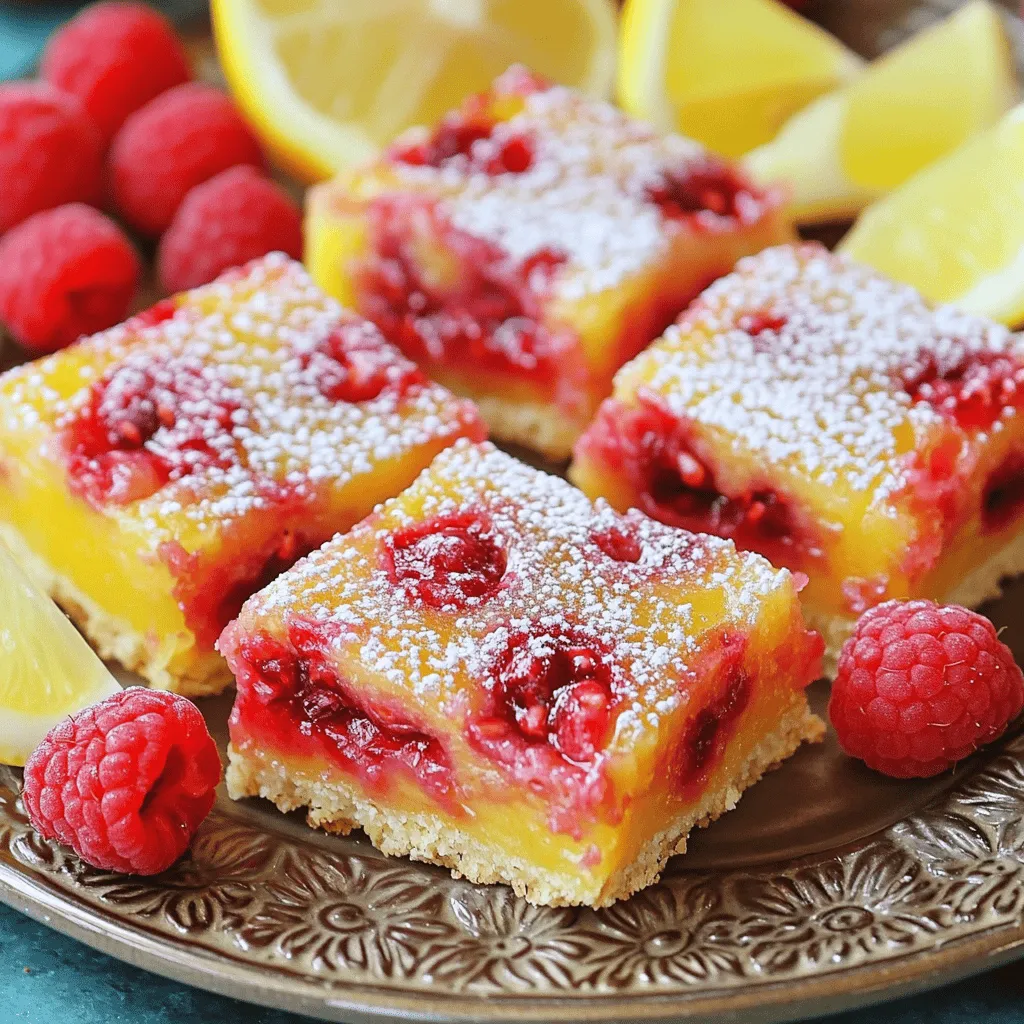 To make these raspberry lemonade bars, you need: - 1 cup all-purpose flour - 1/2 cup powdered sugar (plus extra for dusting) - 1/4 teaspoon salt - 1/2 cup cold unsalted butter, cubed - 2 large eggs - 1 cup granulated sugar - 1/4 cup fresh lemon juice (about 2 lemons) - Zest of 1 lemon - 1 cup fresh raspberries (or thawed frozen raspberries) - 1 tablespoon cornstarch - 1/2 teaspoon baking powder If you don't have some ingredients, don't worry! Here are some easy swaps: - Instead of all-purpose flour, use gluten-free flour for a gluten-free version. - If you run out of powdered sugar, blend granulated sugar until fine. - Use coconut oil or margarine in place of cold unsalted butter. - For a dairy-free option, replace eggs with a flax or chia seed mixture. Fresh raspberries are key to these bars. Here’s how to pick the best ones: - Look for firm berries that are bright in color. - Avoid any raspberries that are mushy or have spots. - Check for mold or moisture in the container. - If you can, smell the raspberries. They should have a sweet, fruity scent. - Buy your raspberries close to when you plan to use them for the best taste. These tips help ensure your raspberry lemonade bars shine with flavor! For the full recipe, check out the entire guide. Start by preheating your oven to 350°F (175°C). This helps create a nice, even bake. While that heats up, grab an 8x8-inch baking dish. You can grease it with butter or line it with parchment paper. Lining makes it easier to lift the bars out later. In a mixing bowl, combine 1 cup of all-purpose flour, 1/2 cup of powdered sugar, and 1/4 teaspoon of salt. Mix these dry ingredients well. Next, add in 1/2 cup of cold, cubed unsalted butter. Using a pastry cutter, or your fingers, mix until it looks like coarse crumbs. You want some pea-sized pieces of butter to stay. Once mixed, take this crumbly mixture and press it into the bottom of your prepared dish. Make sure it’s even. Bake the crust for 15 minutes until it’s just lightly golden around the edges. While the crust bakes, let’s make the filling. In a separate bowl, whisk together 2 large eggs, 1 cup of granulated sugar, 1/4 cup of fresh lemon juice, the zest of 1 lemon, and 1/2 teaspoon of baking powder. You want this mixture to be smooth. Now, for the raspberries! Take 1 cup of fresh raspberries and toss them in another bowl with 1 tablespoon of cornstarch. This helps thicken the filling. Carefully fold these coated berries into your lemon mixture. Be gentle to keep the raspberries whole. Once your crust is baked, pour this raspberry-lemon filling right over it. Spread it out evenly. Bake this in the oven for another 20-25 minutes. The filling should be set but still have a slight jiggle in the center. After baking, let the bars cool completely in the pan. Then, move them to the fridge. Chill them for at least 2 hours. This helps the bars set up nicely. When you're ready, dust them with extra powdered sugar and cut them into squares. Enjoy your flavorful summer delight! For the full recipe, check out the complete guide. To enhance the lemonade flavor, use fresh lemon juice. It brings bright notes and tang. Zesting the lemon adds a lovely aroma and flavor. For a twist, add a splash of lemon extract. This small change elevates the taste. Balance the sweetness with the tartness of raspberries. You want a refreshing punch in every bite. To prevent overbaking, watch the filling closely. When the edges are set, but the center jiggles, it’s ready. Remove it from the oven right away. Overbaking makes the bars dry and less enjoyable. Cooling the bars in the pan also helps them set. Chill them in the fridge for a firm texture. For a stunning presentation, slice the bars evenly into squares. Dust the top with powdered sugar for a touch of elegance. Arrange them on a colorful platter. Garnish with fresh raspberries and lemon wedges. This adds color and freshness to the dish. Your guests will be impressed by the beautiful display. {{image_4}} You can mix up the flavors with different fruits. Try blueberries for a sweet twist. Strawberries add a fun touch, too. If you love tropical flavors, mango works great. Each fruit gives a fresh taste, making your bars unique. Just remember to adjust the sugar based on the fruit's sweetness. No worries if you need gluten-free bars! Swap the all-purpose flour for a gluten-free blend. Make sure it includes xanthan gum for the right texture. The rest of the recipe stays the same. You still get that tasty flavor and soft texture. To make these bars vegan, replace the eggs with a flax egg. Mix one tablespoon of ground flaxseed with three tablespoons of water. Let it sit for five minutes to thicken. Use coconut oil instead of butter for the crust. You can enjoy these fruity treats without eggs or dairy! For the full recipe, check out Raspberry Lemonade Bliss Bars . To keep your Raspberry Lemonade Bars fresh, store them in an airtight container. Place parchment paper between layers to prevent sticking. You can keep them in the fridge for a cool treat. You can freeze these bars for longer storage. First, cut them into squares. Then, wrap each square in plastic wrap. Place all wrapped bars in a freezer bag. They stay good for about three months. When stored in the fridge, the bars last about one week. If frozen, they last around three months. Just thaw them in the fridge before serving. Enjoy the fresh taste of summer any time! For the full recipe, check out the Raspberry Lemonade Bliss Bars! Yes, you can use frozen raspberries. Just thaw them first. Drain any extra juice. Lightly coat the thawed raspberries with cornstarch. This helps keep them from sinking in the filling. Using frozen raspberries can work well, especially when fresh ones are not in season. To tell if the bars are done, look for a few signs. The filling should be set but still jiggle slightly in the center. The edges may turn a light golden color. If you insert a toothpick, it should come out clean or with a few moist crumbs. Keep an eye on the time, usually around 20-25 minutes after adding the filling. There are many fun ways to serve these bars. You can dust them with powdered sugar for a nice touch. Pair them with whipped cream for a creamy contrast. Fresh mint leaves can add an extra pop of color. Serve them on a pretty platter with lemon slices and raspberries for a beautiful display. Consider serving them with iced tea or lemonade for a refreshing treat. For the full recipe, check out the Raspberry Lemonade Bliss Bars section above. This blog post covered how to make delicious Raspberry Lemonade Bars. We explored the key ingredients and offered helpful substitutions. I shared tips for choosing fresh raspberries and explained step-by-step instructions for baking. You learned methods to enhance flavor and avoid overbaking. We also delved into variations, storage options, and answered frequent questions. In the end, these bars are easy to make and perfect for any occasion. Enjoy every bite!