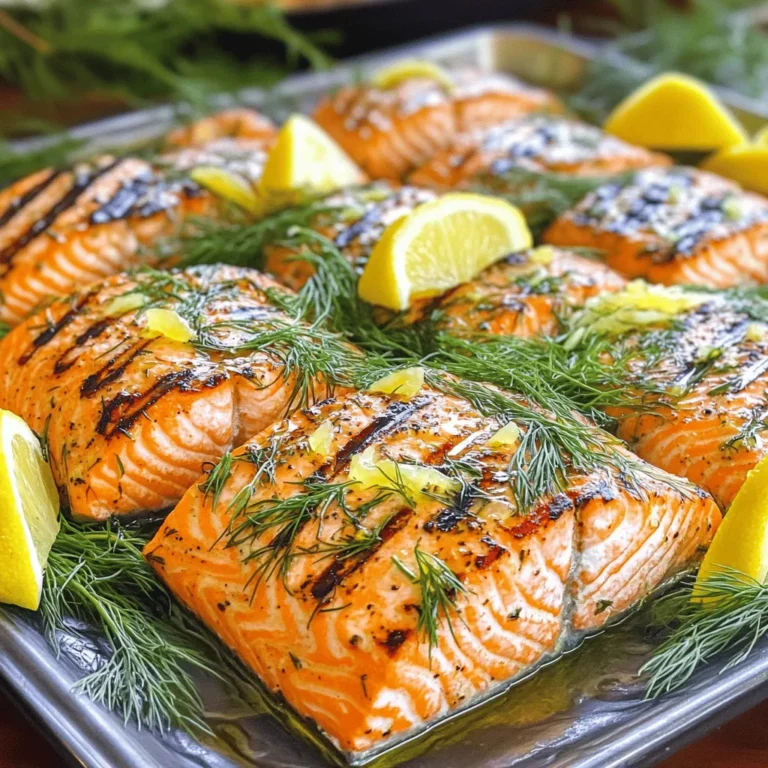 The key to making a great Lemon Dill Grilled Salmon lies in using fresh and simple ingredients. Here’s what you need: - 4 salmon fillets (6 ounces each) - 2 tablespoons extra virgin olive oil - Zest and juice of 2 large lemons - 3 tablespoons fresh dill, finely chopped - 4 cloves garlic, minced - 1 teaspoon Dijon mustard - Sea salt and freshly ground black pepper, to taste - Lemon wedges, for serving These ingredients create a bright and zesty flavor profile. You’ll taste the freshness of the lemons and dill in every bite. The olive oil adds richness, while the garlic brings depth. This blend of flavors makes the salmon both delicious and healthy. For the full recipe, check out the Lemon Dill Grilled Salmon section above. To start, gather your ingredients. In a mixing bowl, combine: - 2 tablespoons extra virgin olive oil - Zest and juice of 2 large lemons - 3 tablespoons fresh dill, finely chopped - 4 cloves garlic, minced - 1 teaspoon Dijon mustard Whisk these ingredients together until smooth. This marinade gives the salmon a bright, fresh flavor. Next, season the marinade with sea salt and freshly ground black pepper. Adjust to your taste. A good balance enhances the dish. Now, take your salmon fillets. Place them skin-side down in a shallow dish. Pour the marinade over the salmon. Make sure each fillet is coated well. Cover the dish with plastic wrap. For best results, refrigerate for at least 30 minutes. If you have time, marinate for up to 2 hours. This allows the flavors to soak in deeply. Time to grill! Preheat your grill to medium-high heat. To avoid sticking, lightly oil the grill grates. You can use a paper towel dipped in olive oil for this. After marinating, remove the salmon from the dish. Let any extra marinade drip off. Carefully place the salmon fillets skin-side down on the grill. Cook for about 6 to 8 minutes. Then, gently flip the fillets using a spatula. Grill for another 4 to 6 minutes. The salmon is done when it flakes easily with a fork. It should look moist and tender. When ready, I like to garnish the salmon with a bit of fresh dill. Serve it with lemon wedges for a zesty touch. This dish is not just easy to make; it’s bursting with flavor! For a complete guide, check out the Full Recipe. To grill salmon well, keep a few tips in mind. First, always oil your grill grates. Use a paper towel soaked in olive oil to wipe them down. This helps prevent sticking. If the fish sticks, it can tear and look messy. Second, watch your grill temperature. Set it to medium-high. This gives your salmon a nice sear and cooks it evenly. Timing matters when it comes to marinating. I suggest marinating your salmon for at least 30 minutes. If you have time, let it soak for up to two hours. This helps the flavors penetrate deeply. You can also add optional garnishes. Try sprinkles of fresh dill or lemon zest. These bright touches make the dish pop and look special. Salmon is not just tasty; it is also healthy. Each 6-ounce fillet has about 350 calories, 40 grams of protein, and 20 grams of fat. Most of the fat is healthy omega-3 fatty acids. These fats help your heart and brain. They lower bad cholesterol and improve your mood. Eating salmon regularly can boost your overall health. For the full recipe, check the complete details above. {{image_4}} You can change the flavors of your Lemon Dill Grilled Salmon by trying new marinades. - Citrus variations: Use lime or orange juice instead of lemon. This adds a sweet touch. You can mix different citrus juices for a unique taste. - Herb alternatives: If you want a twist, swap dill for parsley or basil. Each herb brings its own charm. Mix and match to find your favorite flavor. Pairing side dishes with your salmon enhances the meal. - Recommended salads: A fresh green salad with cucumber and tomatoes works well. You can add avocado for creaminess. - Perfect grains and vegetables: Serve your salmon with quinoa or rice. Roasted asparagus or green beans are great vegetable choices. They add color and crunch to your plate. How you serve your salmon can make a big difference. - Presentation ideas for special occasions: Use a large white platter. Arrange the salmon fillets neatly. Add lemon wedges and fresh herbs for color. This makes the dish pop. - Casual vs. formal serving styles: For a casual meal, place the salmon on a wooden board. For formal dining, use elegant plates. Remember, how you present the dish can impress your guests. For the full recipe, check out the Lemon Dill Grilled Salmon instructions. To keep your Lemon Dill Grilled Salmon fresh, follow these steps: - Refrigeration: Place leftover salmon in an airtight container. This helps keep moisture in and odors out. It stays good for up to three days in the fridge. - Freezing: If you want to store it longer, wrap the salmon tightly in plastic wrap, then place it in a freezer bag. Remove as much air as possible. It can last for up to three months in the freezer. When you're ready to enjoy your leftovers, here are some ways to reheat them: - Best methods: Use the oven or a skillet to reheat salmon. The oven helps maintain the texture. Preheat it to 350°F (175°C), place the salmon on a baking sheet, and warm for about 10-15 minutes. - Safety tips: Always check that the internal temperature reaches 145°F (63°C) to ensure it is safe to eat. Avoid microwaving if possible, as it can make the salmon dry. Grilled salmon stays fresh in the refrigerator for up to three days. Store it in an airtight container. This keeps it moist and flavorful. If you want to enjoy it later, consider freezing it. Yes, you can use frozen salmon for this recipe. Just make sure to thaw it completely first. You can do this by placing it in the fridge overnight or using cold water. This ensures even cooking and better flavor. Yes, flipping the salmon is important for even cooking. It also helps develop a nice char on both sides. Use a spatula to gently flip the fillets after the first 6-8 minutes. This will help keep the salmon from breaking apart. If the salmon sticks, don’t panic. Use a thin spatula to gently slide under the fillet. If it still won’t move, let it cook a bit longer. The fish will release from the grill when it's ready. Yes, you can bake this recipe in the oven. Preheat your oven to 400°F (200°C). Place the salmon in a baking dish and bake for about 12-15 minutes. This method keeps the salmon moist and flavorful too. Great sides for Lemon Dill Grilled Salmon include: - Mixed green salad - Roasted asparagus - Quinoa pilaf - Garlic mashed potatoes These options balance the flavors of the salmon and enhance your meal. For the full recipe, refer to the complete details earlier in the article. This blog post shared how to make grilled salmon with lemon and dill. We explored key ingredients, marinating steps, and grilling tips to ensure success. Remember to use the right temperatures and times for the best flavor. You can also customize the recipe with different marinades and pair it with delicious sides. With these tips, you will create a tasty dish that everyone will love. Enjoy your cooking and impress your guests with this healthy salmon recipe!