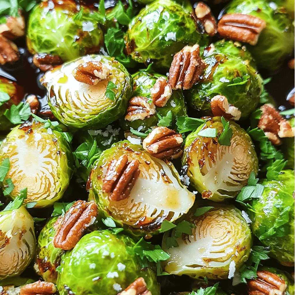 - 1 pound Brussels sprouts - 3 tablespoons balsamic vinegar - 2 tablespoons honey - 2 tablespoons olive oil - 3 cloves garlic, minced - Salt and pepper to taste - ¼ cup chopped nuts (pecans or walnuts) - 2 tablespoons grated Parmesan cheese - Fresh parsley for garnish The main ingredients for Balsamic Glazed Brussels Sprouts are simple yet powerful. You start with fresh Brussels sprouts. They give a lovely texture and flavor. The balsamic vinegar adds a rich tang. Honey brings a pleasant sweetness, balancing the acidity. Olive oil helps in roasting, creating a crispy outer layer. Garlic adds an aromatic punch that makes the dish more appealing. For optional ingredients, nuts provide extra crunch. I love using pecans or walnuts. They add a nice depth of flavor. Grated Parmesan cheese is another great touch. It melts slightly and enhances the taste. Lastly, fresh parsley brightens the dish and makes it visually stunning. You can find the full recipe for this delightful side dish and enjoy cooking! - Preheat the oven to 400°F (200°C). - In a large bowl, mix the halved Brussels sprouts, olive oil, minced garlic, balsamic vinegar, honey, salt, and pepper. Toss until each sprout is coated well. - Spread the Brussels sprouts on a baking sheet in a single layer, cut side down. This helps them roast evenly. - Place the sheet in the oven and roast for 20-25 minutes. Stir halfway through to ensure they brown well. They should look golden and feel tender when done. - While the sprouts roast, heat a skillet over medium heat. Add the chopped nuts and toast for 3-5 minutes, stirring often. Don’t let them burn! - Once the Brussels sprouts are ready, drizzle any leftover balsamic glaze from the bowl over them. - Stir in the toasted nuts for crunch. If you like, add grated Parmesan cheese for extra flavor. - Garnish with fresh parsley before serving. Enjoy your tasty Balsamic Glazed Brussels Sprouts! For the full recipe, check the section above. To get the best Brussels sprouts, arrange them in a single layer on your baking sheet. If they are too crowded, they will steam instead of roast. This step is key for that crispy texture. You can tell they are done when they turn golden brown and feel fork-tender. They should not be mushy; you want a nice bite. You can boost the flavor by adding spices like paprika or cayenne pepper. A pinch of red pepper flakes can add a nice kick. To balance the sweetness of honey, try a splash of lemon juice. This adds a bright note that enhances the overall taste. Serve the Brussels sprouts in a colorful bowl to highlight their rich hues. You can sprinkle some grated cheese on top for a creamy touch. Adding chopped nuts not only gives a crunchy texture but also makes the dish look appealing. Fresh parsley adds a pop of color and freshness, making your dish stand out. For the full recipe, check out the Balsamic Bliss Brussels Sprouts recipe above. {{image_4}} To spice up your Balsamic Glazed Brussels Sprouts, try different vinegars. You can use apple cider vinegar or red wine vinegar for a unique taste. Each vinegar brings its own twist. You can also add nuts like almonds or cashews for a crunchy surprise. Cheese lovers might enjoy adding feta or goat cheese instead of Parmesan. Each option gives a new flavor to your dish. If you want to make this dish vegan, swap honey with maple syrup or agave. Both options add sweetness without animal products. You can also cut back on sweeteners if you prefer a less sweet sauce. Using less honey or vinegar creates a lighter version that still tastes great. Seasonal veggies can enhance your dish. Try adding roasted carrots or sweet potatoes for extra color and flavor. Fresh herbs like thyme or rosemary can add a fragrant touch. Mixing in these seasonal ingredients keeps your recipe fresh and exciting. To keep your Balsamic Glazed Brussels Sprouts fresh, follow these tips: - Refrigerating: Place any leftovers in an airtight container. They can last up to 3 days in the fridge. - Freezing: If you want to freeze them, let them cool first. Use a freezer-safe bag. They can last up to 2 months. When ready, thaw in the fridge overnight. When reheating, I recommend these methods: - Oven: Preheat your oven to 350°F (175°C). Spread the Brussels sprouts on a baking sheet. Heat for about 10-15 minutes. This keeps them crispy. - Stovetop: Heat a skillet over medium heat. Add a splash of water. Stir the sprouts until warmed through. This helps keep their flavor intact. How to make Brussels sprouts less bitter? To reduce bitterness, trim the ends and remove any yellow leaves. Cooking them with balsamic vinegar and honey adds sweetness. Roasting them at high heat also brings out their natural sugars, making them taste better. Can I prepare this recipe in advance? Yes, you can prepare Brussels sprouts a day ahead. Toss them with the marinade and store them in the fridge. When you're ready, roast them as directed. This saves time and still gives great flavor. What can I serve with Balsamic Glazed Brussels Sprouts? These Brussels sprouts pair well with roasted meats, like chicken or pork. They also go great with grains like quinoa or rice. Add a simple salad for some freshness. You can find the full recipe for Balsamic Glazed Brussels Sprouts to impress your guests! In this post, we covered how to make delicious balsamic glazed Brussels sprouts. You learned about key ingredients, from Brussels sprouts to garlic and honey. I shared step-by-step cooking instructions and helpful tips for perfect results. You also explored fun variations and storage methods. Now, you can enjoy this dish as a side or main event. With endless options and tweaks, Brussels sprouts can impress any palate. Enjoy the flavors, and happy cooking!