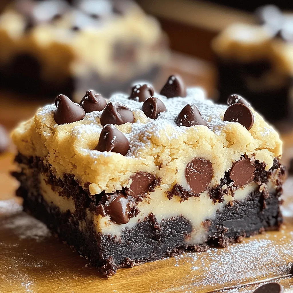 - 1 cup unsalted butter, melted - 1 cup granulated sugar - 1 cup packed brown sugar - 4 large eggs - 2 teaspoons vanilla extract - 1 cup all-purpose flour - 1/2 cup unsweetened cocoa powder - 1 teaspoon baking powder - 1/2 teaspoon salt - 1 cup semi-sweet chocolate chips The main ingredients create a rich and fudgy brownie base. The melted butter adds moisture, while the sugars give sweetness and depth. Using both granulated and brown sugars helps achieve a balanced flavor. - 1/2 cup unsalted butter, softened - 3/4 cup packed brown sugar - 1/4 cup granulated sugar - 2 tablespoons milk - 1 teaspoon vanilla extract - 1 cup all-purpose flour - 1/2 cup mini chocolate chips This topping adds a creamy and sweet layer. The softened butter and sugars blend well, creating a soft dough. Mini chocolate chips enhance the cookie dough flavor. - Gluten-free flour alternatives - Vegan butter substitutions If you want to make these brownies gluten-free, you can use a gluten-free flour blend. For vegan options, swap the butter for a plant-based version. These changes keep the treat delicious while catering to different diets. For the full recipe, check the details mentioned earlier. - Preheat the oven to 350°F (175°C). - Prepare a 9x13 inch baking pan by greasing it or lining it with parchment paper. - Combine melted butter, granulated sugar, and brown sugar in a large bowl. - Whisk in four large eggs and two teaspoons of vanilla extract. - Blend in one cup of all-purpose flour, half a cup of cocoa powder, one teaspoon of baking powder, and half a teaspoon of salt. Mix until just combined. - In another bowl, cream together half a cup of softened butter, three-quarters of a cup of brown sugar, and a quarter cup of granulated sugar. - Incorporate two tablespoons of milk and one teaspoon of vanilla extract until smooth. - Mix in one cup of flour and half a cup of mini chocolate chips until evenly distributed. - Pour the brownie batter into the prepared pan, spreading it evenly. - Drop spoonfuls of the cookie dough on top of the brownie batter. - Use a spatula to create a marbled effect by gently swirling the cookie dough into the brownie batter. - Bake for 30-35 minutes. - Check for doneness with a toothpick; it should come out mostly clean. - Cool the brownies in the pan for about 20 minutes, then transfer them to a wire rack to cool completely before slicing. For the full recipe, check out the detailed instructions above! - Avoid overmixing the batter. This keeps the brownies soft. Overmixing can make them tough. - Adjust baking time for different ovens. Some ovens run hotter or cooler, so check early. - For a nut-free version, skip nuts or use sunflower seed butter. - For a dairy-free version, try coconut oil instead of butter. Use almond milk in the dough. - You can use honey or maple syrup for a different sweetener. Just adjust the amount. - Dust with powdered sugar for a nice finish. It adds a sweet touch. - Garnish with whipped cream and chocolate chips. This makes your brownies look special. - Serve with a scoop of ice cream on the side for a fun treat. Feel free to explore the [Full Recipe] for more details on making these treats! {{image_4}} You can make these brownies gluten-free. To do this, swap regular flour for a gluten-free flour blend. Look for a blend that has a mix of rice flour, tapioca flour, and potato starch. This mix often works best in baked goods. Use the same amount as listed in the recipe. If you want, add a bit of xanthan gum for better texture. If you want to make these brownies vegan, you can easily replace eggs and butter. For eggs, use flax eggs or applesauce. To make a flax egg, mix one tablespoon of ground flaxseed with three tablespoons of water. Let it sit for five minutes. For butter, use vegan butter or coconut oil. Use the same amount as in the recipe. These swaps keep your brownies rich and tasty. You can add extra flavors to make your brownies unique. Try adding nuts like walnuts or pecans for a nice crunch. You could also use different types of chocolate, like dark or white chocolate, for a twist. If you want something special, add spices like cinnamon or a bit of espresso powder. These flavors can bring out the chocolate's richness and make every bite exciting. To keep your brownies fresh, place them in an airtight container. This helps retain moisture and flavor. I recommend cutting the brownies into squares before storing. This makes it easy to grab one when you're craving a treat. Store them at room temperature for up to five days. If you need to keep them longer, consider freezing them. To freeze brownies, let them cool completely first. Wrap each square in plastic wrap tightly. Then, place all the wrapped brownies in a freezer-safe bag. This keeps them from getting freezer burn. You can freeze them for up to three months. When you're ready to enjoy one, simply take it out and let it thaw at room temperature. For a warm treat, pop it in the microwave for a few seconds. This brings back that soft, gooey texture, just like fresh out of the oven! Yes, you can skip the chocolate chips. If you prefer, use nuts like walnuts or pecans. You can also try dried fruits like cranberries or raisins for a chewy texture. To check if the brownies are done, use a toothpick. Insert it into the center of the brownies. If it comes out mostly clean, they are ready. A few moist crumbs are fine, but wet batter means they need more time. You can make these brownies ahead of time. Just bake them and let them cool completely. Store them in an airtight container at room temperature for up to three days. For longer storage, wrap them tightly and freeze. A single serving, or one brownie, has about 200 calories. It contains 10 grams of fat, 28 grams of carbs, and 2 grams of protein. The exact numbers may vary based on specific ingredients used. Absolutely! You can add mint extract for a fresh twist. Swirl in caramel sauce for a rich flavor. You can also experiment with spices like cinnamon for a warm touch. The options are endless! This blog post covered how to make delicious chocolate chip cookie dough brownies. We explored main ingredients, baking steps, and helpful tips for perfect results. You learned how to add variations, store your treats, and answer common questions. In summary, these brownies are easy to make and always a hit. Enjoy trying different flavors and substitutes to customize your own batch. Happy baking!