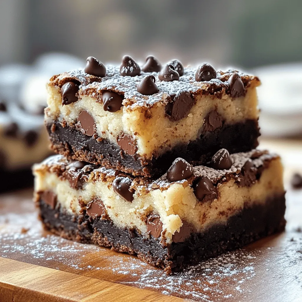 - 1 cup unsalted butter, melted - 1 cup granulated sugar - 1 cup packed brown sugar - 4 large eggs - 2 teaspoons vanilla extract - 1 cup all-purpose flour - 1/2 cup unsweetened cocoa powder - 1 teaspoon baking powder - 1/2 teaspoon salt - 1 cup semi-sweet chocolate chips The main ingredients create a rich and fudgy brownie base. The melted butter adds moisture, while the sugars give sweetness and depth. Using both granulated and brown sugars helps achieve a balanced flavor. - 1/2 cup unsalted butter, softened - 3/4 cup packed brown sugar - 1/4 cup granulated sugar - 2 tablespoons milk - 1 teaspoon vanilla extract - 1 cup all-purpose flour - 1/2 cup mini chocolate chips This topping adds a creamy and sweet layer. The softened butter and sugars blend well, creating a soft dough. Mini chocolate chips enhance the cookie dough flavor. - Gluten-free flour alternatives - Vegan butter substitutions If you want to make these brownies gluten-free, you can use a gluten-free flour blend. For vegan options, swap the butter for a plant-based version. These changes keep the treat delicious while catering to different diets. For the full recipe, check the details mentioned earlier. - Preheat the oven to 350°F (175°C). - Prepare a 9x13 inch baking pan by greasing it or lining it with parchment paper. - Combine melted butter, granulated sugar, and brown sugar in a large bowl. - Whisk in four large eggs and two teaspoons of vanilla extract. - Blend in one cup of all-purpose flour, half a cup of cocoa powder, one teaspoon of baking powder, and half a teaspoon of salt. Mix until just combined. - In another bowl, cream together half a cup of softened butter, three-quarters of a cup of brown sugar, and a quarter cup of granulated sugar. - Incorporate two tablespoons of milk and one teaspoon of vanilla extract until smooth. - Mix in one cup of flour and half a cup of mini chocolate chips until evenly distributed. - Pour the brownie batter into the prepared pan, spreading it evenly. - Drop spoonfuls of the cookie dough on top of the brownie batter. - Use a spatula to create a marbled effect by gently swirling the cookie dough into the brownie batter. - Bake for 30-35 minutes. - Check for doneness with a toothpick; it should come out mostly clean. - Cool the brownies in the pan for about 20 minutes, then transfer them to a wire rack to cool completely before slicing. For the full recipe, check out the detailed instructions above! - Avoid overmixing the batter. This keeps the brownies soft. Overmixing can make them tough. - Adjust baking time for different ovens. Some ovens run hotter or cooler, so check early. - For a nut-free version, skip nuts or use sunflower seed butter. - For a dairy-free version, try coconut oil instead of butter. Use almond milk in the dough. - You can use honey or maple syrup for a different sweetener. Just adjust the amount. - Dust with powdered sugar for a nice finish. It adds a sweet touch. - Garnish with whipped cream and chocolate chips. This makes your brownies look special. - Serve with a scoop of ice cream on the side for a fun treat. Feel free to explore the [Full Recipe] for more details on making these treats! {{image_4}} You can make these brownies gluten-free. To do this, swap regular flour for a gluten-free flour blend. Look for a blend that has a mix of rice flour, tapioca flour, and potato starch. This mix often works best in baked goods. Use the same amount as listed in the recipe. If you want, add a bit of xanthan gum for better texture. If you want to make these brownies vegan, you can easily replace eggs and butter. For eggs, use flax eggs or applesauce. To make a flax egg, mix one tablespoon of ground flaxseed with three tablespoons of water. Let it sit for five minutes. For butter, use vegan butter or coconut oil. Use the same amount as in the recipe. These swaps keep your brownies rich and tasty. You can add extra flavors to make your brownies unique. Try adding nuts like walnuts or pecans for a nice crunch. You could also use different types of chocolate, like dark or white chocolate, for a twist. If you want something special, add spices like cinnamon or a bit of espresso powder. These flavors can bring out the chocolate's richness and make every bite exciting. To keep your brownies fresh, place them in an airtight container. This helps retain moisture and flavor. I recommend cutting the brownies into squares before storing. This makes it easy to grab one when you're craving a treat. Store them at room temperature for up to five days. If you need to keep them longer, consider freezing them. To freeze brownies, let them cool completely first. Wrap each square in plastic wrap tightly. Then, place all the wrapped brownies in a freezer-safe bag. This keeps them from getting freezer burn. You can freeze them for up to three months. When you're ready to enjoy one, simply take it out and let it thaw at room temperature. For a warm treat, pop it in the microwave for a few seconds. This brings back that soft, gooey texture, just like fresh out of the oven! Yes, you can skip the chocolate chips. If you prefer, use nuts like walnuts or pecans. You can also try dried fruits like cranberries or raisins for a chewy texture. To check if the brownies are done, use a toothpick. Insert it into the center of the brownies. If it comes out mostly clean, they are ready. A few moist crumbs are fine, but wet batter means they need more time. You can make these brownies ahead of time. Just bake them and let them cool completely. Store them in an airtight container at room temperature for up to three days. For longer storage, wrap them tightly and freeze. A single serving, or one brownie, has about 200 calories. It contains 10 grams of fat, 28 grams of carbs, and 2 grams of protein. The exact numbers may vary based on specific ingredients used. Absolutely! You can add mint extract for a fresh twist. Swirl in caramel sauce for a rich flavor. You can also experiment with spices like cinnamon for a warm touch. The options are endless! This blog post covered how to make delicious chocolate chip cookie dough brownies. We explored main ingredients, baking steps, and helpful tips for perfect results. You learned how to add variations, store your treats, and answer common questions. In summary, these brownies are easy to make and always a hit. Enjoy trying different flavors and substitutes to customize your own batch. Happy baking!