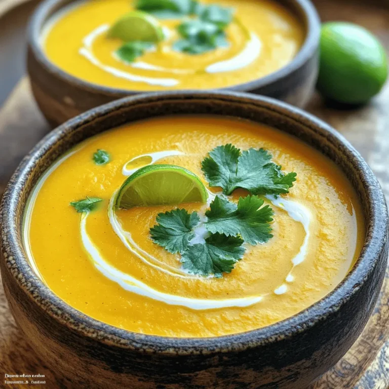To make Coconut Curry Butternut Squash Soup, gather these ingredients: - 1 medium butternut squash, peeled and cut into 1-inch cubes - 1 can (13.5 oz) full-fat coconut milk - 1 tablespoon coconut oil - 1 medium onion, finely chopped - 2 cloves garlic, minced - 1 tablespoon fresh ginger, grated or minced - 2 tablespoons red curry paste - 4 cups vegetable broth - 1 teaspoon ground cumin - 1 teaspoon turmeric powder - Salt and pepper, to taste - Fresh cilantro leaves, chopped, for garnish - Lime wedges, for serving When cooking, precise measurements can make a big difference. Here are some tips: - Use a kitchen scale to weigh the butternut squash for accuracy. - Measure coconut milk and broth in liquid measuring cups for best results. - For spices, use measuring spoons to ensure you add just the right amount. Choosing fresh ingredients can uplift your soup's taste. Here’s how: - Pick a butternut squash that feels heavy and has a smooth skin. - Select onions that are firm and free from bruises. - Choose garlic bulbs that are plump and tight. - Look for ginger that is firm with smooth skin. - When picking cilantro, ensure the leaves are bright green and fresh. By following these tips, you can enhance the quality of your Coconut Curry Butternut Squash Soup. For full details on making this delicious dish, check the Full Recipe. Start by heating coconut oil in a large pot over medium heat. Once it melts, add the chopped onion. Sauté the onion for about 5 minutes. You want it soft and clear. Next, stir in minced garlic and grated ginger. Cook this mix for 1-2 minutes. You’ll notice a lovely aroma filling your kitchen. Now, add your cubed butternut squash to the pot. Stir well to coat each piece with the onion mix. Then, pour in the vegetable broth. Add ground cumin and turmeric to the mix. Increase the heat until it begins to boil. Once boiling, lower the heat and cover. Let it simmer for 20-25 minutes. Check the squash with a fork; it should be tender. Take the pot off the heat. Use an immersion blender to purée the soup until it’s smooth and creamy. If you don’t have one, carefully transfer the soup to a regular blender. Blend in batches until silky. Return the soup to low heat, then stir in the coconut milk. Add salt and pepper to taste. Warm it through for about 5 minutes. Now, you have a delicious Coconut Curry Butternut Squash Soup! For the full recipe, check out the details above. To make your Coconut Curry Butternut Squash Soup sing, use the right spices. The red curry paste is key. It adds warmth and depth. Don't hesitate to adjust the amount based on your spice level. Ground cumin and turmeric bring earthiness and color. If you like it spicy, add a pinch of cayenne pepper. Fresh herbs like cilantro add brightness at the end. Just chop some and sprinkle it on top. A creamy soup is all about the blend. Use an immersion blender for ease. It gives a smooth finish without much hassle. If you prefer a chunkier texture, blend only half the soup. You can mix it back in for some bite. If the soup feels too thick, add more vegetable broth. A little coconut milk can also help. Stir gently until you reach your desired creaminess. Watch out for overcooking the squash. You want it tender but not mushy. Keep an eye on the cooking time. Taste your soup before serving. This way, you can adjust the salt and pepper. If it feels flat, a squeeze of lime juice brightens the flavors. Lastly, don’t skip the garnish! Fresh cilantro and lime make a big difference. For the full recipe, check the ingredients section. {{image_4}} This soup is already dairy-free thanks to the coconut milk. You can enhance the creaminess by adding more coconut milk or using cashew cream. If you want to avoid coconut, try using almond milk or oat milk. These options keep the soup rich and flavorful while staying dairy-free. To make this soup heartier, add protein. You can toss in cooked chickpeas or lentils. They blend well with the flavors and add a nice texture. For meat lovers, shredded chicken or tofu work great too. Just make sure to add them during the last few minutes of cooking to heat them through. Feel free to swap out the butternut squash with other seasonal veggies. Sweet potatoes, pumpkin, or carrots can replace squash. Each option brings its own unique taste and texture. In summer, zucchini or fresh corn can make a delightful addition. Adjust your spices to suit the new veggies for a fresh twist. For the complete recipe, check out the [Full Recipe]. To keep your Coconut Curry Butternut Squash Soup fresh, let it cool first. Then, pour the soup into an airtight container. Seal it tightly to avoid air getting in. Store it in the fridge for up to 4 days. Make sure to label it with the date, so you remember when you made it. If you want to save some soup for later, freezing is a great option. Use freezer-safe containers or bags. Leave some space at the top, as soup expands when frozen. You can freeze the soup for up to 3 months. When you are ready to eat it, just thaw it in the fridge overnight. Reheating your soup can be easy and quick. For the best taste, heat it on the stove. Pour the soup into a pot and warm it over medium heat. Stir often to prevent sticking. If you are in a hurry, you can use the microwave. Just warm it in short bursts, stirring in between. Enjoy your delicious soup again! Check out the Full Recipe for more tips and ideas. Yes, you can make this soup ahead of time. Make it up to two days before you plan to eat. Store it in an airtight container in the fridge. When you are ready, simply reheat it on the stove. Stir it well to keep it creamy. The flavors may even improve after sitting overnight, giving you a richer taste. If you don't have coconut milk, you can use other options. Almond milk or oat milk will work in a pinch. For a creamier texture, use cashew cream or soy cream. Keep in mind, these substitutes will change the flavor a bit. You can also add a touch of coconut extract for that coconut flavor if you like. Absolutely! This soup is great for meal prep. It stores well and tastes amazing after reheating. You can portion it out into individual containers. It will last in the fridge for about three to four days. If you want to keep it longer, freeze it for up to three months. Just remember to leave some space in the container for expansion. For the full recipe, check out the details above. To recap, we covered how to make Coconut Curry Butternut Squash Soup. We listed all the ingredients, their measurements, and tips for freshness. I shared easy steps for cooking, blending, and enhancing flavors. You now know variations to suit your taste and how to store leftovers. In the end, this soup is simple and perfect for meal prep. Enjoy every bowl, knowing you made a delicious choice!