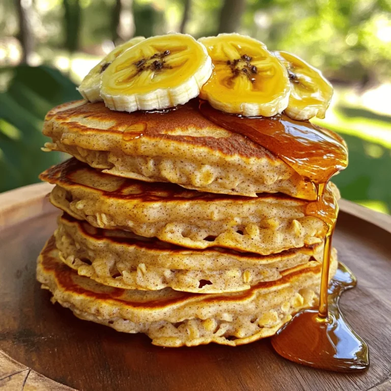 To make savory banana oatmeal pancakes, you'll need a few simple items. Gather these ingredients to get started: - 1 cup rolled oats - 1 ripe banana, well mashed - 1 cup almond milk (or your preferred milk) - 1 teaspoon baking powder - 1 teaspoon vanilla extract - 1/4 teaspoon salt - 1 tablespoon maple syrup (optional) - 1/2 teaspoon ground cinnamon (optional) - Cooking spray or oil for greasing the pan These ingredients come together to create a delightful mix of flavors and textures. The oats provide a hearty base while the banana adds natural sweetness. Using almond milk keeps it light, but feel free to use any milk you like. The baking powder helps your pancakes rise, creating a fluffy bite. If you want a touch of sweetness, the maple syrup is a great choice. The cinnamon gives a warm flavor that pairs perfectly with the bananas. Don't worry if you don't have all the optional ingredients. You can still enjoy delicious pancakes with the basics. The full recipe will guide you through each step, ensuring that you can easily whip up these tasty pancakes. - First, take 1 cup of rolled oats. - Place them in a blender. - Blend until the oats turn into a fine flour. - This is your oat flour. - Next, grab a medium bowl. - Add the oat flour, baking powder, salt, and ground cinnamon if you like. - Mix these dry ingredients well. - In a separate bowl, take 1 ripe banana. - Mash it well until it is smooth. - Pour in 1 cup of almond milk. - Add 1 teaspoon of vanilla extract. - If you want, add 1 tablespoon of maple syrup. - Whisk this wet mixture until everything is well combined. - Now, pour the wet mixture into the dry ingredients. - Stir gently until just combined. - It’s okay if the batter is a bit lumpy. - Let the batter sit for 5 minutes. - This helps it thicken a bit. - Heat a non-stick skillet over medium heat. - Lightly coat it with cooking spray or oil. - For each pancake, pour about 1/4 cup of batter onto the skillet. - Cook for 2-3 minutes until bubbles form. - Flip the pancake and cook for another 1-2 minutes until golden brown. - Repeat with the rest of the batter. You can find the Full Recipe at the beginning of this article. Enjoy your cooking! Resting the batter is key to fluffy pancakes. When you let the batter sit, the oats absorb moisture. This makes the pancakes light and tender. I recommend resting the batter for about five minutes. Mixing too much can make the pancakes tough. Stir the wet and dry ingredients just until they come together. It’s okay if the batter is a bit lumpy. This will help keep your pancakes soft and airy. For toppings, I love using fresh fruit like sliced bananas or berries. A drizzle of maple syrup adds sweetness. You can also sprinkle some nuts on top for crunch. To serve, stack the pancakes high on a plate. This looks great and makes a fun presentation. Add a light sprinkle of cinnamon for extra flavor. Enjoy your delicious breakfast! {{image_4}} You can easily change your banana oatmeal pancakes by adding fun flavors. Here are some great ideas: - Nuts: Chopped walnuts or pecans add crunch. - Chocolate chips: Sweet and melty chocolate makes breakfast special. - Fruits: Blueberries, strawberries, or apples fit nicely in the batter. - Spices: Try nutmeg or ginger for a unique taste. These simple add-ins can take your pancakes to the next level. Mix and match based on what you love! You can adapt this recipe to fit your needs. Here’s how: - Gluten-free options: Use certified gluten-free oats to ensure safety. - Vegan substitutions: Swap almond milk for any plant-based milk. You can also replace eggs with flaxseed meal or chia seeds mixed with water. These changes allow everyone to enjoy these tasty pancakes. Plus, they keep the recipe healthy! For more details, check out the full recipe. After making banana oatmeal pancakes, you might have some left. To keep them fresh, store them in the fridge. Place them in an airtight container. They will stay good for about 3 days. If you want to keep them longer, freeze them. Layer parchment paper between pancakes to avoid them sticking together. Wrap them well in plastic wrap or foil, then put them in a freezer bag. They can last for up to 3 months in the freezer. To reheat, you have a few options. The microwave is quick. Place a pancake on a plate and cover it with a damp paper towel. Heat it for about 30 seconds. If you want a crispy edge, use a skillet. Heat the skillet over medium heat and add a little oil. Cook each pancake for about 1 minute on each side. This method keeps them warm and tasty. For banana oatmeal pancakes, the shelf life is important. In the fridge, they last about 3 days. When frozen, they can last up to 3 months. Always check for signs of spoilage. Look for any strange smells or mold. If they feel slimy or dry, it’s best to toss them. Fresh pancakes should smell sweet and have a soft, fluffy texture. Enjoy your pancakes while they are still tasty! For the full recipe, check out the entire article. How do I make my pancakes more fluffy? To make fluffy pancakes, let your batter rest for about five minutes. This gives it time to thicken. Avoid overmixing the batter. A few lumps are okay. This keeps them light and airy. Can I substitute the almond milk with regular milk? Yes, you can use regular milk instead of almond milk. Both work well in this recipe. Just pick the one you like best for taste. What can I use instead of oats for a pancake recipe? If you need a substitute for oats, try using whole wheat flour or almond flour. Both can make great pancakes. Just adjust the liquid to get the right batter consistency. How do I store leftover pancakes? To store leftover pancakes, let them cool down. Place them in an airtight container. You can keep them in the fridge for up to three days. For longer storage, freeze them. Just use parchment paper between stacks to prevent sticking. You learned how to make tasty and healthy banana oatmeal pancakes. We covered ingredients, cooking steps, and tips for fluffiness. You also explored variations for different diets and flavors. Remember to store leftovers properly for fresh pancakes later. Making these pancakes is simple and fun, perfect for any meal. Enjoy experimenting with toppings and flavors to find your favorite!