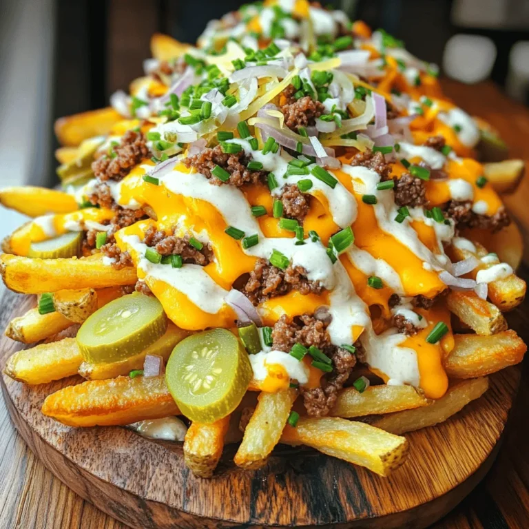 - 4 large russet potatoes - 1 cup vegan cheese, shredded - 1 cup plant-based beef crumbles - 1 cup vegan ranch dressing - 1/4 cup onions, finely diced - 1/4 cup pickles, sliced - 2 tablespoons olive oil - 1 teaspoon garlic powder - 1 teaspoon smoked paprika - Salt and pepper, to taste - Fresh chives, chopped (for garnish) To make vegan animal fries, you need key ingredients. First, choose large russet potatoes. These potatoes get crispy and fluffy when baked. You also need vegan cheese. It melts well and adds great flavor. Plant-based beef crumbles give the dish a hearty texture. Next, gather your toppings. Vegan ranch dressing adds creaminess. Diced onions give a nice crunch. Pickles add a tangy bite. Olive oil is essential for seasoning the fries. For seasoning, garlic powder and smoked paprika bring bold tastes. Use salt and pepper to enhance every flavor. Finally, fresh chives add a pop of color and freshness. You can find the full recipe to guide you through making this tasty dish. - Preheat the oven to 425°F (220°C). - Wash and slice the russet potatoes into thin strips. First, I like to preheat my oven. This ensures my fries turn out crispy. While the oven heats, wash the russet potatoes well. Clean potatoes help make the fries taste fresh. Next, slice them into thin strips. Thin fries cook evenly and get extra crispy. - Coat the sliced fries with olive oil and seasoning. After slicing, put the fries in a large bowl. Drizzle olive oil over them. This oil helps the fries get golden brown. Now, add garlic powder, smoked paprika, salt, and pepper. Toss everything together. Make sure every fry gets a good coat of seasoning. - Bake the fries and prepare the plant-based beef. - Assemble the dish with cheese and toppings. Spread the seasoned fries on a baking sheet. Make sure they lay flat, not crowded. Bake for about 25-30 minutes. Flip them halfway for even cooking. While they bake, heat a pan for the plant-based beef. Cook it as the package says, adding a pinch of salt and pepper. When the fries are golden, take them out. Sprinkle the cooked plant-based beef and vegan cheese on top. Return them to the oven for five more minutes. This melts the cheese just right. Once done, drizzle vegan ranch dressing over the fries. Top with diced onions and sliced pickles for crunch. Finally, sprinkle fresh chives on top for color. Enjoy your Savory Vegan Animal Fries! To get crispy fries, start by patting the potatoes dry. This step removes excess moisture. Moisture can make your fries soggy. Use a paper towel to absorb any water. For baking, spread the fries in a single layer. This helps them cook evenly. Flip the fries halfway through cooking. This ensures all sides get crispy. Bake them at 425°F for 25-30 minutes. To boost flavor, try adding more spices. Consider using onion powder or chili powder. These add a nice kick to the fries. You can also modify the ranch dressing. Mix in some hot sauce for spice. Or add lemon juice for a zingy twist. This makes the ranch even more exciting. For a great presentation, serve the fries on a large platter. Add a sprinkle of fresh chives on top. This makes the dish colorful and inviting. Pair your vegan animal fries with extra dipping sauces. Consider using guacamole or salsa. These add a fun touch to the meal. Enjoy your tasty creation! {{image_4}} You can choose from many types of vegan cheese. Brands like Daiya or Violife offer great options. They melt well and add creaminess. You can also make a homemade cheese sauce. Just blend soaked cashews, nutritional yeast, and spices. This sauce adds a rich flavor. Want to spice things up? Add jalapeños for heat or creamy avocado for smoothness. Both options add great taste and texture. You can also try different seasonings. Smoked paprika or chili powder can give a fun twist. Experiment and find your favorite mix! There are many plant-based protein options. You can use tempeh or tofu for a hearty topping. Lentils and chickpeas are also great choices. They add protein and a nice texture. Mix and match these proteins to find what you like best. To keep your Vegan Animal Fries fresh, let them cool first. Then, store them in an airtight container. This helps lock in their flavor and keeps them safe. For the best results, use a glass or BPA-free plastic container. These types are great for keeping fries crisp. Avoid using metal containers, as they can affect the taste. When it's time to enjoy leftovers, you can reheat them in the oven. Preheat your oven to 350°F (175°C). Spread the fries on a baking sheet. Heat for about 10 to 15 minutes until they are hot and crispy. You can also use an air fryer for a shorter time at 350°F (175°C). This method keeps the fries tasty and crunchy. Avoid using the microwave, as it can make them soggy. Enjoy your Vegan Animal Fries just like when you first made them! Vegan Animal Fries are a tasty twist on classic loaded fries. They feature crispy fries topped with vegan cheese, plant-based beef, and creamy ranch dressing. You get a mix of flavors and textures in each bite. The dish offers a fun way to enjoy comfort food without animal products. You can make it at home easily with the right ingredients. Check out the Full Recipe to get started. Yes, you can make Vegan Animal Fries gluten-free! Use gluten-free plant-based beef crumbles. Look for gluten-free vegan cheese, as some brands contain gluten. Always check labels to be safe. You can also swap regular ranch dressing with a gluten-free version. This way, everyone can enjoy this delicious dish without worry. Vegan Animal Fries offer several nutritional benefits over traditional fries. They are lower in saturated fat because they use plant-based ingredients. The vegan cheese and beef provide proteins without cholesterol. You also get more fiber from the plant-based toppings. This makes it a filling option. Enjoying vegan animal fries can be a healthier choice while still being satisfying. Vegan Animal Fries are delicious and easy to make. We discussed the key ingredients like russet potatoes, vegan cheese, and plant-based beef. I shared step-by-step instructions to achieve crispy fries and the best toppings. You can customize this meal with various cheeses and proteins. Proper storage also ensures leftovers stay tasty. Overall, these fries offer a fun, guilt-free twist on a classic. Enjoy making and sharing this dish with friends and family!