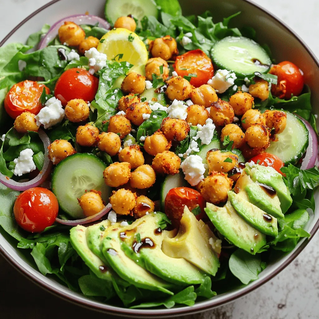 - 1 can (15 oz) chickpeas, drained and thoroughly rinsed - 2 tablespoons extra virgin olive oil - 1 teaspoon smoked paprika - 1/2 teaspoon garlic powder - Sea salt and freshly cracked black pepper, to taste - 4 cups mixed salad greens (lettuce, spinach, arugula) - 1 cup cherry tomatoes, halved - 1 cucumber, diced - 1/4 red onion, thinly sliced - 1 ripe avocado, sliced - 1/4 cup feta cheese, crumbled (optional) - 2 tablespoons fresh lemon juice - 1 tablespoon balsamic vinegar - Fresh parsley, chopped, for garnish Gathering fresh ingredients makes a huge difference. I love using canned chickpeas for ease, but you can cook dried ones if you prefer. The olive oil adds a rich flavor and helps with roasting. Smoked paprika and garlic powder give the chickpeas a tasty kick. Choosing greens is key for this salad. I like a mix of lettuce, spinach, and arugula. The cherry tomatoes add sweetness, while the cucumber brings a nice crunch. Red onion provides a little bite, and the avocado adds creaminess. If you want to, sprinkle some feta cheese for extra flavor. For the dressing, fresh lemon juice and balsamic vinegar create a bright taste. Use sea salt and pepper to season everything just right. Once you have all the ingredients ready, you can create a fresh, vibrant salad. If you want the full recipe, check out the Crispy Chickpea Salad section. - Preheat the oven to 400°F (200°C): This step is key. A hot oven helps chickpeas crisp up nicely. - Prepare the chickpeas for roasting: Take a clean baking sheet. Add the drained and rinsed chickpeas. Drizzle in the olive oil, smoked paprika, garlic powder, sea salt, and pepper. Toss well to coat. Spread them out in a single layer. - Roast the chickpeas until crispy: Place the baking sheet in the oven. Roast the chickpeas for 20-25 minutes. Halfway through, shake the pan gently to help them crisp evenly. They are done when golden brown and crunchy. - Mix the salad base ingredients: In a large bowl, toss together the mixed salad greens, halved cherry tomatoes, diced cucumber, and sliced red onion. Mix well so every bite has flavor. - Whisk together the dressing: In a small bowl, combine fresh lemon juice, balsamic vinegar, and a pinch of salt and pepper. Whisk until smooth. Taste and adjust for your liking. - Combine roasted chickpeas with salad ingredients: Once your chickpeas are cool, add them to the salad. Drizzle the dressing over the top. Toss gently to combine without bruising the greens. Follow these steps for a crispy chickpea salad that bursts with flavor and is a delight to eat. For the full recipe, check the details above. To make crispy chickpeas, start by rinsing them well. Rinsing removes excess starch. This helps the chickpeas get extra crunchy. After rinsing, pat them dry with a clean towel. This step is key for crispiness. Next, set your oven to 400°F (200°C). This temperature is perfect for roasting. It allows the chickpeas to cook evenly and become golden. Roast them for 20 to 25 minutes. Keep an eye on them to avoid burning. Don't forget to shake the pan halfway through cooking. This ensures all sides get crispy. When they are done, they should look golden brown. Let them cool a bit, and they will get even crunchier. For plating, use a large, shallow bowl. This lets the colors shine. You can also place some crispy chickpeas on top. This adds a nice texture and visual appeal. To enhance flavor, consider adding toppings. Sliced radishes, nuts, or seeds work well. You can also sprinkle fresh herbs, like cilantro or dill. Pair this salad with grilled chicken or fish for a complete meal. A light soup or a crusty bread also complements it nicely. Enjoy your flavorful crispy chickpea salad! For the complete recipe, check out the Full Recipe. {{image_4}} You can easily change the greens in your salad. Try kale, spinach, or even romaine. Each green brings a unique taste and texture. If you want protein, swap chickpeas for black beans or lentils. These options add a different flair while keeping the dish hearty. For a cheesy touch, look for non-dairy cheese like cashew cheese. It melts well and adds creaminess without dairy. If you want a creamy dressing, try yogurt or tahini. These options add richness that pairs well with the crispy chickpeas. You can also use flavored vinegars or fresh lemon juice for a tangy kick. Think about adding herbs like dill or basil to the dressing. Fresh herbs can boost flavor and make the salad more vibrant. Check out the Full Recipe to see how to mix and match these ideas. To keep your salad fresh, store it in the fridge. Place the salad in a container with a tight lid. This helps keep it crisp. For best results, eat the salad within two days. If you have leftover chickpeas, store them separately. Use an airtight container for the chickpeas to prevent sogginess. They can last up to four days when stored properly. To re-crisp your chickpeas, preheat your oven to 375°F (190°C). Spread the chickpeas on a baking sheet in a single layer. Bake them for about 10 minutes. This will help restore their crunch. Avoid using a microwave as it can make them soft. Instead, keep them crispy by reheating in the oven. Enjoy your salad with fresh, crunchy chickpeas! Can I make this salad ahead of time? Yes, you can make this salad ahead of time. Prepare the chickpeas and salad base separately. Store them in airtight containers in the fridge. When you are ready to serve, mix them together with the dressing. This keeps everything fresh and tasty. How can I make the salad vegan-friendly? To make this salad vegan-friendly, skip the feta cheese. You can use a dairy-free cheese or leave it out. The chickpeas and greens will still offer great flavor. What can I serve with crispy chickpea salad? You can serve this salad with many dishes. It pairs well with grilled chicken or fish. Try it alongside a warm quinoa bowl or a hearty soup. This salad stands alone or complements any meal. Health benefits of chickpeas Chickpeas are high in protein and fiber. They help keep you full and support digestion. They also provide essential vitamins and minerals like iron and folate. Caloric breakdown of the salad components The salad is light yet filling. One serving has around 300 calories. This includes healthy fats from the olive oil and avocado, plus nutrients from the greens and veggies. Dietary considerations (gluten-free, low-carb, etc.) This salad is naturally gluten-free. It can fit into many diets, including vegetarian and low-carb. The chickpeas add carbs, but they are healthy and nutritious. Adjust the ingredients to meet your dietary needs. For a low-carb option, use fewer chickpeas or add more greens. For the full recipe, check out the detailed instructions above. This blog post showed you how to make a tasty crispy chickpea salad. We covered the ingredients, preparation steps, and fun variations you can try. Remember to rinse your chickpeas well for the best crunch. Don’t be afraid to experiment with different greens or dressings. You can store leftovers in the fridge and reheat chickpeas easily. With this tasty salad, you can enjoy healthy eating without any fuss. Give it a try, and enjoy every bite!