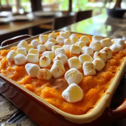 - 4 large sweet potatoes - 1/2 cup packed brown sugar - 1/4 cup unsalted butter - 2 cups mini marshmallows - Ground cinnamon - Ground nutmeg - Pure vanilla extract - Large pot - Mixing bowls - Potato masher - Baking dish For this sweet potato casserole, I love using four large sweet potatoes. They give a rich flavor. You will also need brown sugar to sweeten the dish. Unsalted butter adds creaminess. Mini marshmallows on top melt beautifully, making it a treat. You can add optional spices like ground cinnamon and nutmeg for warmth. A splash of pure vanilla extract can enhance the taste too. Gather a large pot for boiling, mixing bowls for combining, and a potato masher for smoothness. Finally, a baking dish helps to bake it all together. This recipe is easy and fun. Check out the Full Recipe for more details! - Boiling the sweet potatoes: Start by peeling and cutting 4 large sweet potatoes into 1-inch cubes. Place them in a large pot and cover them with water. Bring the water to a boil, and cook the sweet potatoes for about 15-20 minutes. They should be tender enough to pierce with a fork. Once cooked, drain the water and let the sweet potatoes cool slightly. - Mashing the sweet potatoes: Transfer the sweet potatoes to a large mixing bowl. Use a potato masher or fork to mash them until smooth. Make sure there are no lumps. A creamy texture is key to a great casserole. - Combining the sweet potatoes with other ingredients: In the bowl with your mashed sweet potatoes, add 1/2 cup packed brown sugar, 1/4 cup melted unsalted butter, 1/2 teaspoon ground cinnamon, 1/4 teaspoon ground nutmeg, and 1/4 teaspoon salt. Pour in 1/2 cup whole milk, 2 large lightly beaten eggs, and 1 teaspoon pure vanilla extract. - Ensuring a smooth texture: Stir all the ingredients together vigorously. Mix until the mixture is creamy and uniform. This step helps to blend the flavors well. - Initial baking for base flavors: Preheat your oven to 350°F (175°C). Carefully pour the sweet potato mixture into a greased 9x13 inch baking dish. Spread it evenly across the dish. Bake for 25 minutes. This allows the flavors to meld beautifully. - Final baking with marshmallows for topping: After 25 minutes, remove the dish from the oven. Evenly sprinkle 2 cups of mini marshmallows over the top. Return the dish to the oven for another 10-15 minutes. Bake until the marshmallows are golden brown and bubbly. This adds a sweet, gooey topping to your casserole. Follow these steps closely for a delightful sweet potato casserole. For the full recipe, refer to the provided link. Enjoy the sweet flavors and cozy textures! To avoid lumps in your mashed sweet potatoes, I recommend cooking them until they are very soft. This usually takes around 15-20 minutes of boiling. Drain them well so there’s no water left. When you mash, use a potato masher or a fork for a smooth finish. If you want a creamy consistency, add whole milk and melted butter while mashing. This step makes your casserole velvety. To bring out the best flavor, consider adding spices like ground cinnamon and nutmeg. These spices pair well with sweet potatoes. For fresh taste, use fresh sweet potatoes rather than canned ones. Fresh sweet potatoes have more flavor and nutrients. If you must use canned, choose ones with no added sugar for a healthier option. For serving, try using individual bowls. This adds a nice touch to your meal. Garnish each bowl with a sprinkle of cinnamon. You can also add a dollop of whipped cream on the side. Both choices make the dish look inviting and delicious. For a festive touch, consider adding a few whole marshmallows on top before baking for a beautiful finish. Enjoy making your sweet potato casserole look as good as it tastes! {{image_4}} To make a vegan sweet potato casserole, replace the dairy ingredients. Use almond milk or coconut milk in place of whole milk. For a buttery flavor, substitute unsalted butter with coconut oil or vegan butter. Eggs can also be swapped out. Use flax eggs by mixing one tablespoon of ground flaxseed with three tablespoons of water. Let this sit for a few minutes to thicken. It works well as a binding agent in your casserole. Adding nuts can bring a crunchy texture to your casserole. Pecans or walnuts are great choices. Chop them roughly to mix in or sprinkle on top. Toasting the nuts first enhances their flavor. Just spread them on a baking sheet and roast at 350°F (175°C) for about 5-7 minutes. Keep an eye on them to avoid burning. Instead of brown sugar, try maple syrup or honey. Maple syrup gives a unique flavor and is less processed. Honey is sweeter and adds depth. However, each sweetener has its pros and cons. Maple syrup can make your casserole a bit more liquidy. Honey may not work for strict vegans. Adjust the amount based on your taste preference. For a full list of ingredients, check the Full Recipe. To keep your sweet potato casserole fresh, store leftovers in the fridge. Use an airtight container for best results. This keeps the flavors vibrant and prevents odors from mixing. If you want to save some for later, freezing is a great option. First, let it cool completely. Then, place it in a freezer-safe container. Be sure to leave some space at the top for expansion. Label it with the date so you can track how long it's been frozen. When reheating in the oven, preheat to 350°F (175°C). Place the casserole in a baking dish and cover it with foil. This helps retain moisture. Heat for about 20-25 minutes, or until it's warmed through. For the microwave, use a microwave-safe dish. Heat in short intervals, about 1-2 minutes at a time. Stir between intervals to keep the texture smooth. In the fridge, your sweet potato casserole lasts about 3-5 days. Look for signs of spoilage, like an off smell or mold. If you see any of these, it’s best to toss it. In the freezer, it can stay good for up to 3 months. Always check before using. Enjoy your Heavenly Sweet Potato Delight with confidence! Yes, you can make sweet potato casserole ahead of time. Here’s how: - Prepare the sweet potato mix as per the recipe. - Spoon it into your baking dish. - Cover it tightly with plastic wrap. - Store it in the fridge for up to two days. When you're ready to bake, remove the wrap. Bake it for about 25 minutes at 350°F (175°C). This method helps the flavors develop well. If you don’t like marshmallows, you have many options: - Use crushed graham crackers for a crunchy top. - Try pecans for a nutty flavor and texture. - Coconut flakes can add a nice sweetness. - For a savory twist, sprinkle some cheese on top. These alternatives can bring a new taste to your casserole. To lower the sweetness, here are some tips: - Cut back on the brown sugar. Start with 1/4 cup. - You may use unsweetened applesauce instead of sugar. - Add a bit more salt to balance flavors. - Consider using spices like nutmeg or cinnamon to enhance taste without sugar. Adjusting these ingredients helps create a balanced dish you will enjoy. We covered how to make a delicious sweet potato casserole. We began with the essential ingredients and tools you'll need. Then, I detailed the step-by-step process, from boiling to baking. I shared tips for perfect texture and ways to add flavor. You also learned about variations like vegan options and nutty additions. Lastly, we discussed storage and reheating tips to keep your dish fresh. Enjoy making this tasty casserole for your next meal!