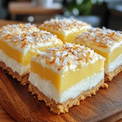 - 1 cup graham cracker crumbs - 1/4 cup unsweetened shredded coconut - 1/4 cup granulated sugar - 1/2 cup unsalted butter, melted - 1 (14 oz) can coconut milk - 1 cup heavy cream - 1/2 cup powdered sugar - 3 tablespoons cornstarch - 1/4 teaspoon salt - 1 teaspoon vanilla extract - 2 large egg yolks - Toasted coconut flakes for topping To make these Coconut Cream Pie Bars, gather your ingredients first. Start with the graham cracker crumbs. They create a tasty base. The shredded coconut adds great texture. Granulated sugar sweetens the crust perfectly. Melt unsalted butter helps bind it all together. Next, for the filling, you need coconut milk. It gives the bars a rich flavor. Heavy cream adds creaminess to the filling. Use powdered sugar to sweeten it all up. Cornstarch thickens the filling nicely. A bit of salt enhances all the flavors. And don’t forget vanilla extract for that lovely aroma. Lastly, you need two egg yolks to make the filling rich and smooth. Toasted coconut flakes are perfect for topping. They add a nice crunch and boost the coconut taste. With these ingredients ready, you are set to make a delightful treat. You can find the full recipe in the article. Enjoy! - Set oven temperature to 350°F (175°C). - Combine graham cracker crumbs, shredded coconut, granulated sugar, and melted butter. - Press the mixture into an 8x8 inch baking dish. - Whisk together coconut milk, heavy cream, cornstarch, powdered sugar, and salt. - Heat the mixture over medium heat, stirring continuously. You want it to thicken slowly. - Lightly beat the egg yolks in a small bowl. - Temper with hot cream mixture. This means adding a bit of the hot mix to the yolks, stirring fast to avoid cooking them. - Return the mixture to the saucepan and continue cooking. Stir it well until it thickens. - Pour the filling over the cooled crust. Make sure it spreads evenly. - Let it chill in the refrigerator. This will help the bars set properly. - Cut the chilled bars into squares. - Top with toasted coconut flakes. This gives a nice crunch and enhances flavor. For the full recipe, refer to the section above. Enjoy making these delicious bars! To make the best crust, press the graham cracker mixture evenly. This helps create a uniform layer. Bake it until it turns lightly golden. This color gives the crust a great texture and flavor. For a creamy filling, stir the mixture continuously while cooking. This keeps lumps from forming. When adding the egg yolks, temper them with hot coconut cream. This step prevents the yolks from scrambling. Presentation matters! Use a sharp knife for clean cuts. This makes the bars look neat. Lastly, garnish generously with toasted coconut. It adds a lovely crunch and enhances the coconut flavor. Enjoy each bite of your Coconut Cream Pie Bars! {{image_4}} - Add chocolate: You can mix in chocolate for a Coconut Chocolate Cream Pie Bar. Just melt some chocolate and stir it into the coconut cream filling. The rich chocolate adds a deep flavor that pairs well with the coconut. - Incorporate lemon zest: For a bright twist, add lemon zest to the filling. The zesty lemon gives a lovely contrast to the sweet coconut. Just a teaspoon or two can make a big difference in taste. - Substitute gluten-free graham crackers: For those who need a gluten-free dessert, swap out regular graham crackers for gluten-free ones. This keeps the texture similar while making it safe for gluten-sensitive folks. - Use dairy-free alternatives: You can make these bars vegan by using coconut cream instead of heavy cream and plant-based butter. This way, everyone can enjoy them without worry about dairy. - Pair with whipped cream: Serve the bars with a dollop of whipped cream on top. This adds a creamy layer that enhances the dish's richness. - Offer alongside fresh fruit: Fresh fruit like berries or sliced bananas can brighten up the plate. The fruit’s freshness balances the sweetness of the bars, making each bite a delight. For the full recipe, check out the Coconut Cream Pie Bars section above. Store your coconut cream pie bars in an airtight container. They will stay fresh in the refrigerator for up to one week. This way, you can enjoy a sweet treat whenever you want. For longer storage, freeze the bars. Individually wrap each bar in plastic wrap or foil. This will keep them fresh for up to three months. When you’re ready to enjoy them, just pull them out of the freezer. Thawing is easy. Simply place the frozen bars in the refrigerator overnight. This ensures they thaw gently. They will be ready to serve the next day, just like freshly made. Enjoy your delicious coconut cream pie bars! Coconut cream pie bars typically last up to one week in the fridge. Store them in an airtight container to keep them fresh. If you notice any change in texture or smell, it’s best to discard them. Yes, they're perfect for making a day in advance. Preparing them ahead allows the flavors to meld beautifully. Just remember to chill them for at least four hours before serving. You can use almond milk or heavy cream as suitable substitutes. Both options will still give you a creamy filling. If you prefer a lighter option, almond milk works well. To thicken the coconut cream filling effectively, ensure proper heating and continuously stir the mixture. This prevents lumps and helps achieve a smooth texture. Once it simmers, it will thicken nicely. Yes, unsweetened coconut provides a less sugary option for garnish. It adds a great texture and coconut flavor without extra sweetness. You’ll enjoy the crunch it brings to your bars. For the full recipe, check out the detailed instructions above. You now have a simple guide to make delicious Coconut Cream Pie Bars. We covered key ingredients, step-by-step instructions, and tips for success. Remember to chill the bars well for the best texture. Feel free to try different flavors or make dietary swaps. These bars store well, making them perfect ahead of time. Enjoy the creamy coconut flavor in every bite and impress your friends and family with this easy treat!