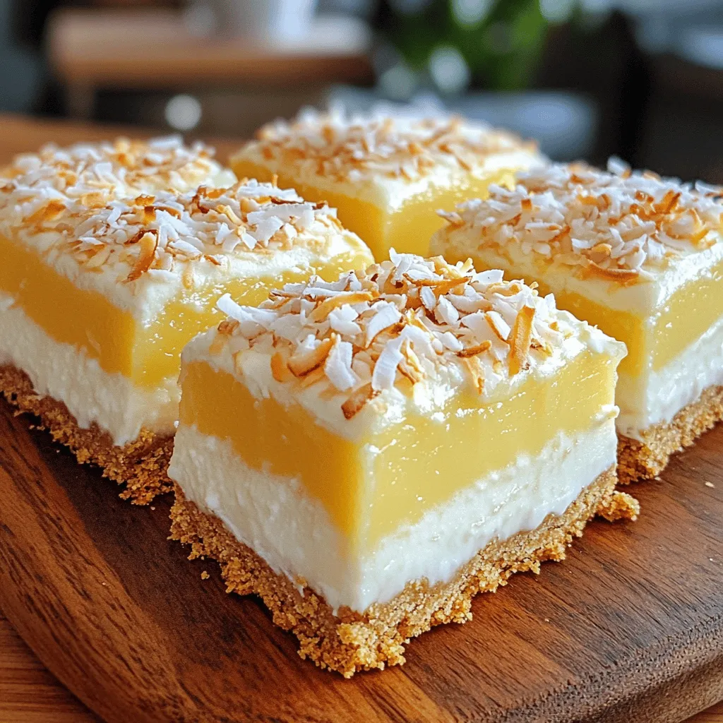 - 1 cup graham cracker crumbs - 1/4 cup unsweetened shredded coconut - 1/4 cup granulated sugar - 1/2 cup unsalted butter, melted - 1 (14 oz) can coconut milk - 1 cup heavy cream - 1/2 cup powdered sugar - 3 tablespoons cornstarch - 1/4 teaspoon salt - 1 teaspoon vanilla extract - 2 large egg yolks - Toasted coconut flakes for topping To make these Coconut Cream Pie Bars, gather your ingredients first. Start with the graham cracker crumbs. They create a tasty base. The shredded coconut adds great texture. Granulated sugar sweetens the crust perfectly. Melt unsalted butter helps bind it all together. Next, for the filling, you need coconut milk. It gives the bars a rich flavor. Heavy cream adds creaminess to the filling. Use powdered sugar to sweeten it all up. Cornstarch thickens the filling nicely. A bit of salt enhances all the flavors. And don’t forget vanilla extract for that lovely aroma. Lastly, you need two egg yolks to make the filling rich and smooth. Toasted coconut flakes are perfect for topping. They add a nice crunch and boost the coconut taste. With these ingredients ready, you are set to make a delightful treat. You can find the full recipe in the article. Enjoy! - Set oven temperature to 350°F (175°C). - Combine graham cracker crumbs, shredded coconut, granulated sugar, and melted butter. - Press the mixture into an 8x8 inch baking dish. - Whisk together coconut milk, heavy cream, cornstarch, powdered sugar, and salt. - Heat the mixture over medium heat, stirring continuously. You want it to thicken slowly. - Lightly beat the egg yolks in a small bowl. - Temper with hot cream mixture. This means adding a bit of the hot mix to the yolks, stirring fast to avoid cooking them. - Return the mixture to the saucepan and continue cooking. Stir it well until it thickens. - Pour the filling over the cooled crust. Make sure it spreads evenly. - Let it chill in the refrigerator. This will help the bars set properly. - Cut the chilled bars into squares. - Top with toasted coconut flakes. This gives a nice crunch and enhances flavor. For the full recipe, refer to the section above. Enjoy making these delicious bars! To make the best crust, press the graham cracker mixture evenly. This helps create a uniform layer. Bake it until it turns lightly golden. This color gives the crust a great texture and flavor. For a creamy filling, stir the mixture continuously while cooking. This keeps lumps from forming. When adding the egg yolks, temper them with hot coconut cream. This step prevents the yolks from scrambling. Presentation matters! Use a sharp knife for clean cuts. This makes the bars look neat. Lastly, garnish generously with toasted coconut. It adds a lovely crunch and enhances the coconut flavor. Enjoy each bite of your Coconut Cream Pie Bars! {{image_4}} - Add chocolate: You can mix in chocolate for a Coconut Chocolate Cream Pie Bar. Just melt some chocolate and stir it into the coconut cream filling. The rich chocolate adds a deep flavor that pairs well with the coconut. - Incorporate lemon zest: For a bright twist, add lemon zest to the filling. The zesty lemon gives a lovely contrast to the sweet coconut. Just a teaspoon or two can make a big difference in taste. - Substitute gluten-free graham crackers: For those who need a gluten-free dessert, swap out regular graham crackers for gluten-free ones. This keeps the texture similar while making it safe for gluten-sensitive folks. - Use dairy-free alternatives: You can make these bars vegan by using coconut cream instead of heavy cream and plant-based butter. This way, everyone can enjoy them without worry about dairy. - Pair with whipped cream: Serve the bars with a dollop of whipped cream on top. This adds a creamy layer that enhances the dish's richness. - Offer alongside fresh fruit: Fresh fruit like berries or sliced bananas can brighten up the plate. The fruit’s freshness balances the sweetness of the bars, making each bite a delight. For the full recipe, check out the Coconut Cream Pie Bars section above. Store your coconut cream pie bars in an airtight container. They will stay fresh in the refrigerator for up to one week. This way, you can enjoy a sweet treat whenever you want. For longer storage, freeze the bars. Individually wrap each bar in plastic wrap or foil. This will keep them fresh for up to three months. When you’re ready to enjoy them, just pull them out of the freezer. Thawing is easy. Simply place the frozen bars in the refrigerator overnight. This ensures they thaw gently. They will be ready to serve the next day, just like freshly made. Enjoy your delicious coconut cream pie bars! Coconut cream pie bars typically last up to one week in the fridge. Store them in an airtight container to keep them fresh. If you notice any change in texture or smell, it’s best to discard them. Yes, they're perfect for making a day in advance. Preparing them ahead allows the flavors to meld beautifully. Just remember to chill them for at least four hours before serving. You can use almond milk or heavy cream as suitable substitutes. Both options will still give you a creamy filling. If you prefer a lighter option, almond milk works well. To thicken the coconut cream filling effectively, ensure proper heating and continuously stir the mixture. This prevents lumps and helps achieve a smooth texture. Once it simmers, it will thicken nicely. Yes, unsweetened coconut provides a less sugary option for garnish. It adds a great texture and coconut flavor without extra sweetness. You’ll enjoy the crunch it brings to your bars. For the full recipe, check out the detailed instructions above. You now have a simple guide to make delicious Coconut Cream Pie Bars. We covered key ingredients, step-by-step instructions, and tips for success. Remember to chill the bars well for the best texture. Feel free to try different flavors or make dietary swaps. These bars store well, making them perfect ahead of time. Enjoy the creamy coconut flavor in every bite and impress your friends and family with this easy treat!