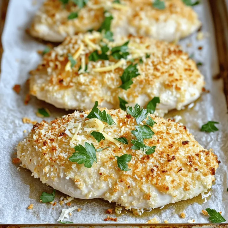 To make a tasty Parmesan crusted chicken, you need a few key ingredients. Here’s what you'll need: - 4 boneless, skinless chicken breasts - 1 cup finely grated Parmesan cheese - 1 cup panko breadcrumbs - 2 cloves garlic, minced - 1 tablespoon Italian seasoning blend - 1 teaspoon fresh lemon zest - 2 large eggs - 1 tablespoon extra virgin olive oil - Salt and freshly cracked black pepper to taste - Fresh parsley, finely chopped (for garnish) These ingredients blend well together to give you a crunchy, cheesy crust that is hard to resist. Fresh herbs and spices can elevate the flavors of your dish. I recommend using Italian seasoning. It brings warmth and depth to the chicken. A touch of lemon zest adds brightness, balancing the richness of Parmesan cheese. Don’t forget salt and black pepper; they enhance all the tastes in this dish. You can also consider adding fresh herbs like thyme or basil for an extra kick. Mixing in fresh garlic not only gives flavor but also adds a nice aroma while cooking. Having the right tools makes cooking easier and more enjoyable. Here are the must-have tools for this recipe: - Baking sheet - Parchment paper or cooking spray - Shallow bowl for the breading mix - Separate bowl for whisking eggs - Large skillet for searing These tools help you prepare and cook the chicken evenly. Using parchment paper on your baking sheet prevents sticking and makes cleanup a breeze. For the full recipe, check out the details to create your own Parmesan crusted chicken delight! To start, gather all your ingredients. You need boneless, skinless chicken breasts, Parmesan cheese, and panko breadcrumbs. Also, have garlic, Italian seasoning, lemon zest, eggs, olive oil, salt, and pepper ready. Next, preheat your oven to 400°F (200°C). This step is key. It ensures your chicken cooks evenly. Line a baking sheet with parchment paper or lightly grease it to prevent sticking. This makes cleanup easier too. Now, let’s coat the chicken. In a shallow bowl, mix the Parmesan cheese, panko breadcrumbs, minced garlic, Italian seasoning, lemon zest, and a pinch of salt and pepper. Mix well so every bit gets flavor. In another bowl, crack the two eggs. Whisk them until they are frothy. This egg mixture helps the crust stick to the chicken. Take one chicken breast and dip it into the egg mixture. Let the excess egg drip off. Then, coat it in the breadcrumb mix. Press down gently to make sure it sticks. Repeat this for each chicken breast until they are all coated. Heat some olive oil in a large skillet over medium heat. Once the oil shimmers, add the breaded chicken. Sear each side for about 2-3 minutes. This makes the crust golden and crispy. After searing, place the chicken on the prepared baking sheet. Bake it in the oven for 15-20 minutes. Use a meat thermometer to check the internal temperature. It should reach 165°F (75°C). Once cooked, remove the chicken from the oven. Let it rest for 5 minutes to keep the juices inside. Finally, garnish with fresh parsley for color and flavor. For the full recipe, check the section above. Enjoy your savory dinner delight! To get a crispy crust on your Parmesan crusted chicken, follow these tips: - Use panko breadcrumbs. They are lighter and crispier than regular breadcrumbs. - Mix the breadcrumbs with finely grated Parmesan cheese. This adds flavor and crunch. - Press the coating onto the chicken. This helps it stick better during cooking. - Sear the chicken in a hot skillet. This locks in moisture while creating a golden crust. Many people make simple mistakes while cooking this dish. Here are some to avoid: - Don’t skip the egg wash. It helps the coating stick to the chicken. - Make sure your oil is hot before adding the chicken. If it’s too cold, the crust won’t crisp. - Don’t overcrowd the skillet. This can steam the chicken instead of browning it. - Always check the chicken's internal temperature. It should be at least 165°F (75°C) for safe eating. You can make Parmesan crusted chicken in different ways. Here are a few methods: - Air Fryer: Preheat your air fryer to 375°F (190°C). Place the coated chicken in a single layer. Cook for about 12-15 minutes, flipping halfway through. - Grilling: Preheat your grill to medium-high heat. Grill the chicken for 6-7 minutes per side or until fully cooked. Use indirect heat if the crust starts to burn. These methods can give you a great taste while saving time. {{image_4}} You can change up the taste by adding different cheeses. Try using a mix of mozzarella for a gooey texture or cheddar for a sharp bite. Adding spices can also elevate the dish. Consider paprika for a smoky flavor or cayenne for heat. Each twist brings a new experience to your meal. Experimenting with flavors makes cooking fun and personal. Serving Parmesan crusted chicken with the right sides enhances your meal. Fresh vegetables like steamed broccoli or sautéed spinach add color and nutrients. A light salad with a tangy vinaigrette brings freshness. For a heartier option, serve it with creamy mashed potatoes or a quinoa salad. These sides balance the rich chicken perfectly. You can easily make a low-carb version of this dish. Swap panko breadcrumbs for crushed pork rinds or almond flour. Use grated Parmesan cheese to keep that rich flavor without the carbs. Serve it with a side of zoodles (zucchini noodles) or cauliflower rice. This way, you enjoy a tasty meal while keeping carbs low. After enjoying your Parmesan crusted chicken, store the leftovers properly. First, let the chicken cool down to room temperature. Then, place the pieces in an airtight container. This keeps them fresh and prevents drying out. You can also use plastic wrap or aluminum foil if you don’t have a container. Store it in the fridge, where it will last for up to four days. When it's time to eat the leftovers, you want them crispy again. The best way is to use an oven. Preheat your oven to 375°F (190°C). Place the chicken on a baking sheet. Bake for about 10-15 minutes. This helps the crust stay crunchy. You can also use an air fryer for reheating. Set it to 350°F (175°C) and cook for about 5-7 minutes. Both methods work well to get your chicken warm and crispy. If you want to save the chicken for later, freezing is a great option. Wrap each piece tightly in plastic wrap or foil. Then, place them in a freezer bag. Remove as much air as possible before sealing. This prevents freezer burn. You can freeze the chicken for up to three months. When you're ready to eat it, thaw it in the fridge overnight. Then, reheat it using the methods mentioned above for the best results. For more details, check out the Full Recipe for Parmesan Crusted Chicken Delight! To check if the chicken is fully cooked, use a meat thermometer. Insert it into the thickest part of the breast. The safe internal temperature is 165°F (75°C). If you don’t have a thermometer, cut into the chicken. The meat should be white and the juices clear. If you see any pink, it needs more time. Yes, you can prepare the chicken ahead of time. Bread the chicken breasts and place them in the fridge. Cover them with plastic wrap to keep them fresh. You can bake them the next day. This saves time and makes dinner easier. Parmesan crusted chicken goes well with many sides. Here are some great options: - Garlic mashed potatoes - Roasted vegetables - Fresh garden salad - Creamy risotto - Steamed asparagus These sides balance the rich flavors of the chicken. Enjoy mixing and matching your favorites! - Full Recipe: Parmesan Crusted Chicken Delight You have learned about making delicious Parmesan Crusted Chicken. We covered key ingredients, step-by-step cooking, and helpful tips for the best crispiness. I shared fun variations, proper storage, and answered common questions. With this knowledge, you can create a tasty dish at home easily. Enjoy your cooking journey and impress your friends and family with this delightful recipe.