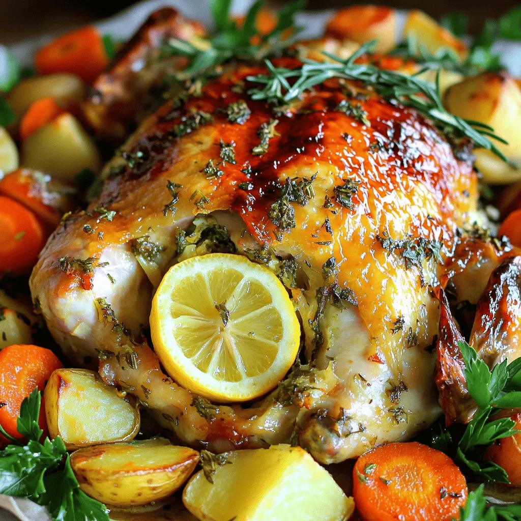 To make garlic herb roasted chicken, you need a few key items: - 1 whole chicken (approximately 4-5 lbs) - 1 tablespoon olive oil - 1 tablespoon unsalted butter, softened to room temperature - 6 cloves garlic, minced finely - Zest of 1 large lemon - Juice of 1 large lemon - Salt and freshly ground black pepper, to taste The herbs and spices add flavor and aroma to the dish: - 2 teaspoons fresh thyme, finely chopped (or 1 teaspoon dried thyme) - 2 teaspoons fresh rosemary, finely chopped (or 1 teaspoon dried rosemary) - 2 teaspoons fresh parsley, finely chopped You can enhance the meal with some tasty veggies: - Mixed fresh vegetables, such as carrots, potatoes, and onions, cut into uniform pieces for roasting - Drizzle with olive oil and season with salt and pepper before roasting The garlic herb roasted chicken is simple yet full of flavor. Each ingredient plays a role in making this dish delicious. For the complete recipe, check out the Full Recipe. Start by preheating your oven to 425°F (220°C). This gives the chicken a great roast. Next, prepare a roasting pan. You can grease it lightly or use parchment paper for easy cleanup. Now, let's make the herb paste. In a small bowl, mix together: - 6 cloves garlic, minced - 1 tablespoon olive oil - 1 tablespoon unsalted butter, softened - 2 teaspoons fresh thyme, finely chopped - 2 teaspoons fresh rosemary, finely chopped - 2 teaspoons fresh parsley, finely chopped - Zest of 1 large lemon - Salt and freshly ground black pepper, to taste Stir until smooth and fragrant. This herb paste is key to adding flavor. Now, let's ready the chicken. First, pat it dry with paper towels. This helps keep the skin crispy. Next, gently loosen the skin at the neck end. Be careful not to tear it. Rub half of the herb paste under the skin. This gets flavor deep into the meat. Use the rest of the paste to coat the outside of the chicken. Stuff the cavity with a halved lemon and any leftover herb mix. If you want to add vegetables, cut them into uniform pieces and place them around the chicken. Drizzle them with olive oil and sprinkle with salt and pepper. Place the chicken in the oven. Roast for about 1 hour and 20 minutes. The chicken is done when its internal temperature reaches 165°F (74°C). Baste it with its own juices halfway through for extra flavor. To get that perfect crispy skin, remember to dry the chicken well. The loose skin helps, too. Basting with juices keeps the chicken moist but also helps the skin get crispy. After roasting, let the chicken rest for 10-15 minutes before carving. This allows the juices to redistribute. Trust me, it makes a big difference in taste and texture. You can check out the Full Recipe for all the steps and tips. Enjoy your flavorful Garlic Herb Roasted Chicken! Marinating your chicken is a key step. I recommend marinating for at least two hours. This gives the herbs time to seep into the meat. Use a mix of olive oil, lemon juice, and garlic to create a tasty marinade. You can also add salt and pepper to enhance the flavor. If you have time, try marinating overnight. This makes the chicken even more delicious! Basting adds moisture and flavor to your chicken. Halfway through cooking, use a spoon to pour the chicken's juices over the top. This keeps the skin crispy and flavorful. If you want extra flavor, baste with melted butter mixed with herbs. It adds richness and keeps the meat juicy. Don’t forget to baste every 20 minutes for best results! A meat thermometer is your best friend. Insert it into the thickest part of the chicken, avoiding bones. Aim for an internal temperature of 165°F (74°C). This ensures your chicken is safe to eat and perfectly cooked. If you don’t have a thermometer, check if the juices run clear when you cut into it. Using a thermometer gives you peace of mind with every bite. For the full recipe, check out the Garlic Herb Roasted Chicken instructions. {{image_4}} You can change the herbs in your garlic herb roasted chicken to suit your taste. Instead of thyme, try using sage for a warm flavor. Oregano gives it a nice twist, too. You could also add a pinch of red pepper flakes for some heat. If you have fresh herbs, use them! They provide a brighter taste. Both the Instant Pot and oven work well for this recipe, but they give different results. The oven method offers a golden, crispy skin that is hard to beat. It also fills your kitchen with a great smell. The Instant Pot cooks the chicken faster and keeps it juicy. If you choose the Instant Pot, set it for about 6-8 minutes per pound. Always check that the internal temperature reaches 165°F (74°C). Adding a sauce can elevate your meal. A creamy garlic sauce pairs well with the roasted chicken. Simply mix heavy cream, garlic, and herbs for a rich topping. Alternatively, a tangy lemon sauce adds brightness. To make it, combine lemon juice, butter, and a bit of broth. This adds a fresh flavor that complements the herbs. You can also serve the chicken with a side of chimichurri for a zesty kick. For more ideas, check out the Full Recipe. After enjoying your garlic herb roasted chicken, store any leftovers right away. Place the chicken in an airtight container. This keeps the chicken fresh and tasty. Make sure to add any leftover vegetables too. Store it in the fridge for up to four days. If you want to keep it longer, freezing is a great option. When you’re ready to eat your leftovers, reheating is key. Preheat your oven to 350°F (175°C). Place the chicken in an oven-safe dish and cover it with foil. This keeps moisture in. Heat for about 20-30 minutes, or until warm. You can also use the microwave. Just heat it on medium power for a few minutes. Check often to avoid drying it out. To freeze your garlic herb roasted chicken, ensure it’s completely cool. Wrap it tightly in plastic wrap and then in aluminum foil. This prevents freezer burn. Label the package with the date. You can freeze it for up to three months. When you’re ready to eat, thaw it in the fridge overnight. Then, reheat as mentioned above for a tasty meal. For the full recipe, check out the [Full Recipe]. Roast chicken for about 20 minutes per pound. So, a 4-pound chicken takes about 1 hour and 20 minutes. Always check the temperature with a meat thermometer. It should reach 165°F (74°C) in the thickest part. Using frozen chicken is not ideal for this recipe. It is best to thaw the chicken fully before roasting. Cooking frozen chicken may lead to uneven cooking and tough meat. Garlic roasted chicken works well with several herbs. Here are some great choices: - Thyme - Rosemary - Parsley - Sage - Oregano These herbs add depth and flavor to your dish. Check for doneness by using a meat thermometer. Insert it into the thickest part of the thigh. The chicken is done when it reads 165°F (74°C). You can also check if the juices run clear when you cut into it. Yes, you can cook this chicken on a grill! Set the grill to medium heat. Cook the chicken until it reaches the right temperature. Grilling adds a nice smoky flavor and crispy skin. For full details, check out the Full Recipe. You learned how to make Garlic Herb Roasted Chicken. We covered the key ingredients, herbs, and spices. I shared the steps for a crispy skin and juicy meat. Tips like marinating and basting will enhance flavor. You can mix it up with substitutions and different cooking methods. Proper storage keeps your leftovers tasty, and I answered common questions. Cook confidently and enjoy your meal!