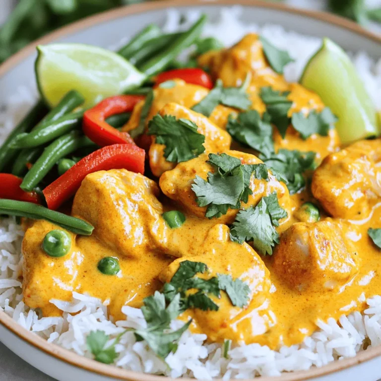 - 1 lb boneless, skinless chicken thighs, diced - 1 can full-fat coconut milk - 2 tablespoons red curry paste - 1 medium onion, finely chopped - 2 cloves garlic, minced - 1-inch piece of fresh ginger, grated - 1 red bell pepper, sliced - 1 cup green beans, trimmed - 1 tablespoon fish sauce - 1 tablespoon brown sugar - Juice of 1 fresh lime - Fresh cilantro leaves for garnish In this recipe, the chicken provides a rich protein base. The coconut milk adds creaminess and a slight sweetness. Red curry paste brings in the right amount of heat and spice. The onion, garlic, and ginger create a strong flavor base. These aromatics enhance the dish and give it warmth. Red bell peppers and green beans add color, crunch, and nutrition. For seasoning, fish sauce adds depth, while brown sugar balances the flavors. Fresh lime juice brightens every bite. Finally, cilantro gives a fresh finish that ties everything together. You can find the full recipe [here](#). Enjoy cooking this delicious dish! To start, heat the vegetable oil in a large skillet. Use medium heat for this. Once hot, add the finely chopped onion. Sauté the onion for about 3 to 4 minutes. You want it to be soft and see-through. Next, add the minced garlic and grated ginger. Stir them in for 1 to 2 minutes. This step fills your kitchen with an amazing smell. Just be careful not to burn the garlic. Now, add the diced chicken thighs to the skillet. Sprinkle a little salt and pepper over the chicken. Cook it for about 5 to 6 minutes. Stir it often so it turns brown on all sides. This browning step helps build rich flavor. After that, add the red curry paste. Make sure each piece of chicken gets coated. Let it cook for another 1 to 2 minutes. This helps the flavors blend nicely. Now comes the fun part—adding the coconut milk! Gradually pour it into the skillet. Stir it well to mix everything. Next, toss in the sliced red bell pepper and green beans. Mix it all together so the veggies are spread out in the curry. Add the fish sauce and brown sugar next. Bring the mixture to a gentle simmer. Lower the heat and let it cook for 10 to 15 minutes. This gives the chicken time to cook through and the veggies to get tender. When everything is cooked, squeeze the juice of one lime into the curry. This brightens the dish. Taste it and adjust the seasoning if needed. You might want more salt, pepper, or lime juice. Serve the coconut curry chicken hot. Garnish it with fresh cilantro leaves. This adds a nice pop of color and flavor. If you want the full recipe, check out the [Full Recipe]. To get great flavor in your coconut curry chicken, you must balance the spices. Start by adding the right amount of red curry paste. If you want more heat, add a little more. The fish sauce adds umami, while the brown sugar helps to balance the heat. Always taste as you go. Add lime juice at the end to brighten up the dish. This way, you can adjust the flavors to your liking. For cooking, heat is key. Use medium heat when sautéing the onions. This helps them become soft without burning. When you add the chicken, keep it on medium heat until it browns nicely. Once you add the coconut milk, reduce the heat. A gentle simmer lets the flavors blend well. Cooking too high can make the coconut milk oily or split. Presentation matters when serving your dish. For a great look, serve the coconut curry over fluffy jasmine rice or quinoa. This lets the grains soak up the sauce. Garnish the dish with fresh cilantro for a pop of color. You can also add lime wedges on the side. This makes the dish look fresh and inviting. Enjoy making your meal beautiful before you eat it! For the full recipe, check out the [Full Recipe]. {{image_4}} You can easily make this dish vegetarian. Substitute chicken with tofu or chickpeas. Tofu absorbs flavors well. Use firm tofu for the best texture. Drain and press it before dicing. For chickpeas, canned ones work great too. Rinse them to remove excess sodium. Both options make a tasty coconut curry. Changing the curry paste can alter the dish's flavor. Red curry paste is bold and spicy. Yellow curry paste is milder and sweeter. Green curry paste has a fresh, herbal taste. Each paste offers a unique twist. Try mixing them for a custom flavor. You can add more veggies for extra nutrition and color. Seasonal add-ins can include squash, carrots, or spinach. Chop them into small pieces for even cooking. Add them along with the red bell pepper. This way, they cook perfectly together. More veggies make the meal heartier and more satisfying. To store leftover coconut curry chicken, let it cool first. Place it in an airtight container. This helps keep it fresh and tasty. You can store it in the fridge for up to three days. When ready to eat, just reheat it on the stove or in the microwave. If you want to keep it longer, freezing is a great option. Pour the cooled curry into a freezer-safe container. Leave some space at the top for expansion. Seal it tightly and label it with the date. You can freeze coconut curry chicken for up to three months. When you want to eat it, thaw it overnight in the fridge. Then, reheat it gently on the stove until hot. Coconut curry chicken stays fresh in the fridge for about three days. If frozen, it can last up to three months. Be sure to check for any off smells or changes in texture before eating. Enjoy the flavors at their best by eating them within these time frames. For more details, check the Full Recipe. Coconut curry chicken is a warm and creamy dish. It features tender chicken cooked in coconut milk and red curry paste. This dish blends sweet, savory, and spicy flavors. The coconut milk gives it a rich texture, while the curry paste adds depth. You will also find fresh veggies like bell peppers and green beans in the mix. This dish is perfect over rice or quinoa. It's a favorite for those who enjoy a taste of the tropics. Yes! You can easily adjust the spice level. Start by adding more red curry paste to the dish. Each brand has its own heat, so taste as you go. You can also add fresh chili peppers or chili flakes for extra heat. If you want more flavor without too much spice, try adding a dash of hot sauce. Coconut curry chicken pairs well with various sides. Here are some great options: - Steamed jasmine rice - Fluffy quinoa - Warm naan bread - Crispy vegetable spring rolls - Fresh salad with lime dressing These sides help balance the rich flavors of the curry. You can also offer lime wedges for a zesty touch. For the full recipe, check out the complete guide. In this blog post, we explored how to make Coconut Curry Chicken. We covered key ingredients like chicken, coconut milk, and vegetables. I shared step-by-step instructions to sauté, brown, and create a flavorful curry. Tips on balancing spices and serving suggestions help enhance the dish. You learned about variations, storage, and common questions too. Coconut Curry Chicken is versatile and tasty. Experiment with flavors and enjoy!