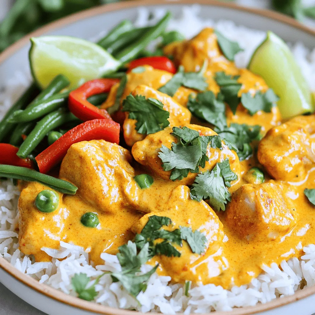 - 1 lb boneless, skinless chicken thighs, diced - 1 can full-fat coconut milk - 2 tablespoons red curry paste - 1 medium onion, finely chopped - 2 cloves garlic, minced - 1-inch piece of fresh ginger, grated - 1 red bell pepper, sliced - 1 cup green beans, trimmed - 1 tablespoon fish sauce - 1 tablespoon brown sugar - Juice of 1 fresh lime - Fresh cilantro leaves for garnish In this recipe, the chicken provides a rich protein base. The coconut milk adds creaminess and a slight sweetness. Red curry paste brings in the right amount of heat and spice. The onion, garlic, and ginger create a strong flavor base. These aromatics enhance the dish and give it warmth. Red bell peppers and green beans add color, crunch, and nutrition. For seasoning, fish sauce adds depth, while brown sugar balances the flavors. Fresh lime juice brightens every bite. Finally, cilantro gives a fresh finish that ties everything together. You can find the full recipe [here](#). Enjoy cooking this delicious dish! To start, heat the vegetable oil in a large skillet. Use medium heat for this. Once hot, add the finely chopped onion. Sauté the onion for about 3 to 4 minutes. You want it to be soft and see-through. Next, add the minced garlic and grated ginger. Stir them in for 1 to 2 minutes. This step fills your kitchen with an amazing smell. Just be careful not to burn the garlic. Now, add the diced chicken thighs to the skillet. Sprinkle a little salt and pepper over the chicken. Cook it for about 5 to 6 minutes. Stir it often so it turns brown on all sides. This browning step helps build rich flavor. After that, add the red curry paste. Make sure each piece of chicken gets coated. Let it cook for another 1 to 2 minutes. This helps the flavors blend nicely. Now comes the fun part—adding the coconut milk! Gradually pour it into the skillet. Stir it well to mix everything. Next, toss in the sliced red bell pepper and green beans. Mix it all together so the veggies are spread out in the curry. Add the fish sauce and brown sugar next. Bring the mixture to a gentle simmer. Lower the heat and let it cook for 10 to 15 minutes. This gives the chicken time to cook through and the veggies to get tender. When everything is cooked, squeeze the juice of one lime into the curry. This brightens the dish. Taste it and adjust the seasoning if needed. You might want more salt, pepper, or lime juice. Serve the coconut curry chicken hot. Garnish it with fresh cilantro leaves. This adds a nice pop of color and flavor. If you want the full recipe, check out the [Full Recipe]. To get great flavor in your coconut curry chicken, you must balance the spices. Start by adding the right amount of red curry paste. If you want more heat, add a little more. The fish sauce adds umami, while the brown sugar helps to balance the heat. Always taste as you go. Add lime juice at the end to brighten up the dish. This way, you can adjust the flavors to your liking. For cooking, heat is key. Use medium heat when sautéing the onions. This helps them become soft without burning. When you add the chicken, keep it on medium heat until it browns nicely. Once you add the coconut milk, reduce the heat. A gentle simmer lets the flavors blend well. Cooking too high can make the coconut milk oily or split. Presentation matters when serving your dish. For a great look, serve the coconut curry over fluffy jasmine rice or quinoa. This lets the grains soak up the sauce. Garnish the dish with fresh cilantro for a pop of color. You can also add lime wedges on the side. This makes the dish look fresh and inviting. Enjoy making your meal beautiful before you eat it! For the full recipe, check out the [Full Recipe]. {{image_4}} You can easily make this dish vegetarian. Substitute chicken with tofu or chickpeas. Tofu absorbs flavors well. Use firm tofu for the best texture. Drain and press it before dicing. For chickpeas, canned ones work great too. Rinse them to remove excess sodium. Both options make a tasty coconut curry. Changing the curry paste can alter the dish's flavor. Red curry paste is bold and spicy. Yellow curry paste is milder and sweeter. Green curry paste has a fresh, herbal taste. Each paste offers a unique twist. Try mixing them for a custom flavor. You can add more veggies for extra nutrition and color. Seasonal add-ins can include squash, carrots, or spinach. Chop them into small pieces for even cooking. Add them along with the red bell pepper. This way, they cook perfectly together. More veggies make the meal heartier and more satisfying. To store leftover coconut curry chicken, let it cool first. Place it in an airtight container. This helps keep it fresh and tasty. You can store it in the fridge for up to three days. When ready to eat, just reheat it on the stove or in the microwave. If you want to keep it longer, freezing is a great option. Pour the cooled curry into a freezer-safe container. Leave some space at the top for expansion. Seal it tightly and label it with the date. You can freeze coconut curry chicken for up to three months. When you want to eat it, thaw it overnight in the fridge. Then, reheat it gently on the stove until hot. Coconut curry chicken stays fresh in the fridge for about three days. If frozen, it can last up to three months. Be sure to check for any off smells or changes in texture before eating. Enjoy the flavors at their best by eating them within these time frames. For more details, check the Full Recipe. Coconut curry chicken is a warm and creamy dish. It features tender chicken cooked in coconut milk and red curry paste. This dish blends sweet, savory, and spicy flavors. The coconut milk gives it a rich texture, while the curry paste adds depth. You will also find fresh veggies like bell peppers and green beans in the mix. This dish is perfect over rice or quinoa. It's a favorite for those who enjoy a taste of the tropics. Yes! You can easily adjust the spice level. Start by adding more red curry paste to the dish. Each brand has its own heat, so taste as you go. You can also add fresh chili peppers or chili flakes for extra heat. If you want more flavor without too much spice, try adding a dash of hot sauce. Coconut curry chicken pairs well with various sides. Here are some great options: - Steamed jasmine rice - Fluffy quinoa - Warm naan bread - Crispy vegetable spring rolls - Fresh salad with lime dressing These sides help balance the rich flavors of the curry. You can also offer lime wedges for a zesty touch. For the full recipe, check out the complete guide. In this blog post, we explored how to make Coconut Curry Chicken. We covered key ingredients like chicken, coconut milk, and vegetables. I shared step-by-step instructions to sauté, brown, and create a flavorful curry. Tips on balancing spices and serving suggestions help enhance the dish. You learned about variations, storage, and common questions too. Coconut Curry Chicken is versatile and tasty. Experiment with flavors and enjoy!