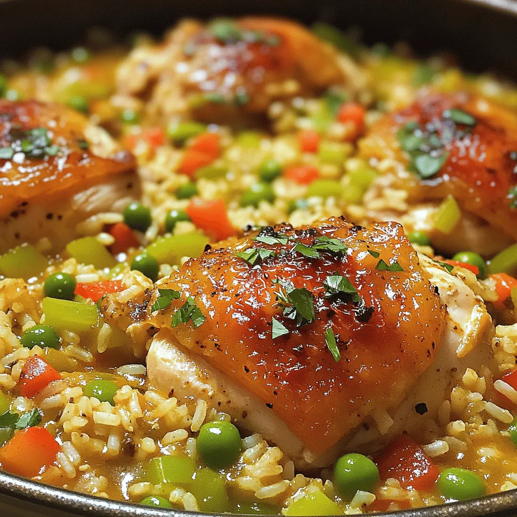 - 1 lb boneless, skinless chicken thighs, cut into bite-sized pieces - 1 cup long-grain rice - 1 small onion, finely diced - 1 bell pepper (any color), finely diced - 2 celery stalks, finely diced - 3 cloves garlic, minced - 2 cups low-sodium chicken broth - 1 tablespoon Cajun seasoning - 1 teaspoon smoked paprika - 1/2 teaspoon cayenne pepper (optional, for extra heat) - 1 cup frozen peas - 2 tablespoons olive oil - Salt and pepper to taste - Fresh parsley, chopped (for garnish) - Large pot or Dutch oven - Cutting board - Sharp knife - Wooden spoon or spatula - Measuring cups and spoons - Serving bowls This dish serves about 4 people. Each serving gives you a balance of protein and carbs. Here is a rough estimate of the nutritional values per serving: - Calories: 450 - Protein: 30g - Carbohydrates: 45g - Fat: 15g - Fiber: 3g - Sodium: 600mg This meal is hearty and filling, making it perfect for family dinners. You can enjoy the mix of chicken, rice, and veggies while knowing it’s good for you. For the full recipe, check out the detailed cooking steps. To make this dish, gather all your ingredients first. This makes cooking smooth and easy. You need chicken, rice, and fresh veggies. Make sure to measure everything out. This way, you won’t forget anything. Get your pot ready too. A large pot or Dutch oven works best. - Searing the Chicken Start by heating the olive oil in your pot. Use medium heat to warm it up. Once hot, add the diced chicken thighs. Season them with salt, pepper, and half of the Cajun seasoning. Cook for about 5-7 minutes. Stir occasionally to brown the chicken evenly. When it is golden, remove it from the pot and set it aside. - Sautéing the Vegetables In the same pot, add the diced onion, bell pepper, celery, and minced garlic. This step adds great flavor. Sauté these for about 3-4 minutes. Cook until the onion looks soft and clear. This shows the veggies are ready for the next step. Now add the rest of the Cajun seasoning, smoked paprika, and cayenne pepper if you want more heat. - Adding Ingredients Together Next, stir in the rice. Make sure to coat it well with the veggies and spices. This toasting step will help the rice taste better. After a minute, pour in the chicken broth and turn up the heat. Bring it to a boil. When it boils, lower the heat back down. Add the seared chicken back into the pot. Cover it and let it simmer for about 20 minutes. The rice will soak up the broth. In the last 5 minutes, fold in the frozen peas. They will warm up nicely. Once done, fluff the rice with a fork and check the taste. Adjust the seasoning if needed. Garnish with fresh parsley before serving. This dish is simple and packed with flavor! If you want the complete recipe, check out the Full Recipe. To make your one pot chicken and dirty rice really pop, use fresh herbs. Fresh parsley adds a nice touch. You can also experiment with different Cajun spices. Each blend has a unique flavor. Try adding a squeeze of lime juice before serving. This brightens the dish and adds freshness. Adjust the spice levels based on your taste. If you like it hot, add more cayenne or a dash of hot sauce. For a milder version, reduce the cayenne. You can also swap the chicken for shrimp or sausage. Just adjust the cooking time as needed. Shrimp cooks quickly, while sausage may need longer to brown. One common mistake is overcooking the rice. Keep an eye on it and check a few minutes early. Another mistake is not to season at each step. Always flavor the chicken, veggies, and rice to build layers of taste. Lastly, don't skip the resting time after cooking. Letting the dish sit helps the flavors meld together beautifully. Check out the [Full Recipe] for all the steps and tips! {{image_4}} You can switch the chicken for other meats. Try shrimp, pork, or sausage. Each protein adds a unique flavor. For shrimp, cook them briefly to avoid overcooking. For sausage, slice and brown it before adding other ingredients. These substitutes keep the dish exciting. For a meat-free version, use mushrooms or jackfruit. Mushrooms give depth and a meaty texture. Jackfruit absorbs flavors well and adds bulk. Replace chicken broth with vegetable broth for a richer taste. Add more veggies like zucchini and carrots for color and nutrition. Adjusting spice levels is easy. For mild flavors, reduce the cayenne pepper or skip it. Add sweet bell peppers for a hint of sweetness. If you want more heat, add more cayenne or crushed red pepper flakes. You can also try hot sauce at the end for extra kick. Check out the Full Recipe for a delicious experience! To keep your One Pot Chicken and Dirty Rice fresh, let it cool first. Transfer the dish to an airtight container. Store it in the fridge for up to three days. This way, you’ll enjoy the same great taste later. When you want to reheat, use a microwave or a stovetop. If using the microwave, heat in short bursts. Stir after each burst for even warmth. If using the stovetop, add a splash of chicken broth. This helps keep the rice moist and tasty. You can also freeze leftovers. Place the cooled dish in a freezer-safe container. Make sure to leave some space for expansion. Label the container with the date. It will stay good for up to three months. When ready to eat, thaw overnight in the fridge before reheating. Dirty rice is a flavorful dish from Louisiana. It is made with white rice mixed with ground meat, spices, and vegetables. The name comes from the rice’s color, which gets darker from the meat and seasonings. Traditional ingredients include onions, bell peppers, and spices like Cajun seasoning. The dish is hearty and full of flavor, making it a favorite in many homes. Yes, you can use brown rice for this recipe. However, brown rice takes longer to cook. It usually needs about 40-50 minutes to become tender. You may need to add more broth to keep it moist. Just keep an eye on the cooking time and adjust the liquid as needed. The flavor will still be great! You can prepare the One Pot Chicken and Dirty Rice ahead of time. Cook the chicken and rice as directed, then let it cool. Store it in an airtight container in the fridge for up to three days. When you’re ready to eat, reheat it on the stove or in the microwave. If it seems dry, add a splash of broth to bring it back to life. This dish pairs well with various sides. You can serve it with a simple green salad for a fresh touch. Cornbread also makes a nice, comforting side. For a bit of heat, try a side of pickled jalapeños. The options are endless, so feel free to mix and match! For the full recipe, check out the [Full Recipe]. This blog post covered all you need to know about making One Pot Chicken and Dirty Rice. We looked at essential ingredients, cooking steps, and handy tips for success. You can adapt the recipe to suit your tastes and dietary needs. Remember to store leftovers properly and reheat them safely. Enjoy experimenting with flavors and variations! This dish not only satisfies your hunger but also brings joy to your kitchen. Now, go ahead and get cooking!