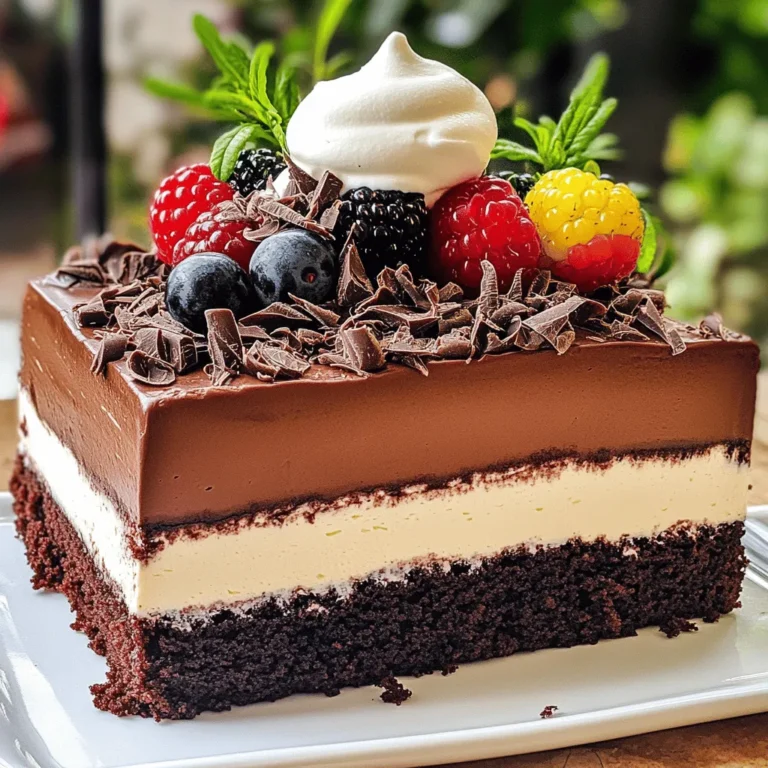 - 1 cup all-purpose flour - 1/2 cup unsweetened cocoa powder - 1 teaspoon baking powder - 1/2 teaspoon baking soda - 1/4 teaspoon salt - 1 cup granulated sugar - 1/2 cup unsalted butter, softened to room temperature - 2 large eggs - 1 teaspoon vanilla extract - 1/2 cup buttermilk - 6 ounces dark chocolate (70% cacao), finely chopped - 1 tablespoon granulated sugar - 3 large egg whites, at room temperature - 1 cup heavy cream, chilled - 6 ounces milk chocolate, finely chopped - 1 tablespoon granulated sugar - 3 large egg whites, at room temperature - 1 cup heavy cream, chilled - 6 ounces white chocolate, finely chopped - 1 tablespoon granulated sugar - 3 large egg whites, at room temperature - 1 cup heavy cream, chilled - Shaved chocolate or a dusting of cocoa powder - Fresh berries (like raspberries or strawberries) - Whipped cream This Triple Chocolate Mousse Cake is a celebration of flavors and textures. Each layer adds its own charm. The cake layer is rich and soft, while the mousses offer a delightful contrast. You can choose to decorate it simply or with a flourish. I love adding fresh berries for a pop of color and flavor. If you want the full recipe, I encourage you to explore the complete guide. Enjoy the process! First, preheat your oven to 350°F (175°C). Grease an 8-inch round cake pan with butter and dust it with flour. This step helps the cake not stick. In a medium bowl, mix 1 cup of flour, 1/2 cup of cocoa powder, 1 teaspoon of baking powder, 1/2 teaspoon of baking soda, and 1/4 teaspoon of salt. In a large bowl, beat 1 cup of granulated sugar with 1/2 cup of softened butter until light and fluffy. This should take about 3-5 minutes. Add 2 large eggs one at a time. Mix in 1 teaspoon of vanilla extract. Now, alternate adding the dry mix and 1/2 cup of buttermilk to the sugar and butter mix. Start and end with the dry mix. Mix just until combined. Pour the batter into your prepared pan and bake for 25-30 minutes. To check if it’s done, insert a toothpick in the center. It should come out clean. Let the cake cool completely on a wire rack. For the dark chocolate mousse, melt 6 ounces of finely chopped dark chocolate over simmering water in a heatproof bowl. Stir until smooth, then remove from heat and let it cool slightly. In another bowl, whip 1 cup of chilled heavy cream until soft peaks form. In a separate bowl, beat 3 large egg whites until soft peaks form. Gradually add 1 tablespoon of sugar, beating until stiff peaks appear. Carefully fold some whipped cream into the melted chocolate to lighten it. Then, gently fold in the rest of the whipped cream and the whipped egg whites until no streaks remain. Repeat the process for the dark chocolate mousse, using 6 ounces of finely chopped milk chocolate instead. This mousse will be sweeter and creamier. For the white chocolate mousse, melt 6 ounces of finely chopped white chocolate in the same way. Then, whip 1 cup of heavy cream and 3 large egg whites separately, adding sugar to the egg whites until you get stiff peaks. Fold the whipped cream and egg whites into the melted white chocolate until you see no streaks. Place the cooled chocolate cake on a serving plate. Spread the dark chocolate mousse over the top, smoothing it evenly. Chill for about 30 minutes to set. Next, layer the milk chocolate mousse over the dark chocolate layer and chill for another 30 minutes. Finally, spoon the white chocolate mousse on top and smooth it out. Cover the cake and refrigerate for at least 2 hours or preferably overnight. Once the cake has set, decorate the top with shaved chocolate, a dusting of cocoa powder, fresh berries, and whipped cream if you like. Slice into wedges and serve chilled. Each bite offers a rich and decadent delight that melts in your mouth! For the complete recipe, check out the [Full Recipe]. To get the best chocolate mousse texture, focus on two key steps: folding and temperature. First, let your chocolate cool a bit before mixing. If it's too hot, it can melt your whipped cream and egg whites. When you fold these ingredients together, do so gently. Use a spatula and cut through the mixture, then lift it from the bottom. This helps keep air in and maintains that light, fluffy texture. Many people make a few common mistakes. One big mistake is overmixing the mousse. This can lead to a dense texture. Another issue is not letting the cake cool completely before adding the mousse. If the cake is warm, the mousse may melt and not set right. Lastly, always check that your egg whites are at room temperature. This helps them whip up better and adds volume. For a stunning presentation, serve your cake with fresh berries or a dusting of cocoa powder. You can also add whipped cream on the side. Each slice reveals the beautiful mousse layers. If you want to impress your guests, try pairing your cake with a scoop of vanilla ice cream. This adds a nice contrast to the rich chocolate flavor. For the full recipe, you can check the section above. Enjoy your baking! {{image_4}} You can make this cake gluten-free. Use a gluten-free flour blend instead of regular flour. Look for blends that include xanthan gum to help with texture. Your cake will still taste rich and delicious. To make a dairy-free version, swap out butter for coconut oil or dairy-free butter. For the mousse, use coconut cream instead of heavy cream. Choose dairy-free chocolates for each layer. This keeps the cake creamy without any dairy. Add a splash of coffee or espresso to the chocolate cake mix. It enhances the chocolate flavor. You can also mix in a teaspoon of almond extract for an extra layer of taste. For a fruity twist, add a layer of raspberry or cherry puree between the mousse layers. These small changes can make your cake unique and exciting. For the full recipe, check out the Full Recipe section. Chilling is key for this cake. It helps the mousse layers set properly. After making the cake, cover it well with plastic wrap. Keep it in the fridge for at least two hours. If you have time, let it chill overnight. This waiting time makes the flavors blend better. Leftover cake can stay fresh in the fridge. Use an airtight container to keep it from drying out. If you don’t have a container, cover it tightly with plastic wrap. Enjoy the leftover cake within three days for the best taste. You can freeze Triple Chocolate Mousse Cake for longer storage. Wrap it tightly in plastic wrap, then place it in a freezer bag. This method prevents freezer burn. The cake can last up to a month in the freezer. To eat, thaw it in the fridge overnight before serving. You can use plain yogurt or milk with vinegar. Mix one tablespoon of vinegar or lemon juice into one cup of milk. Let it sit for about five minutes. This will mimic buttermilk's tangy taste and thick texture. Yes, you can make it a day in advance. Just store it in the fridge. The layers will set well, and the flavors will blend. It makes for a perfect dessert for parties. To check if the cake is done, insert a toothpick into the center. If it comes out clean or with a few moist crumbs, the cake is ready. Avoid overbaking to keep it moist. You can get creative with decorations. Try fresh berries, mint leaves, or chocolate shavings. A drizzle of caramel or chocolate sauce also adds a nice touch. The goal is to make it look as good as it tastes. Look for local bakeries that specialize in gourmet cakes. Online options also exist, so check delivery services. You can find many great options if you search for "Triple Chocolate Mousse Cake" nearby. In this post, I shared how to make a delicious Triple Chocolate Mousse Cake. We covered ingredients for the cake and mousse. I provided clear steps for preparing and assembling the dessert. Tips help you avoid common mistakes, and I offered storage info for leftovers. As you create your cake, remember to enjoy the rich flavors. Experiment with variations to suit your taste. You’ll impress anyone who tries it!