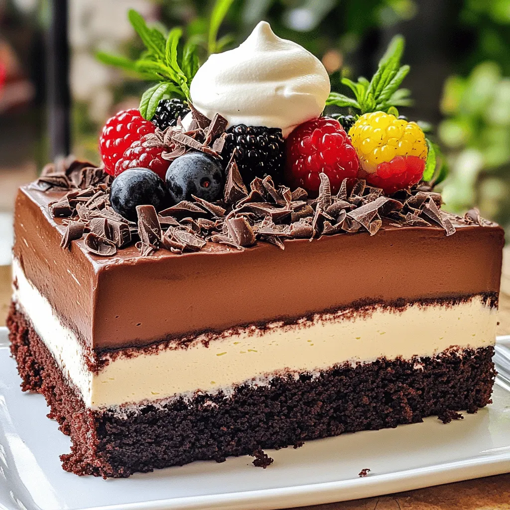 - 1 cup all-purpose flour - 1/2 cup unsweetened cocoa powder - 1 teaspoon baking powder - 1/2 teaspoon baking soda - 1/4 teaspoon salt - 1 cup granulated sugar - 1/2 cup unsalted butter, softened to room temperature - 2 large eggs - 1 teaspoon vanilla extract - 1/2 cup buttermilk - 6 ounces dark chocolate (70% cacao), finely chopped - 1 tablespoon granulated sugar - 3 large egg whites, at room temperature - 1 cup heavy cream, chilled - 6 ounces milk chocolate, finely chopped - 1 tablespoon granulated sugar - 3 large egg whites, at room temperature - 1 cup heavy cream, chilled - 6 ounces white chocolate, finely chopped - 1 tablespoon granulated sugar - 3 large egg whites, at room temperature - 1 cup heavy cream, chilled - Shaved chocolate or a dusting of cocoa powder - Fresh berries (like raspberries or strawberries) - Whipped cream This Triple Chocolate Mousse Cake is a celebration of flavors and textures. Each layer adds its own charm. The cake layer is rich and soft, while the mousses offer a delightful contrast. You can choose to decorate it simply or with a flourish. I love adding fresh berries for a pop of color and flavor. If you want the full recipe, I encourage you to explore the complete guide. Enjoy the process! First, preheat your oven to 350°F (175°C). Grease an 8-inch round cake pan with butter and dust it with flour. This step helps the cake not stick. In a medium bowl, mix 1 cup of flour, 1/2 cup of cocoa powder, 1 teaspoon of baking powder, 1/2 teaspoon of baking soda, and 1/4 teaspoon of salt. In a large bowl, beat 1 cup of granulated sugar with 1/2 cup of softened butter until light and fluffy. This should take about 3-5 minutes. Add 2 large eggs one at a time. Mix in 1 teaspoon of vanilla extract. Now, alternate adding the dry mix and 1/2 cup of buttermilk to the sugar and butter mix. Start and end with the dry mix. Mix just until combined. Pour the batter into your prepared pan and bake for 25-30 minutes. To check if it’s done, insert a toothpick in the center. It should come out clean. Let the cake cool completely on a wire rack. For the dark chocolate mousse, melt 6 ounces of finely chopped dark chocolate over simmering water in a heatproof bowl. Stir until smooth, then remove from heat and let it cool slightly. In another bowl, whip 1 cup of chilled heavy cream until soft peaks form. In a separate bowl, beat 3 large egg whites until soft peaks form. Gradually add 1 tablespoon of sugar, beating until stiff peaks appear. Carefully fold some whipped cream into the melted chocolate to lighten it. Then, gently fold in the rest of the whipped cream and the whipped egg whites until no streaks remain. Repeat the process for the dark chocolate mousse, using 6 ounces of finely chopped milk chocolate instead. This mousse will be sweeter and creamier. For the white chocolate mousse, melt 6 ounces of finely chopped white chocolate in the same way. Then, whip 1 cup of heavy cream and 3 large egg whites separately, adding sugar to the egg whites until you get stiff peaks. Fold the whipped cream and egg whites into the melted white chocolate until you see no streaks. Place the cooled chocolate cake on a serving plate. Spread the dark chocolate mousse over the top, smoothing it evenly. Chill for about 30 minutes to set. Next, layer the milk chocolate mousse over the dark chocolate layer and chill for another 30 minutes. Finally, spoon the white chocolate mousse on top and smooth it out. Cover the cake and refrigerate for at least 2 hours or preferably overnight. Once the cake has set, decorate the top with shaved chocolate, a dusting of cocoa powder, fresh berries, and whipped cream if you like. Slice into wedges and serve chilled. Each bite offers a rich and decadent delight that melts in your mouth! For the complete recipe, check out the [Full Recipe]. To get the best chocolate mousse texture, focus on two key steps: folding and temperature. First, let your chocolate cool a bit before mixing. If it's too hot, it can melt your whipped cream and egg whites. When you fold these ingredients together, do so gently. Use a spatula and cut through the mixture, then lift it from the bottom. This helps keep air in and maintains that light, fluffy texture. Many people make a few common mistakes. One big mistake is overmixing the mousse. This can lead to a dense texture. Another issue is not letting the cake cool completely before adding the mousse. If the cake is warm, the mousse may melt and not set right. Lastly, always check that your egg whites are at room temperature. This helps them whip up better and adds volume. For a stunning presentation, serve your cake with fresh berries or a dusting of cocoa powder. You can also add whipped cream on the side. Each slice reveals the beautiful mousse layers. If you want to impress your guests, try pairing your cake with a scoop of vanilla ice cream. This adds a nice contrast to the rich chocolate flavor. For the full recipe, you can check the section above. Enjoy your baking! {{image_4}} You can make this cake gluten-free. Use a gluten-free flour blend instead of regular flour. Look for blends that include xanthan gum to help with texture. Your cake will still taste rich and delicious. To make a dairy-free version, swap out butter for coconut oil or dairy-free butter. For the mousse, use coconut cream instead of heavy cream. Choose dairy-free chocolates for each layer. This keeps the cake creamy without any dairy. Add a splash of coffee or espresso to the chocolate cake mix. It enhances the chocolate flavor. You can also mix in a teaspoon of almond extract for an extra layer of taste. For a fruity twist, add a layer of raspberry or cherry puree between the mousse layers. These small changes can make your cake unique and exciting. For the full recipe, check out the Full Recipe section. Chilling is key for this cake. It helps the mousse layers set properly. After making the cake, cover it well with plastic wrap. Keep it in the fridge for at least two hours. If you have time, let it chill overnight. This waiting time makes the flavors blend better. Leftover cake can stay fresh in the fridge. Use an airtight container to keep it from drying out. If you don’t have a container, cover it tightly with plastic wrap. Enjoy the leftover cake within three days for the best taste. You can freeze Triple Chocolate Mousse Cake for longer storage. Wrap it tightly in plastic wrap, then place it in a freezer bag. This method prevents freezer burn. The cake can last up to a month in the freezer. To eat, thaw it in the fridge overnight before serving. You can use plain yogurt or milk with vinegar. Mix one tablespoon of vinegar or lemon juice into one cup of milk. Let it sit for about five minutes. This will mimic buttermilk's tangy taste and thick texture. Yes, you can make it a day in advance. Just store it in the fridge. The layers will set well, and the flavors will blend. It makes for a perfect dessert for parties. To check if the cake is done, insert a toothpick into the center. If it comes out clean or with a few moist crumbs, the cake is ready. Avoid overbaking to keep it moist. You can get creative with decorations. Try fresh berries, mint leaves, or chocolate shavings. A drizzle of caramel or chocolate sauce also adds a nice touch. The goal is to make it look as good as it tastes. Look for local bakeries that specialize in gourmet cakes. Online options also exist, so check delivery services. You can find many great options if you search for "Triple Chocolate Mousse Cake" nearby. In this post, I shared how to make a delicious Triple Chocolate Mousse Cake. We covered ingredients for the cake and mousse. I provided clear steps for preparing and assembling the dessert. Tips help you avoid common mistakes, and I offered storage info for leftovers. As you create your cake, remember to enjoy the rich flavors. Experiment with variations to suit your taste. You’ll impress anyone who tries it!
