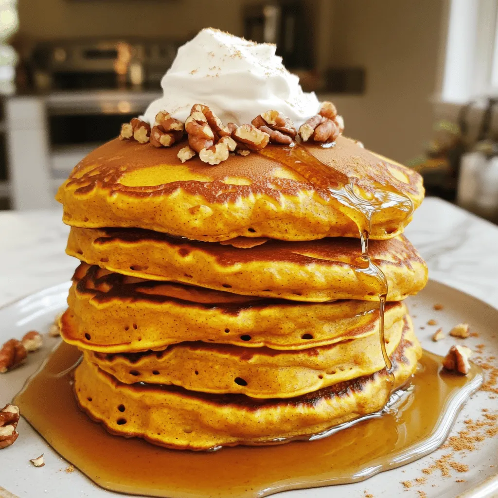 To make the best pumpkin spice pancakes, gather these simple ingredients: - 1 cup all-purpose flour - 1/2 cup canned pumpkin puree - 1 tablespoon baking powder - 1 tablespoon pumpkin pie spice - 1/4 teaspoon salt - 1 tablespoon brown sugar - 1 large egg - 1 cup milk (almond or oat milk options) - 2 tablespoons melted butter (plus extra for cooking) - Whipped cream (optional, for topping) - Maple syrup (for serving) These ingredients come together to create a warm and cozy breakfast. The pumpkin puree adds moisture and flavor. Pumpkin pie spice gives that classic fall taste. Choosing the right milk is key. Almond or oat milk work great for a dairy-free option. You can also adjust sweetness with brown sugar. For a richer taste, use extra melted butter while cooking. This pancake recipe is easy to follow and perfect for any skill level. You can find the full recipe above for detailed instructions on how to make these delicious pancakes. Enjoy the comforting flavors of fall with every bite. - In a large bowl, combine: - 1 cup all-purpose flour - 1 tablespoon baking powder - 1 tablespoon pumpkin pie spice - 1/4 teaspoon salt - 1 tablespoon brown sugar - Whisk these dry ingredients until mixed well. - In another bowl, mix: - 1/2 cup canned pumpkin puree - 1 large egg - 1 cup milk (almond or oat milk works too) - 2 tablespoons melted butter - Stir these wet ingredients until smooth. - Pour the wet mix into the dry mix. - Gently stir until just combined. A few lumps are okay. - Preheat a non-stick skillet over medium-low heat. - Lightly coat the skillet with melted butter. - For each pancake, pour about 1/4 cup of batter onto the skillet. - Cook until bubbles form on the surface (about 2-3 minutes). - Flip the pancake and cook for another 2 minutes. It should turn golden brown. - Repeat this with the rest of the batter, adding butter as needed. - Serve warm pancakes topped with: - Whipped cream (optional) - Maple syrup - For a beautiful presentation, stack the pancakes on a plate. - Drizzle with syrup and sprinkle extra pumpkin pie spice or chopped nuts. - Enjoy them warm for the best taste! For the detailed recipe, refer to the Full Recipe. To make the best pumpkin spice pancakes, avoid over-mixing the batter. When you combine the wet and dry ingredients, stir gently. Small lumps are okay. Over-mixing makes the pancakes tough. The ideal cooking temperature is medium-low heat. This lets your pancakes cook evenly. If the skillet is too hot, the outside burns before the inside cooks. You can add chocolate chips or chopped nuts for extra flavor. They add a nice texture and sweetness. Try walnuts or pecans for a warm taste. Using different spices can also lift the flavor. Consider cinnamon or nutmeg for a twist. A pinch of ginger can add warmth too. You can prepare the batter a day in advance. Just mix the dry and wet ingredients and keep them separate. Store the wet mix in the fridge. Combine them right before cooking. To reheat, place pancakes in a microwave for about 20 seconds. You can also warm them in a skillet for a minute on each side. This keeps them fluffy and fresh. For the full recipe, check here: [Full Recipe]. {{image_4}} To make gluten-free pumpkin spice pancakes, swap the all-purpose flour with a gluten-free blend. Look for a mix that includes xanthan gum. This helps mimic the texture of regular flour. Keep the other ingredients the same. Cook the pancakes as usual. You may need to adjust the cooking time slightly. If they feel too soft, cook for an extra minute. For a vegan version, replace the egg with a flaxseed meal. Use one tablespoon of flaxseed mixed with three tablespoons of water. Let it sit for five minutes to thicken. For milk, almond or oat milk works great. You can also use a plant-based butter for cooking. The pancakes will still turn out light and fluffy. Want a savory twist? Add a bit of shredded cheese or fresh herbs to the batter. Cheddar cheese pairs well with pumpkin flavor. Fresh rosemary or thyme can add a nice touch too. Serve these pancakes with crispy bacon or a dollop of sour cream. This makes for a unique and tasty breakfast option. Enjoy the mix of sweet and savory! To keep your pumpkin spice pancakes fresh, store them in the fridge. Place them in a sealed container or wrap them tightly in plastic wrap. This helps prevent them from drying out. You can keep them in the fridge for up to three days. If you want to save them for a longer time, freezing works well. Stack the pancakes with wax paper between each one. This keeps them from sticking together. Then, place the stack in a freezer-safe bag. They can last up to two months in the freezer. When it’s time to enjoy your leftover pancakes, you have a few options. The best way to reheat them is in a skillet over low heat. This method keeps them warm and fluffy. You can also use a toaster. Just pop them in until they warm up. To keep the texture and flavor, avoid using a microwave if you can. Microwaving can make them chewy and dry. If you must use a microwave, heat them in short bursts. Just a few seconds at a time will help. In the fridge, pumpkin spice pancakes last about three days. In the freezer, they can stay good for up to two months. Always check for any off smells or changes in texture before you eat them. This ensures you enjoy your pancakes at their best. For the full recipe, refer to the earlier section. To make pumpkin spice pancakes from scratch, follow these steps: 1. In a large bowl, mix 1 cup of all-purpose flour, 1 tablespoon of baking powder, 1 tablespoon of pumpkin pie spice, 1/4 teaspoon of salt, and 1 tablespoon of brown sugar. 2. In another bowl, combine 1/2 cup of canned pumpkin puree, 1 large egg, 1 cup of milk, and 2 tablespoons of melted butter. Mix well. 3. Pour the wet mix into the dry mix. Stir gently until just combined. A few lumps are okay. 4. Preheat a skillet over medium-low heat. Use a little melted butter to coat the pan. 5. Pour 1/4 cup of batter for each pancake. Cook until bubbles form, about 2-3 minutes. Flip and cook for another 2 minutes until golden. 6. Serve warm with whipped cream and maple syrup. Yes, you can use fresh pumpkin! Here’s how: - Start with a small pumpkin. Cut it, remove the seeds, and roast it until soft. - Allow it to cool, then scoop out the flesh. - Blend it until smooth for a great puree. - This fresh puree can replace the canned pumpkin. It may taste slightly different and fresher. Many toppings can enhance your pancakes. Here are some tasty ideas: - Whipped cream is a classic and adds great fluff. - Maple syrup gives a sweet touch that pairs well. - Chopped nuts, like walnuts or pecans, add crunch. - A sprinkle of extra pumpkin pie spice gives more flavor. - Chocolate chips can make them even sweeter and fun! Try mixing and matching these for your perfect stack. For the full recipe, check out the earlier section. Now you know how to make delicious pumpkin spice pancakes. We covered the key ingredients, step-by-step cooking, and useful tips to get them just right. You learned about variations like gluten-free and vegan options. I shared storage methods and creative serving ideas. These pancakes are perfect for breakfast or a cozy brunch. Enjoy experimenting with flavors and toppings. You can impress friends or treat yourself. Happy cooking!