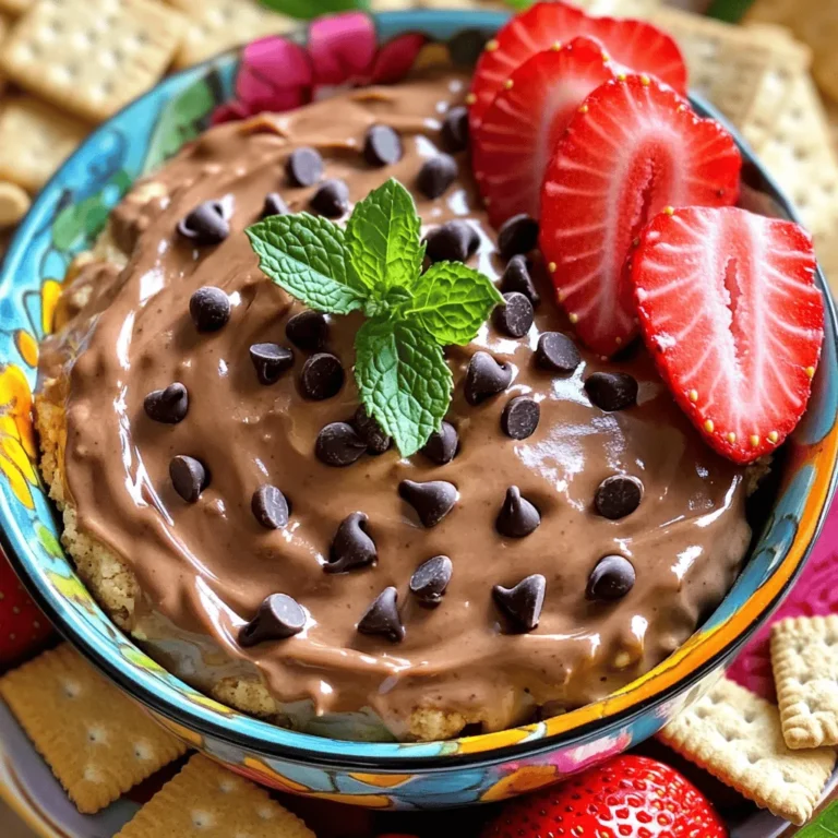 To make the best chocolate chip cookie dough dip, gather these items: - 1 cup all-purpose flour - 1 cup brown sugar, tightly packed - 1/2 cup granulated sugar - 1/2 cup unsalted butter, softened - 1 teaspoon pure vanilla extract - 1/4 teaspoon salt - 1 cup cream cheese, softened - 1/2 cup mini chocolate chips Choosing the right ingredients makes a big difference. Here are my top tips: - Butter: Always use unsalted butter for better control of salt levels. - Sugar: Use packed brown sugar for that rich, caramel taste. - Cream Cheese: Make sure it’s softened for easy mixing. - Flour: Opt for all-purpose flour, as it gives the best texture. Want to make your dip even better? Try these optional ingredients: - 1/4 cup chopped nuts for a crunchy texture. - 1/4 cup powdered sugar to sweeten the dip further. - A pinch of cinnamon can add warmth to the flavor. For the full recipe, check out the [Full Recipe]. To make the best chocolate chip cookie dough dip, start by gathering your ingredients. You will need flour, brown sugar, granulated sugar, butter, vanilla extract, salt, cream cheese, mini chocolate chips, and optional nuts or powdered sugar. 1. In a large bowl, beat the softened butter with brown and granulated sugar. Mix until it’s creamy and light. This takes around 3-4 minutes. 2. Add the vanilla extract and salt to the bowl. Make sure to mix them in well. 3. Slowly sift in the all-purpose flour. Gently fold it into the mixture. Don't overmix; keep it soft and fluffy. 4. In another bowl, whip the softened cream cheese until it’s smooth. There should be no lumps. 5. Combine the smooth cream cheese with the cookie dough mix. Blend gently until it's creamy and uniform. 6. Now fold in the mini chocolate chips and optional nuts. Make sure they are spread evenly. 7. If you like it sweeter, sprinkle in some powdered sugar and mix well. 8. Transfer the dip to a nice bowl. Cover it and chill in the fridge for at least 30 minutes. This helps the flavors blend better. To get the right texture, avoid overmixing at every step. Mix until ingredients are just combined. This keeps your dip light and creamy. Use a spatula to fold in chocolate chips gently. This ensures they stay whole and delicious. When you’re ready to serve, choose colorful dippers. I love using graham crackers, apple slices, strawberries, or pretzels. They add a fun twist to every bite. For a pretty touch, sprinkle extra mini chocolate chips on top. You can even add fresh mint leaves for a pop of color. This makes your dip look as good as it tastes! When making chocolate chip cookie dough dip, a few mistakes can happen. First, do not skip softening the butter and cream cheese. This step helps blend ingredients smoothly. Second, avoid overmixing the flour. If you mix too much, the dip can become tough. Lastly, don’t forget to chill your dip. Chilling it enhances the flavors and improves the texture. To get the best flavor, use fresh ingredients. Fresh butter and cream cheese make a big difference. I love using high-quality vanilla extract for a richer taste. Remember to fold in the chocolate chips gently. This way, they stay whole and add a nice bite. If you want extra sweetness, add a bit of powdered sugar at the end. Choosing the right dippers can make your dip even better. I suggest using graham crackers for a crunchy contrast. Fresh fruit like apples and strawberries adds a juicy touch. Pretzels are great too; they give a salty flavor that balances the sweet dip. Feel free to experiment with your favorite snacks. You can even try cookies or marshmallows for a fun twist! {{image_4}} You can change up the flavor of your chocolate chip cookie dough dip easily. Try adding peanut butter for a nutty twist. Just mix in half a cup of creamy peanut butter with the butter. You can also use different types of chocolate chips, like white or dark chocolate. For a fun surprise, add sprinkles or crushed candy bars to the mix. These small changes can make your dip unique and tasty. If you're looking for a healthier option, swap out some ingredients. Use almond flour or oat flour instead of all-purpose flour. This makes it gluten-free and adds a nutty flavor. You can also use coconut sugar instead of brown sugar for a lower glycemic index. For a lighter dip, replace cream cheese with Greek yogurt. It adds protein and keeps the creamy texture. These swaps make the dip healthier without losing taste. You can also add seasonal flavors to your dip. For fall, mix in pumpkin spice and a little pure pumpkin puree. This gives a cozy autumn vibe. In summer, add crushed fresh berries for a fruity touch. For winter, sprinkle in some crushed peppermint candies for a festive look. These seasonal twists keep your chocolate chip cookie dough dip fresh and exciting for every occasion. To keep your chocolate chip cookie dough dip fresh, store it in an airtight container. Make sure the lid is tight to keep out air. You can use glass or plastic containers. Avoid storing it in a bowl without covering it. This dip tastes best when chilled. You can freeze this dip for later use. First, place it in a freezer-safe container. Leave some space at the top for expansion. Label the container with the date. When you're ready to enjoy it, thaw the dip in the fridge overnight. After thawing, stir it well before serving. In the fridge, this dip lasts about five days. It may lose some flavor after a few days, so enjoy it fresh. If you notice any changes in smell or texture, it's best to toss it out. Always check before you dip! Yes, it is not safe to eat raw cookie dough. The main concern is raw flour. It can carry germs like E. coli. Always bake your dough or use heat-treated flour for safety. Yes, you can make this dip ahead of time. Just store it in the fridge. It stays fresh for about two to three days. This helps the flavors blend nicely. Some great dippers are: - Graham crackers - Pretzels - Fresh fruit slices (like apples or strawberries) - Vanilla wafers - Cookies These dippers pair well with the sweet dip. To make this dip gluten-free, swap all-purpose flour for gluten-free flour. Use a mix designed for baking. This change keeps the taste and texture delicious. Yes, you can add protein powder. It boosts nutrition without changing the taste much. Start with one scoop and adjust to your liking. This blog post covered everything you need to make cookie dough dip. We discussed the key ingredients, tips for choosing them, and ways to enhance the flavor. I shared clear steps to prepare it perfectly and serve it well. You learned common mistakes to avoid and how to pick the best dippers. Lastly, I provided storage tips and answered common questions. Now you're ready to enjoy this treat. Have fun making it and trying different flavors! Your great tasting dip awaits!