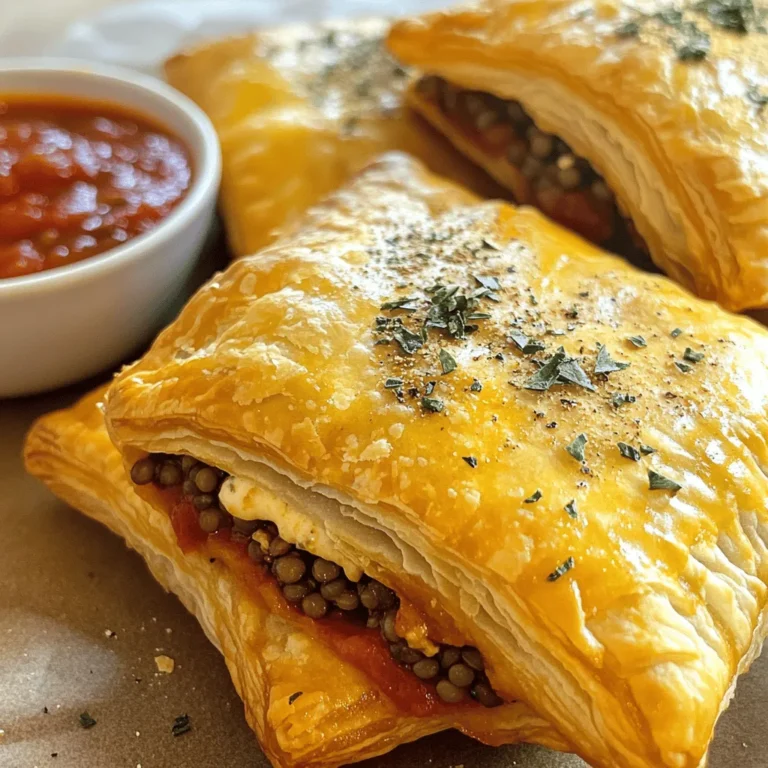 - 1 cup cooked and drained lentils - 1 cup shredded vegan mozzarella cheese - 1 package puff pastry sheets (thawed) - 1 tablespoon Italian seasoning - 1/4 cup nutritional yeast - 1/4 cup finely chopped onion - 2 cloves garlic, minced - Salt and pepper, to taste - 1/2 cup gluten-free breadcrumbs - Marinara sauce for dipping - 1 egg replacement (1 tablespoon ground flaxseed mixed with 3 tablespoons water) In this recipe, the cooked lentils serve as the base. They give the filling a hearty texture. The vegan mozzarella cheese melts beautifully and adds creaminess. Puff pastry sheets create a crispy outer layer. For the seasonings, Italian seasoning gives the filling its classic flavor. Nutritional yeast adds a cheesy, savory taste. Garlic and onion bring depth to the dish. Salt and pepper enhance all these flavors. If you want to make it gluten-free, swap regular breadcrumbs for gluten-free breadcrumbs. Marinara sauce is perfect for dipping. Plus, using an egg replacement helps to bind the filling together. If you want the full recipe with easy-to-follow steps, check out the [Full Recipe]. - Preheat oven to 400°F (200°C). - Prepare the baking sheet with parchment paper. - In a large bowl, combine cooked lentils, breadcrumbs, and spices. - Fold in the vegan cheese gently. - Roll out the puff pastry on a floured surface. Cut into 6x6 inch squares. - Spoon a tablespoon of the lentil mixture onto each square. - Fold the pastry over and crimp the edges with a fork. - Brush the tops with egg replacement glaze. - Bake in the oven for 20-25 minutes. Watch for a golden brown finish. These vegan meatball mozzarella hot pockets are quick to make and so tasty. Enjoy them warm with marinara sauce. For the full recipe, check the details above! To roll out puff pastry, keep it cold. This prevents it from sticking. Aim for a thickness of about 1/8 inch. Use a rolling pin and flour your surface lightly. If the dough tears, patch it with extra pastry. Add a pinch of crushed red pepper for heat. A splash of soy sauce can boost umami too. Adjust the filling’s moisture by adding more breadcrumbs if it feels wet. You want a thick mixture that holds together. Serve the hot pockets on a bright platter. Place a small bowl of marinara sauce in the center for dipping. Garnish with fresh basil leaves for added color. This makes the dish pop and look inviting. {{image_4}} You can spice things up with different flavors. - Spicy jalapeño vegan meatball pockets: Add chopped jalapeños to the lentil mix. This gives a kick! - Mediterranean-inspired pockets with sun-dried tomatoes: Mix in chopped sun-dried tomatoes and olives for a tangy twist. Some people need special diets. You can easily adjust this recipe. - Making it gluten-free: Use gluten-free puff pastry and breadcrumbs. This way, everyone can enjoy! - Low-carb versions: Swap puff pastry for zucchini slices or cauliflower dough. This cuts carbs but keeps flavor. Experiment with different ingredients to suit your taste. - Alternative protein sources: Try using chickpeas or quinoa instead of lentils. Both pack a tasty punch! - Using store-bought filling options: If you're short on time, grab a vegan meatball or cheese substitute from the store. It saves time and effort. For the complete recipe, check the Full Recipe section. To keep your vegan meatball mozzarella hot pockets fresh, store them in airtight containers. Make sure they are fully cooled before sealing. This helps prevent moisture build-up. Refrigerate them for up to three days. If you want to save them longer, you can freeze them. Place the hot pockets in a freezer-safe bag or container. This way, they stay fresh for up to three months. When you want to enjoy these hot pockets again, you can reheat them in different ways. For a crispy texture, use the oven. Preheat it to 350°F (175°C) and bake for 10-15 minutes. If you’re short on time, use the microwave. Heat on high for 1-2 minutes. But be careful; microwaving may make them a bit soft. For the best results, the oven is the way to go. Vegan meatball mozzarella hot pockets last about three days in the fridge. After that, they may lose their taste and texture. Always check for signs of spoilage. Look for changes in color or a sour smell. If you notice any of these, it’s best to throw them away. Keeping an eye on your food helps you stay safe and enjoy delicious meals. Yes, you can make these hot pockets ahead of time. This is great for busy days. To meal prep, follow these steps: - Prepare the filling and let it cool. - Assemble the hot pockets as directed. - Place them on a baking sheet and freeze for about an hour. - Once frozen, transfer them to an airtight container or freezer bag. - When ready to eat, bake them straight from the freezer. This way, you have a quick meal ready when you need it. These hot pockets pair well with various sides and drinks. Here are some ideas: - Fresh salad with a light vinaigrette. - Crispy sweet potato fries for a fun crunch. - A bowl of marinara sauce for dipping. - Sparkling water or iced tea to sip alongside. These sides add flavor and balance to your meal. If you need alternatives to puff pastry, you have options. Here are some ideas: - Use whole wheat dough for a healthier twist. - Try phyllo dough for a flaky texture. - Homemade biscuit dough works well too. - For gluten-free, look for pre-made gluten-free dough. These substitutes keep the recipe delicious while meeting dietary needs. You learned how to make Vegan Meatball Mozzarella Hot Pockets from this guide. You now know the key ingredients, the step-by-step process, and tips to enhance flavor. Don’t forget about the fun variations and storage methods to keep your pockets fresh. These easy hot pockets fit any meal or snack time. Enjoy exploring different flavors and sharing them with friends. Dive into this tasty vegan treat today!