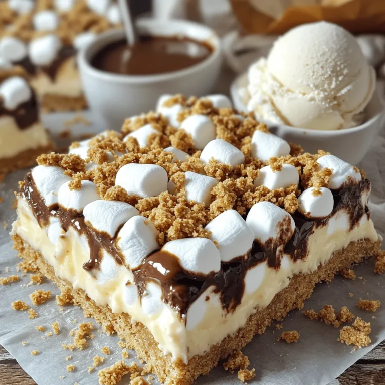 - 1 cup graham cracker crumbs - 1/2 cup unsalted butter, melted - 1/3 cup packed brown sugar - 1/4 cup granulated sugar - 1 cup all-purpose flour - 1 teaspoon baking powder - 1/4 teaspoon salt - 1 cup mini marshmallows - 1 cup milk chocolate chips - 1/2 cup crushed graham crackers (for topping) To create these oven-baked s'mores bars, you need a few simple ingredients. The base starts with graham cracker crumbs. These give the bars that classic s'mores taste. Next, melted butter helps bind everything together and adds richness. Brown sugar and granulated sugar provide sweetness and a slight caramel flavor. The all-purpose flour gives structure to the bars. Baking powder helps them rise just a bit. A touch of salt balances the sweetness. Mini marshmallows melt beautifully and create that gooey texture we all love. Milk chocolate chips add a creamy, rich taste. Finally, crushed graham crackers on top give a little crunch. - Different types of chocolate - Nut butters for additional flavor - Add-ins like walnuts or peanuts For those who want to switch things up, consider using dark chocolate or white chocolate. Nut butters like peanut or almond can add a unique twist. You can also mix in nuts for some crunch. Each of these options can enhance the bars and make them your own. For the full recipe and instructions, check out the [Full Recipe]. First, gather your tools. You will need an 8x8-inch baking dish, mixing bowls, and a spatula. Grease the baking dish with cooking spray. You can also line it with parchment paper. Lining helps you remove the bars easily later. In a large bowl, mix the graham cracker crumbs and melted butter. Add brown and granulated sugar. Stir until it feels like coarse wet sand. Next, sift in flour, baking powder, and salt. Mix until you have a soft, slightly sticky dough. This texture is key for great bars. Take half of the dough and press it into the bottom of the dish. This forms a solid crust. Sprinkle mini marshmallows evenly over the crust. Then, add a layer of milk chocolate chips on top. Use the remaining dough to crumble over the chocolate and marshmallows. This adds texture and balance. Finally, sprinkle crushed graham crackers on top for crunch. Set your oven to 350°F (175°C). Place the dish inside and bake for 20-25 minutes. Keep an eye on it. The top should turn golden brown. Marshmallows will look puffy and bubbly. When done, take it out and let it cool for 15 minutes. This helps the bars set and makes cutting easier. For the full recipe, check the details above. To bake perfect s'mores bars, focus on even baking. Spread the dough evenly in the dish. This helps the bars cook uniformly. Keep an eye on the baking time. The bars should turn golden brown. You can check for doneness by looking for puffy marshmallows. They should be bubbly too. After baking, let the bars cool for about 15 minutes. This cooling time helps them set and makes cutting easier. If you have leftover s'mores bars, store them in an airtight container. This keeps them fresh for up to five days. You can also freeze them for later. Cut the bars into pieces first. Wrap each piece in plastic wrap, then place them in a freezer-safe bag. They will stay good for about two months. To enjoy them later, thaw them in the fridge or at room temperature. Serving s'mores bars can be fun. For special occasions, warm them up and drizzle with chocolate sauce. You can also add extra mini marshmallows on top for a tasty look. Pair the bars with vanilla ice cream for a great contrast. You can even sprinkle some crushed graham crackers on the plate for extra flair. Get creative and let your guests enjoy the deliciousness! {{image_4}} You can easily change the flavor of your s'mores bars. Try using flavored chocolate like mint or orange. You can also use colored marshmallows for a fun look. Adding spices can make a big difference too. A dash of cinnamon gives warmth and depth. You can also add a splash of vanilla for extra sweetness. If you're looking for gluten-free options, swap the graham crackers for gluten-free ones. You can use almond flour or gluten-free flour blends for the crust. For a vegan version, replace the butter with coconut oil or vegan butter. Use dairy-free chocolate and skip the eggs entirely. These swaps keep your s'mores bars just as tasty while meeting dietary needs. Add fruits like bananas or strawberries for a fresh twist. You can slice them thin and layer them with the chocolate and marshmallows. Another fun idea is to turn these into s'mores cookies. Just scoop the dough onto a baking sheet and bake as cookies instead. Both options give your s'mores bars a delightful new spin. To keep your s'mores bars fresh in the fridge, let them cool completely first. After cooling, cut them into squares. Place them in an airtight container. This helps keep them moist. You can enjoy them for up to five days. For freezing, wrap each bar in plastic wrap. Then, place them in a freezer bag. This method prevents freezer burn. You can store them for up to three months. When you are ready to eat, let them thaw in the fridge. Reheat them in the oven at 350°F for about 10 minutes. They will taste fresh and warm again. Check for any changes in color or texture. If the bars feel dry or hard, they may be bad. A weird smell is another sign of spoilage. If you notice any mold, throw them away immediately. Always trust your senses to guide you. Yes, you can make these s'mores bars ahead of time. To do this, bake them as the recipe states. Let them cool completely. Then, cover the dish tightly with plastic wrap. Store it in the fridge for up to three days. When you want to serve, you can warm them in the oven for a few minutes. This will bring back that warm, gooey texture. If you don’t have graham crackers, don’t worry! You can use digestive biscuits or vanilla wafers. Both options work well for the crust. You can also try crushed cookies like Oreos for a fun twist. Just make sure to adjust the sugar if your substitute is sweet. To make gluten-free s'mores bars, swap out the all-purpose flour for a gluten-free blend. Look for blends that include starches and flours like rice or almond. For the graham crackers, use gluten-free versions available at most stores. This way, you can enjoy the treat without gluten. To cut the bars cleanly, use a sharp knife. First, let the bars cool for about 15 minutes. This will help them set. Then, dip your knife in warm water before cutting. Wipe it dry between cuts to avoid crumbling. This method gives you neat slices. Yes, you can customize the chocolate! Use dark chocolate or even white chocolate for a different taste. If you want a richer flavor, try using chocolate bars instead of chips. Just keep in mind that different chocolates melt at different rates. Adjust your baking time if needed. For best results, use chocolate that is 60% cocoa or less for a smooth melt. For the full recipe, check the detailed instructions above. Enjoy your baking! These s'mores bars combine basic ingredients like graham crackers and chocolate. You learned step-by-step how to prep, mix, and bake them. I shared tips for the best results and ways to store them. Customizing the flavors can turn your bars into something really special. Try different chocolates or even fruits to explore new tastes. Enjoy making these easy treats for fun gatherings or cozy nights at home. Simple recipes like this bring joy to every kitchen. Happy baking!
