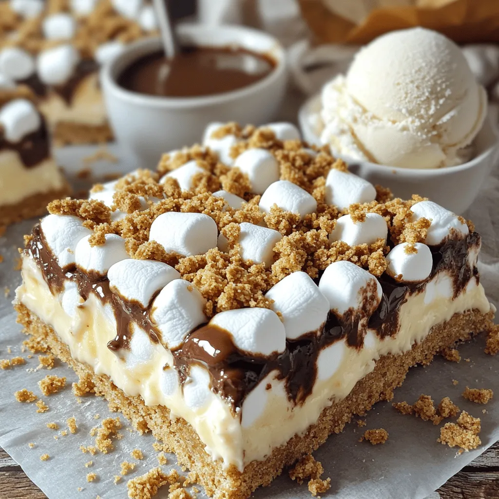 - 1 cup graham cracker crumbs - 1/2 cup unsalted butter, melted - 1/3 cup packed brown sugar - 1/4 cup granulated sugar - 1 cup all-purpose flour - 1 teaspoon baking powder - 1/4 teaspoon salt - 1 cup mini marshmallows - 1 cup milk chocolate chips - 1/2 cup crushed graham crackers (for topping) To create these oven-baked s'mores bars, you need a few simple ingredients. The base starts with graham cracker crumbs. These give the bars that classic s'mores taste. Next, melted butter helps bind everything together and adds richness. Brown sugar and granulated sugar provide sweetness and a slight caramel flavor. The all-purpose flour gives structure to the bars. Baking powder helps them rise just a bit. A touch of salt balances the sweetness. Mini marshmallows melt beautifully and create that gooey texture we all love. Milk chocolate chips add a creamy, rich taste. Finally, crushed graham crackers on top give a little crunch. - Different types of chocolate - Nut butters for additional flavor - Add-ins like walnuts or peanuts For those who want to switch things up, consider using dark chocolate or white chocolate. Nut butters like peanut or almond can add a unique twist. You can also mix in nuts for some crunch. Each of these options can enhance the bars and make them your own. For the full recipe and instructions, check out the [Full Recipe]. First, gather your tools. You will need an 8x8-inch baking dish, mixing bowls, and a spatula. Grease the baking dish with cooking spray. You can also line it with parchment paper. Lining helps you remove the bars easily later. In a large bowl, mix the graham cracker crumbs and melted butter. Add brown and granulated sugar. Stir until it feels like coarse wet sand. Next, sift in flour, baking powder, and salt. Mix until you have a soft, slightly sticky dough. This texture is key for great bars. Take half of the dough and press it into the bottom of the dish. This forms a solid crust. Sprinkle mini marshmallows evenly over the crust. Then, add a layer of milk chocolate chips on top. Use the remaining dough to crumble over the chocolate and marshmallows. This adds texture and balance. Finally, sprinkle crushed graham crackers on top for crunch. Set your oven to 350°F (175°C). Place the dish inside and bake for 20-25 minutes. Keep an eye on it. The top should turn golden brown. Marshmallows will look puffy and bubbly. When done, take it out and let it cool for 15 minutes. This helps the bars set and makes cutting easier. For the full recipe, check the details above. To bake perfect s'mores bars, focus on even baking. Spread the dough evenly in the dish. This helps the bars cook uniformly. Keep an eye on the baking time. The bars should turn golden brown. You can check for doneness by looking for puffy marshmallows. They should be bubbly too. After baking, let the bars cool for about 15 minutes. This cooling time helps them set and makes cutting easier. If you have leftover s'mores bars, store them in an airtight container. This keeps them fresh for up to five days. You can also freeze them for later. Cut the bars into pieces first. Wrap each piece in plastic wrap, then place them in a freezer-safe bag. They will stay good for about two months. To enjoy them later, thaw them in the fridge or at room temperature. Serving s'mores bars can be fun. For special occasions, warm them up and drizzle with chocolate sauce. You can also add extra mini marshmallows on top for a tasty look. Pair the bars with vanilla ice cream for a great contrast. You can even sprinkle some crushed graham crackers on the plate for extra flair. Get creative and let your guests enjoy the deliciousness! {{image_4}} You can easily change the flavor of your s'mores bars. Try using flavored chocolate like mint or orange. You can also use colored marshmallows for a fun look. Adding spices can make a big difference too. A dash of cinnamon gives warmth and depth. You can also add a splash of vanilla for extra sweetness. If you're looking for gluten-free options, swap the graham crackers for gluten-free ones. You can use almond flour or gluten-free flour blends for the crust. For a vegan version, replace the butter with coconut oil or vegan butter. Use dairy-free chocolate and skip the eggs entirely. These swaps keep your s'mores bars just as tasty while meeting dietary needs. Add fruits like bananas or strawberries for a fresh twist. You can slice them thin and layer them with the chocolate and marshmallows. Another fun idea is to turn these into s'mores cookies. Just scoop the dough onto a baking sheet and bake as cookies instead. Both options give your s'mores bars a delightful new spin. To keep your s'mores bars fresh in the fridge, let them cool completely first. After cooling, cut them into squares. Place them in an airtight container. This helps keep them moist. You can enjoy them for up to five days. For freezing, wrap each bar in plastic wrap. Then, place them in a freezer bag. This method prevents freezer burn. You can store them for up to three months. When you are ready to eat, let them thaw in the fridge. Reheat them in the oven at 350°F for about 10 minutes. They will taste fresh and warm again. Check for any changes in color or texture. If the bars feel dry or hard, they may be bad. A weird smell is another sign of spoilage. If you notice any mold, throw them away immediately. Always trust your senses to guide you. Yes, you can make these s'mores bars ahead of time. To do this, bake them as the recipe states. Let them cool completely. Then, cover the dish tightly with plastic wrap. Store it in the fridge for up to three days. When you want to serve, you can warm them in the oven for a few minutes. This will bring back that warm, gooey texture. If you don’t have graham crackers, don’t worry! You can use digestive biscuits or vanilla wafers. Both options work well for the crust. You can also try crushed cookies like Oreos for a fun twist. Just make sure to adjust the sugar if your substitute is sweet. To make gluten-free s'mores bars, swap out the all-purpose flour for a gluten-free blend. Look for blends that include starches and flours like rice or almond. For the graham crackers, use gluten-free versions available at most stores. This way, you can enjoy the treat without gluten. To cut the bars cleanly, use a sharp knife. First, let the bars cool for about 15 minutes. This will help them set. Then, dip your knife in warm water before cutting. Wipe it dry between cuts to avoid crumbling. This method gives you neat slices. Yes, you can customize the chocolate! Use dark chocolate or even white chocolate for a different taste. If you want a richer flavor, try using chocolate bars instead of chips. Just keep in mind that different chocolates melt at different rates. Adjust your baking time if needed. For best results, use chocolate that is 60% cocoa or less for a smooth melt. For the full recipe, check the detailed instructions above. Enjoy your baking! These s'mores bars combine basic ingredients like graham crackers and chocolate. You learned step-by-step how to prep, mix, and bake them. I shared tips for the best results and ways to store them. Customizing the flavors can turn your bars into something really special. Try different chocolates or even fruits to explore new tastes. Enjoy making these easy treats for fun gatherings or cozy nights at home. Simple recipes like this bring joy to every kitchen. Happy baking!