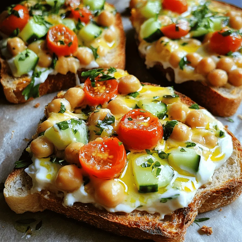 - 1 can (15 oz) chickpeas, drained and rinsed - 1/4 cup plain Greek yogurt - 1 tablespoon mayonnaise - 1 tablespoon Dijon mustard - 1/4 cup red onion, finely chopped - 1/4 cup cucumber, diced - 1/2 cup cherry tomatoes, halved - 1 tablespoon fresh dill, chopped (or 1 teaspoon dried dill) - Salt and freshly cracked black pepper - 4 slices whole grain bread - 1 cup shredded cheese (mozzarella or cheddar) - Olive oil for drizzling When you make Chickpea Salad Melts, each ingredient plays a key role. I love using chickpeas as the base. They add protein and fiber. They also have a great texture. Rinse them well to remove any canning liquid. This keeps the salad fresh. Next, I add Greek yogurt and mayonnaise. They give the dish creaminess. The yogurt adds a nice tang. I use Dijon mustard for a little kick. It lifts the flavors. For veggies, I chop red onion, cucumber, and cherry tomatoes. The red onion adds sharpness. The cucumber gives crunch. Cherry tomatoes bring sweetness. Fresh dill makes it even better. I often use it to brighten the taste. I choose whole grain bread for a hearty base. It holds up well to the salad. Lastly, I top the melts with shredded cheese. Mozzarella is my go-to for melting. Cheddar is great too. A drizzle of olive oil helps the bread crisp up nicely. All these ingredients come together to create a crunchy and flavorful delight. You can find the full recipe to make these delicious melts. To start making the chickpea salad, you need to mash the chickpeas. I like to use a fork for this. You want them to be slightly chunky. This gives the salad a nice texture. Next, add the Greek yogurt, mayonnaise, and Dijon mustard into the bowl. These ingredients add creaminess and a tangy kick. Then, it's time to mix in the diced veggies. I add red onion for sharpness, cucumber for crunch, and halved cherry tomatoes for sweetness. Finally, season the salad with salt and freshly cracked black pepper. Stir everything together until it is well combined. This step lets the flavors blend perfectly. Now let’s toast the bread. First, preheat your broiler to high. This will help us get that nice golden crust. On a baking sheet, lay out the slices of whole grain bread. Drizzle olive oil on top. This adds flavor and helps the bread crisp up. Place the baking sheet under the broiler. Toast the bread for about 2-3 minutes. Keep an eye on it! You want it golden brown, not burnt. With the bread toasted, it’s time to assemble the melts. Take the chickpea salad mixture and spoon it onto each slice of bread. Make sure to spread it evenly. Next, top each slice with shredded cheese. I recommend using mozzarella or cheddar for the best melt. Now, return the baking sheet to the broiler. Broil the melts for about 2-4 minutes. You want the cheese to be melted and bubbly. Keep watching closely to avoid burning. After that, let the Chickpea Salad Melts cool for a minute before serving. This helps avoid burning your mouth on hot cheese. Enjoy your crunchy and flavorful delight! To make the best chickpea salad, start by mashing the chickpeas. Use a fork and mash them until they are slightly chunky. Leave some whole chickpeas for texture. This mix gives the salad a great feel. Next, focus on flavor. Add Greek yogurt, mayonnaise, and Dijon mustard for creaminess and tang. Then, mix in finely chopped red onion, diced cucumber, and halved cherry tomatoes. Fresh dill adds a herby note. Don't forget to season with salt and cracked black pepper. Taste as you go to balance the flavors. For a perfect melt, choose cheese that melts well, like mozzarella or cheddar. These cheeses give a nice stretch and flavor. Spread the shredded cheese evenly on top of the salad mixture. When broiling, keep an eye on the cheese. It can burn quickly. Broil until the cheese is bubbling and golden brown, which usually takes 2-4 minutes. This step makes the melts truly delicious. Serve the chickpea salad melts on a wooden cutting board for a rustic look. This presentation makes the dish pop. Garnish with a sprinkle of fresh dill to add color. Pair the melts with a side of mixed greens. This adds freshness and crunch to your meal. You can also serve them with veggie sticks or a light soup for a full meal. Enjoy these tasty treats with friends or family! {{image_4}} You can switch up the main beans or legumes in this dish. For example, try black beans or kidney beans instead of chickpeas. This change can give you a new taste and texture. Each bean brings its own flavor, making it fun to experiment. If you want a vegetarian alternative for mayonnaise, consider using avocado or hummus. Both options add creaminess and keep the dish light. You can also use silken tofu blended until smooth for a unique twist. To make your Chickpea Salad Melts even better, add herbs and spices. Fresh parsley, cilantro, or chives can bring bright flavors. A pinch of smoked paprika can add a subtle smokiness. Don't be shy; try adding your favorite herbs! When it comes to cheese, you can choose different types for various tastes. Creamy goat cheese offers a tangy kick. For a stronger flavor, use feta or blue cheese. Each cheese can change the whole vibe of your melts. If you follow a gluten-free diet, use gluten-free bread. Many brands offer tasty options that work well in this recipe. Just check the label to ensure it meets your needs. For vegan variations, swap out the Greek yogurt and cheese. Use a vegan yogurt for creaminess and a plant-based cheese that melts well. Nutritional yeast can also add a cheesy flavor without dairy. These swaps keep your dish delicious while fitting your diet. For the full recipe, check back to gather all these tips into one tasty dish! To keep your Chickpea Salad Melts fresh, follow these steps: - Let the melts cool to room temperature. - Place them in an airtight container. - Store in the fridge for up to three days. Using glass containers works best. They help keep flavors intact. If you have extra chickpea salad left, store it in a separate container. This way, it stays fresh longer. Reheating your Chickpea Salad Melts can be easy while keeping the texture. Here are some methods: - Oven: Preheat your oven to 350°F (175°C). Place the melts on a baking sheet. Heat for about 10 minutes or until warm. - Microwave: If you're in a hurry, use the microwave. Heat for 30 seconds, check, then heat in 15-second bursts until warm. When using the oven, it helps to cover the melts with foil. This keeps them from drying out. For the microwave, make sure to eat them quickly. They can get soggy if left too long. Enjoy your tasty leftovers! Yes, you can prepare the chickpea salad mix a day in advance. Store it in an airtight container in the fridge. Keep the salad and bread separate until you are ready to bake. This keeps the bread from getting soggy. When you are ready to serve, toast the bread and add the salad mix on top. Broil until the cheese melts for a fresh taste. Freezing is not the best option for Chickpea Salad Melts. The bread can become soggy when thawed. If you still want to freeze, do it without the bread. Place the salad mix in a freezer-safe container. Thaw it in the fridge overnight before using. You can make fresh toast when ready to serve. You can get creative with toppings! Here are some great ideas: - Avocado slices for creaminess - Fresh spinach for added crunch - Pickles for a tangy kick - Hot sauce for some heat - Crushed red pepper flakes for extra spice These toppings can change the flavor and make your melts even more delicious! Chickpea Salad Melts combine simple, nutritious ingredients for a tasty meal. You learned how to prepare the salad, toast the bread, and assemble the melts. Along with helpful tips on variations and storage, this recipe fits many diets. You can easily customize it with other ingredients or flavors. Enjoy this nutritious dish with your favorite sides. Try it today, and share it with your loved ones!