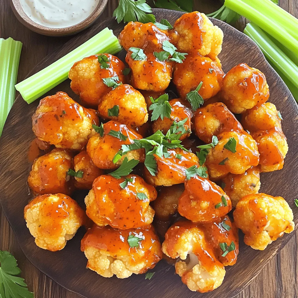 Creating Buffalo Cauliflower Bites starts with gathering the right ingredients. Here’s what you’ll need: - 1 large head of cauliflower, cut into bite-sized florets - 1 cup all-purpose flour - 1 teaspoon garlic powder - 1 teaspoon onion powder - 1 teaspoon smoked paprika - 1 cup water or plant-based milk (like almond or oat milk) - 1 cup buffalo sauce (adjust spiciness to your taste) - 2 tablespoons olive oil - Salt and black pepper to taste - Fresh parsley, finely chopped (for garnish) - Optional: Celery sticks and ranch or blue cheese dressing for serving These ingredients create a tasty snack packed with flavor. The cauliflower acts as the perfect base, while the batter adds texture and crunch. The buffalo sauce gives it that spicy kick we all love. For a fun twist, serve it with celery sticks and your favorite dipping sauce. You can find the complete preparation details in the Full Recipe above. 1. Preheat your oven to 450°F (230°C). This helps the bites get crispy. 2. Line a baking sheet with parchment paper. This prevents sticking and makes cleanup easy. 3. In a large bowl, mix all-purpose flour, garlic powder, onion powder, smoked paprika, salt, and black pepper. Whisk until combined. 4. Slowly add water or plant-based milk to the dry mix. Stir until the batter is smooth and thick enough. 1. Take each cauliflower floret and dip it into the batter. Make sure each piece is fully coated. 2. Place the battered florets on the prepared baking sheet. Leave space between them for even baking. 1. Bake the cauliflower bites in the oven for about 20 minutes. They should turn golden and crispy. 2. While they bake, mix buffalo sauce with olive oil in a bowl. Adjust the spice level to your taste. 3. After 20 minutes, take the bites out of the oven. Drizzle the buffalo sauce mixture over them. Toss gently to coat. 4. Put the bites back in the oven for an extra 10 minutes. This helps the sauce stick and makes them crispier. 5. Once baked, let them cool a bit. Sprinkle fresh parsley over the top for color and flavor. This recipe gives you flavorful Buffalo Cauliflower Bites that are fun to eat. To make your Buffalo Cauliflower Bites crispy, here are a few key steps: - Use high heat: Baking at 450°F (230°C) ensures a crunchy outside. - Don't overcrowd the pan: Give each floret space on the baking sheet. This allows hot air to circulate around them. - Flip halfway: Turn the cauliflower halfway through baking for even crispiness. If you want to adjust the sauce's spice level, follow these tips: - Start with mild sauce: Use a less spicy buffalo sauce if you prefer mild heat. - Add extras: Mix in honey or maple syrup for sweetness to balance the heat. - Serve with cooling dips: Ranch or blue cheese dressing can help tone down the spice. When serving Buffalo Cauliflower Bites, consider these dips: - Ranch dressing: A classic choice, it adds creaminess. - Blue cheese dressing: Perfect for those who love bold flavors. - Guacamole: A fresh, creamy option that adds a fun twist. For creative plating ideas, try these: - Use a large platter: Arrange the bites in a circle with dips in the center. - Add garnishes: Fresh parsley and celery sticks make a colorful display. - Serve in mini cups: This adds a fun touch and makes for easy snacking. For the full recipe, check out the detailed steps above. {{image_4}} You can mix up the flavors of your cauliflower bites easily. Instead of buffalo sauce, try teriyaki or BBQ sauce. Both add a sweet twist. You can also use hot honey for a spicy-sweet treat. For those who follow a vegan or gluten-free diet, use almond flour instead of regular flour. You can swap the buffalo sauce for a gluten-free version to keep it safe for all diets. Buffalo cauliflower bites make a great appetizer or a fun main dish. When serving as an appetizer, pair them with celery sticks and a side of ranch or blue cheese dressing. If you want to make it a meal, serve the bites with a fresh salad, like a simple green salad or coleslaw. This adds a nice crunch and balances the heat. You can even serve them with rice or quinoa for a hearty dish. Check the full recipe for more ideas! After enjoying your Buffalo Cauliflower Bites, store any leftovers in an airtight container. This keeps them fresh and tasty. Place the container in the fridge. They will stay good for about 3-5 days. When reheating, use the oven for the best results. Preheat it to 350°F (175°C). Place the bites on a baking sheet. Heat them for about 10-15 minutes. This method helps keep them crispy. You can also use an air fryer for quick reheating. Set it to 350°F (175°C) and cook for about 5-7 minutes. Yes, you can freeze Buffalo Cauliflower Bites! This is a great way to save some for later. First, let the bites cool completely after cooking. Then, place them in a single layer on a baking sheet. Freeze them for about an hour. This prevents them from sticking together. After they freeze, transfer the bites to a freezer-safe bag. Make sure to remove as much air as possible. They can stay in the freezer for up to 2 months. To reheat, take them out of the freezer. There is no need to thaw. Preheat your oven to 400°F (200°C). Bake the frozen bites for about 15-20 minutes. Keep an eye on them until they are hot and crispy again. Enjoy your tasty snack anytime! For the full recipe, refer back to the original instructions. Yes, you can make Buffalo Cauliflower Bites ahead of time. Prepare the bites and bake them as directed. Once baked, let them cool completely. Store them in an airtight container in the fridge for up to three days. When ready to eat, reheat them in the oven for about 10 minutes at 350°F (175°C). Reheating restores their crispiness. If you want to try something different, you can use broccoli florets. Broccoli gives a nice crunch and flavor. Another option is chickpeas. They offer a hearty texture and absorb the sauce well. Both choices add fun twists to this recipe. To make this recipe spicier, add more buffalo sauce or include hot sauce in the batter. You can also use a spicy buffalo sauce. If you prefer it milder, use less buffalo sauce and mix in a bit of honey or maple syrup. This balances the heat with sweetness. Adjust to your taste for the perfect bite! Buffalo Cauliflower Bites are simple to make and tasty. We covered the key ingredients, from the batter to the sauce. I shared steps for preparation, coating, and baking. You learned tips for crispiness and how to serve them well. We also explored fun variations and how to store leftovers. Experiment with flavors or try new sauces to keep it exciting. Enjoy creating this dish and impress your friends!